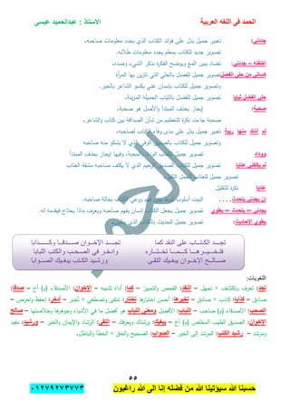 ‫الحمد‬‫العربٌة‬ ‫اللؽه‬ ‫فى‬‫عٌسى‬ ‫عبدالحمٌد‬ : ‫االستاذ‬
٘٘
‫راؼبون‬ ‫هللا‬ ‫الى‬ ‫إنا‬ ‫فضله‬ ‫من‬ ‫هللا‬ ‫سٌإتٌنا‬ ‫هللا‬ ‫حسبنا‬ٕٓٔ17ٕ1ٖ11ٖ
ً‫جددن‬:‫صاحبو‬ ‫معمومات‬ ‫يجدد‬ ‫الذي‬ ‫الكتاب‬ ‫ائد‬‫و‬‫ف‬ ‫عمى‬ ‫يدل‬ ‫جميل‬ ‫تعبير‬.
‫تصو‬.‫طبلبو‬ ‫معمومات‬ ‫يجدد‬ ‫بمعمم‬ ‫لمكتاب‬ ‫جديد‬ ‫ير‬
‫أخلفته‬–ً‫جددن‬:‫وضده‬ ‫الشيء‬ ‫بذكر‬ ‫ة‬‫ر‬‫الفك‬ ‫ويوضح‬ ‫المع‬ ‫يبين‬ ‫تضاد‬.
‫الفضل‬ ‫حلى‬ ‫من‬ ً‫كسان‬‫أة‬‫ر‬‫الم‬ ‫بيا‬ ‫ين‬‫ز‬‫تت‬ ‫التي‬ ‫بالحمي‬ ‫لمفضل‬ ‫جميل‬ ‫تصوير‬
.‫بالخير‬ ‫الشاعر‬ ‫يكسو‬ ‫غني‬ ‫بإنسان‬ ‫لمكتاب‬ ‫جميل‬ ‫وتصوير‬
‫ثٌاٌا‬ ‫الفضل‬ ً‫حل‬‫بال‬ ‫لمفضل‬ ‫جميل‬ ‫تصوير‬‫ينة‬‫ز‬‫الم‬ ‫الجميمة‬ ‫ثياب‬.
‫صحبة‬:‫صحبة‬ ‫ىو‬ ‫األصل‬‫و‬ ‫المبتدأ‬ ‫بحذف‬ ‫إيجاز‬.
‫الشاعر‬‫و‬ ‫كتاب‬ ‫بين‬ ‫الصداقة‬ ‫شأن‬ ‫من‬ ‫لمتعظيم‬ ‫ة‬‫ر‬‫نك‬ ‫جاءت‬ ‫صحبة‬.
‫لم‬‫أشك‬‫منها‬‫رٌبة‬‫لصاحبو‬ ‫الكتاب‬ ‫وفاء‬ ‫مدى‬ ‫عمى‬ ‫يدل‬ ‫جميل‬ ‫تعبير‬.
‫صاحبو‬ ‫منو‬ ‫يشكو‬ ‫ال‬ ‫الذي‬ ‫الوفي‬ ‫بالصديق‬ ‫لمكتاب‬ ‫جميل‬ ‫وتصوير‬
‫ووداد‬‫تصوي‬‫المبتدأ‬ ‫بحذف‬ ‫إيجاز‬ ‫وفييا‬ ،‫المحبة‬‫و‬ ‫الوداد‬ ‫لمكتاب‬ ‫جميل‬ ‫ر‬
‫عتابا‬ ً‫ٌكلفن‬ ‫لم‬‫العتاب‬ ‫مشقة‬ ‫صاحبو‬ ‫يكمف‬ ‫ال‬ ‫الذي‬ ‫الرحيم‬ ‫الصديق‬ ‫لمكتاب‬ ‫جميل‬ ‫تصوير‬
‫الثقيل‬ ‫الحمل‬ ‫لمعتاب‬ ‫جميل‬ ‫تصوير‬.
‫عتابا‬‫لمتقميل‬ ‫ة‬‫ر‬‫نك‬
‫ٌتحدث‬ ً‫ٌجدن‬ ‫إن‬.....‫صاحبو‬ ‫بحالة‬ ‫الكتاب‬ ‫ووعي‬ ‫فيم‬ ‫يبين‬ ‫شرط‬ ‫أسموب‬ ‫البيت‬
ً‫ٌجدن‬–‫ٌتحدث‬–‫ٌطوي‬.‫لو‬ ‫فيقدمو‬ ‫يحتاج‬ ‫ماذا‬ ‫ويعرف‬ ‫صاحبو‬ ‫يفيم‬ ‫إنسان‬ ‫الكتاب‬ ‫يجعل‬ ‫جميل‬ ‫تصوير‬
‫األحادٌث‬ ‫ٌطوي‬:‫يطوي‬ ‫الذي‬ ‫بالكتاب‬ ‫لمحديث‬ ‫جميل‬ ‫تصوير‬.
:‫اللغىياث‬
‫تجد‬:‫وتكتشف‬ ‫تعرف‬×‫تجيل‬–‫النقد‬:‫التمييز‬‫و‬ ‫الفحص‬–‫كما‬:‫تشبيو‬ ‫أداة‬–‫اإلخوان‬:‫أخ‬ )‫(م‬ ‫األصدقاء‬–‫صدقا‬:
‫صادق‬–‫كذابا‬:‫كاذب‬×‫صادق‬–‫تخٌرها‬‫ىا‬‫اختيار‬ ‫أحسن‬ :‫تختار‬:‫وتصطفي‬ ‫تنتقى‬×‫ر‬َ‫جب‬ُ‫ت‬–‫أدخر‬:‫احرص‬‫و‬ ‫احفظ‬–
‫الصحب‬:‫صاحب‬ )‫(م‬ ‫األصدقاء‬–‫اللباب‬:‫األفضل‬‫اللباب‬ ‫ومعنى‬‫وخبلصتيا‬ ‫ىا‬‫وجوىر‬ ‫األشياء‬ ‫في‬ ‫ما‬ ‫أفضل‬ ‫ىو‬–‫صالح‬
‫اإلخوان‬:‫أخ‬ )‫(م‬ ‫المخمص‬ ‫الطيب‬ ‫الصديق‬–‫ٌبؽٌك‬:‫يرشد‬‫فك‬‫ر‬‫ويع‬ ‫ك‬–‫التقى‬:‫الخير‬‫و‬ ‫اإليمان‬‫و‬ ‫الرشاد‬–‫ورشٌد‬:‫مفيد‬
‫ومرشد‬–‫الكتب‬ ‫رشٌد‬:‫الخير‬ ‫إلى‬ ‫المرشد‬–‫الصواب‬:‫الحق‬‫و‬ ‫الصحيح‬×‫الباطل‬‫و‬ ‫الخطأ‬.
‫الكـت‬ ‫تجـــد‬‫كما‬ ‫النقد‬ ‫على‬ ‫ــاب‬‫وكــــــذابا‬ ‫صـــدقــا‬ ‫اإلخــوان‬ ‫تجــــد‬
‫تخــتــاره‬ ‫كـــمـــا‬ ‫فتـخـــٌــرهـــا‬‫اللبابا‬ ‫والكتب‬ ‫الصـحـب‬ ً‫ف‬ ‫وادخـر‬
‫التقـى‬ ‫ٌبغـٌك‬ ‫اإلخــوان‬ ‫صــالــح‬‫الصــوابا‬ ‫ٌبغـٌك‬ ‫الكـتب‬ ‫ورشـٌد‬
 