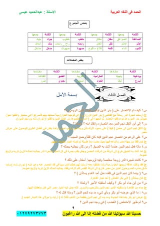 ‫الحمد‬‫العربٌة‬ ‫اللؽه‬ ‫فى‬‫عٌسى‬ ‫عبدالحمٌد‬ : ‫االستاذ‬
7
‫راؼبون‬ ‫هللا‬ ‫الى‬ ‫إنا‬ ‫فضله‬ ‫من‬ ‫هللا‬ ‫سٌإتٌنا‬ ‫هللا‬ ‫حسبنا‬ٕٓٔ17ٕ1ٖ11ٖ
‫الكلمة‬‫الكلمة‬‫جمعها‬‫جمعها‬‫الكلمة‬‫الكلمة‬‫جمعها‬‫جمعها‬‫الكلمة‬‫الكلمة‬‫جمعها‬‫جمعها‬‫الكلمة‬‫الكلمة‬‫جمعها‬‫جمعها‬
‫الصاعقة‬‫الصواعق‬‫مقتل‬‫مقاتل‬‫خطب‬‫خطوب‬‫جواد‬‫جٌاد‬
‫اإلثم‬‫اإلثام‬‫ثقل‬‫أثقال‬‫راحته‬‫راحات‬ _ ‫راح‬‫ملك‬‫أمالك‬
‫اللدود‬‫الداء‬‫قلعة‬‫قالع‬–‫ق‬‫لوع‬‫صهوة‬‫صهوات‬‫مدخل‬‫مداخل‬
‫المضادات‬ ‫بعض‬
‫الكلمة‬‫الكلمة‬‫مضادها‬‫مضادها‬‫الكلمة‬‫الكلمة‬‫مضادها‬‫مضادها‬‫الكلمة‬‫الكلمة‬‫مضادها‬‫مضادها‬
‫بودعبنا‬‫ٌنجٌنا‬‫المترامٌة‬‫القرٌبة‬‫الطمع‬‫القناعة‬
‫أسرع‬‫أبطؤ‬‫اللدود‬‫المحب‬‫جدوي‬‫ضرر‬
‫ال‬ ‫الفصل‬‫ال‬ ‫الفصل‬‫ثالث‬‫ثالث‬
‫س‬‫س‬ٔٔ‫؟‬ ) ً‫الروم‬ ‫الدٌن‬ ‫وغٌاث‬ ‫لإلإ‬ ‫الدٌن‬ ‫بدر‬ ( ‫على‬ ‫االنتصار‬ ‫تم‬ ‫كٌف‬‫؟‬ ) ً‫الروم‬ ‫الدٌن‬ ‫وغٌاث‬ ‫لإلإ‬ ‫الدٌن‬ ‫بدر‬ ( ‫على‬ ‫االنتصار‬ ‫تم‬ ‫كٌف‬
‫حدول‬ ‫والتفدوا‬ ‫سدنجار‬ ‫إلدى‬ ‫فؤسدرعوا‬ ‫بهدم‬ ‫نسدتجد‬ ‫الخوارزمٌدة‬ ‫قومهدا‬ ‫إلى‬ ) ‫الزرزاري‬ ‫الدٌن‬ ‫بدر‬ ( ً‫القاض‬ ‫مع‬ ‫رسالة‬ ‫الدر‬ ‫شجرة‬ ‫أرسلت‬ )‫ج‬
‫وخلصوها‬ ) ‫أمد‬ ( ‫إلى‬ ‫اتجهوا‬ ‫ثم‬ ‫الحصار‬ ‫وفكوا‬ ‫وهزموه‬ ‫الدٌن‬ ‫بدر‬ ‫جٌوش‬.) ‫الدٌن‬ ‫نجم‬ ‫بن‬ ‫شاه‬ ‫توران‬ ( ‫وأنقذوا‬ ‫الدٌن‬ ‫ؼٌاث‬ ‫من‬
‫س‬‫س‬ٕٕ‫؟‬ ‫ولماذا‬ ‫؟‬ ‫ابنه‬ ‫وإنقاذ‬ ‫انتصاره‬ ‫بعد‬ ‫الدٌن‬ ‫نجم‬ ‫أتنقل‬ ‫أٌن‬ ‫إلى‬‫؟‬ ‫ولماذا‬ ‫؟‬ ‫ابنه‬ ‫وإنقاذ‬ ‫انتصاره‬ ‫بعد‬ ‫الدٌن‬ ‫نجم‬ ‫أتنقل‬ ‫أٌن‬ ‫إلى‬
‫عدرش‬ ‫علدى‬ ‫للوصدول‬ ‫الطدرق‬ ‫أفضدل‬ ً‫فد‬ ‫ٌفكدر‬ ‫وأخدذ‬ ‫أمدوره‬ ‫ترتٌدب‬ ً‫فد‬ ‫وبددأ‬ ‫التركسدتان‬ ‫حددود‬ ‫علدى‬ ) ‫كٌفا‬ ( ‫حصن‬ ‫إلى‬ ‫الدٌن‬ ‫نجم‬ ‫أنتقل‬ )‫ج‬
.‫مصر‬
‫س‬‫س‬ٖٖ‫نج‬ ‫انتصار‬ ‫من‬ ‫الرغم‬ ‫على‬‫نج‬ ‫انتصار‬ ‫من‬ ‫الرغم‬ ‫على‬‫؟‬ ‫السبب‬ ‫.وضح‬ً‫ا‬‫قلق‬ ‫كان‬ ‫فإنه‬ ‫الدٌن‬ ‫م‬‫؟‬ ‫السبب‬ ‫.وضح‬ً‫ا‬‫قلق‬ ‫كان‬ ‫فإنه‬ ‫الدٌن‬ ‫م‬
.‫علٌهم‬ ‫تطمبنه‬ ‫أخبار‬ ‫تصله‬ ‫لم‬ ‫طوٌلة‬ ‫مدة‬ ‫مضت‬ ‫حٌث‬ ‫فٌها‬ ‫وأتباعه‬ ‫مصر‬ ‫جهة‬ ‫من‬ ً‫ا‬‫قلق‬ ‫كان‬ )‫ج‬
‫س‬‫س‬ٗٗ‫؟‬ ‫ٌحدثه‬ ‫بجانبه‬ ‫كان‬ ‫ومن‬ ‫؟‬ ‫الضٌق‬ ‫به‬ ‫أشتد‬ ‫عندما‬ ‫الدٌن‬ ‫نجم‬ ‫فعل‬ ‫ماذا‬‫؟‬ ‫ٌحدثه‬ ‫بجانبه‬ ‫كان‬ ‫ومن‬ ‫؟‬ ‫الضٌق‬ ‫به‬ ‫أشتد‬ ‫عندما‬ ‫الدٌن‬ ‫نجم‬ ‫فعل‬ ‫ماذا‬
‫ن‬ ‫كل‬ ً‫ف‬ ‫بصرة‬ ‫ٌقلب‬ ‫وجعل‬ ‫الحصن‬ ‫شرفات‬ ‫من‬ ‫شرفة‬ ‫إلى‬ ‫خرج‬ ‫الضٌق‬ ‫به‬ ‫أشتد‬ ‫لما‬ )‫ج‬‫وتدزٌح‬ ‫كربده‬ ‫لتزٌدل‬ ‫تحدثده‬ ‫بجانبه‬ ‫الدر‬ ‫وشجرة‬ ‫احٌة‬
.‫همومه‬
‫س‬‫س‬٘٘‫؟‬ ‫ذلك‬ ‫على‬ ‫أستدل‬ .‫لزوجها‬ ‫وفٌه‬ ‫مخلصة‬ ‫زوجة‬ ‫الدر‬ ‫شجرة‬ ‫كانت‬‫؟‬ ‫ذلك‬ ‫على‬ ‫أستدل‬ .‫لزوجها‬ ‫وفٌه‬ ‫مخلصة‬ ‫زوجة‬ ‫الدر‬ ‫شجرة‬ ‫كانت‬
‫ولمدا‬ ) ‫شداه‬ ‫تدوران‬ ( ‫أبنده‬ ‫وعن‬ ‫عنه‬ ‫الحصار‬ ‫فك‬ ً‫ف‬ ً‫ا‬‫سبب‬ ‫كان‬ ً‫ا‬‫خطاب‬ ‫لهم‬ ‫أرسلت‬ ‫معه‬ ‫اختلفوا‬ ‫ولما‬ ‫الخوارزمٌة‬ ‫زوجها‬ ‫عالقة‬ ‫وثقت‬ ‫فقد‬ )‫ج‬
‫أخ‬ ‫وصول‬ ‫لعدم‬ ‫صدره‬ ‫ضاق‬.‫همومه‬ ‫وتزٌح‬ ‫كربه‬ ‫لتزٌل‬ ‫تحدثه‬ ‫بجانبه‬ ‫وقفت‬ ‫تتركه‬ ‫فلم‬ ‫القصر‬ ‫شرفة‬ ‫إلى‬ ‫خارج‬ ‫مصر‬ ‫من‬ ‫بار‬
‫س‬‫س‬ٙٙ‫؟‬ ) ‫ٌستؤذن‬ ‫الخدم‬ ‫أحد‬ ‫دخل‬ ‫قلقه‬ ً‫ف‬ ‫الدٌن‬ ‫نجم‬ ‫كان‬ ‫بٌنما‬ (‫؟‬ ) ‫ٌستؤذن‬ ‫الخدم‬ ‫أحد‬ ‫دخل‬ ‫قلقه‬ ً‫ف‬ ‫الدٌن‬ ‫نجم‬ ‫كان‬ ‫بٌنما‬ (
.‫القاهرة‬ ‫تجار‬ ‫أحد‬ ) ‫القماش‬ ‫بكر‬ ً‫ألب‬ ( ‫ٌستؤذن‬ ‫كان‬ )‫ج‬
‫س‬‫س‬77‫؟‬ ‫ولماذا‬ ‫؟‬ ‫األمٌر‬ ‫أستقبله‬ ‫وكٌف‬ ‫؟‬ ‫بكر‬ ‫أبو‬ ‫جاء‬ ‫أٌن‬ ‫من‬‫؟‬ ‫ولماذا‬ ‫؟‬ ‫األمٌر‬ ‫أستقبله‬ ‫وكٌف‬ ‫؟‬ ‫بكر‬ ‫أبو‬ ‫جاء‬ ‫أٌن‬ ‫من‬
‫م‬ ‫جاء‬ )‫ج‬.‫إلٌها‬ ً‫ا‬‫متعطش‬ ‫كان‬ ً‫الت‬ ‫مصر‬ ‫أخبار‬ ‫إلٌه‬ ‫حمل‬ ‫ألنه‬ ‫والسرور‬ ‫بالترحٌب‬ ‫الدٌن‬ ‫نجم‬ ‫األمٌر‬ ‫وأستقبله‬ ‫القاهرة‬ ‫ن‬
‫س‬‫س‬88‫؟‬ ‫له‬ ‫قال‬ ‫وماذا‬ ‫؟‬ ‫الدٌن‬ ‫لنجم‬ ‫ٌده‬ ‫مد‬ ‫شًء‬ ‫وبؤي‬ ‫بكر‬ ‫أبو‬ ‫عرضه‬ ‫الذي‬ ‫ما‬ :‫؟‬ ‫له‬ ‫قال‬ ‫وماذا‬ ‫؟‬ ‫الدٌن‬ ‫لنجم‬ ‫ٌده‬ ‫مد‬ ‫شًء‬ ‫وبؤي‬ ‫بكر‬ ‫أبو‬ ‫عرضه‬ ‫الذي‬ ‫ما‬ :
‫أرأٌت‬ ( ‫له‬ ً‫ال‬‫قاب‬ ‫الذهب‬ ‫من‬ ‫بقطعة‬ ‫الدٌن‬ ‫نجم‬ ‫إلى‬ ‫ٌده‬ ‫ومد‬ ‫الجدٌدة‬ ‫بضاعته‬ ‫بكر‬ ‫أبو‬ ‫عرض‬ )‫ج‬.) ‫الجدٌد‬ ‫الدٌنار‬ ‫هذا‬ ‫موالي‬ ‫ٌا‬
‫س‬‫س‬99‫؟‬ ‫الدٌن‬ ‫نجم‬ ‫وجه‬ ً‫ف‬ ) ‫الغضب‬ ( ‫االمتعاض‬ ‫ظهر‬ ‫لم‬‫؟‬ ‫الدٌن‬ ‫نجم‬ ‫وجه‬ ً‫ف‬ ) ‫الغضب‬ ( ‫االمتعاض‬ ‫ظهر‬ ‫لم‬
‫الجموع‬ ‫بعض‬
‫األمل‬ ‫بسمت‬‫األمل‬ ‫بسمت‬
 