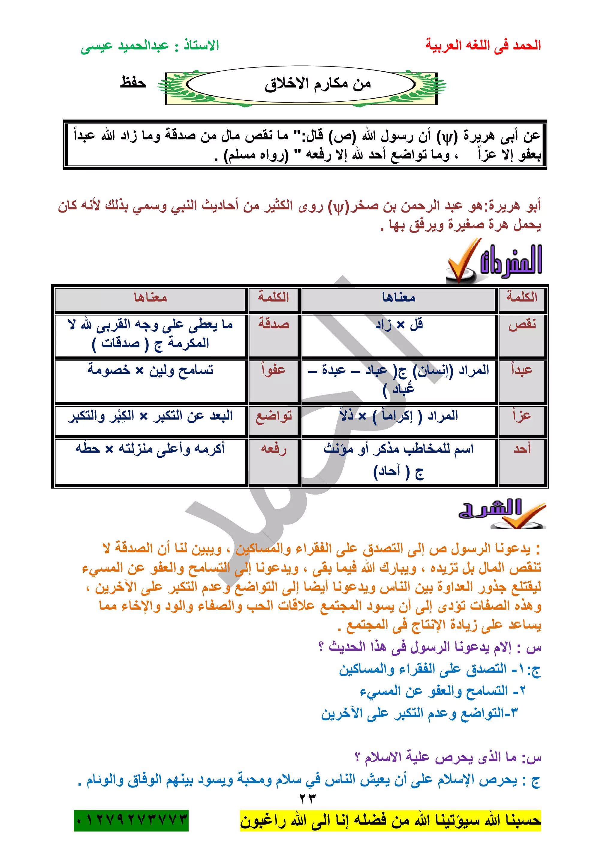 ‫الحمد‬‫العربية‬ ‫اللغه‬ ‫فى‬‫عيسى‬ ‫عبدالحميد‬ : ‫االستاذ‬
23
‫راؼبون‬ ‫هللا‬ ‫الى‬ ‫إنا‬ ‫فضله‬ ‫من‬ ‫هللا‬ ‫سٌؤتٌنا‬ ‫هللا‬ ‫حسبنا‬ٕٓٔ17ٕ1ٖ11ٖ
‫حفظ‬ ‫االخبلق‬ ‫مكارم‬ ‫من‬
( ‫هرٌرة‬ ‫أبى‬ ‫عن‬( ‫هللا‬ ‫رسول‬ ‫أن‬ )‫ص‬‫زا‬ ‫وما‬ ‫صدقة‬ ‫من‬ ‫مال‬ ‫نقص‬ ‫ما‬ ":‫قال‬ )ً‫ا‬‫عبد‬ ‫هللا‬ ‫د‬
. )‫مسلم‬ ‫(رواه‬ " ‫رفعه‬ ‫إال‬ ‫هلل‬ ‫أحد‬ ‫تواضع‬ ‫وما‬ ، ً‫ا‬‫عز‬ ‫إال‬ ‫بعفو‬
(‫صخر‬ ‫بن‬ ‫الرحمن‬ ‫عبد‬ ‫هرٌرة:هو‬ ‫أبو‬‫كان‬ ‫ألنه‬ ‫بذلك‬ ً‫وسم‬ ً‫النب‬ ‫أحادٌث‬ ‫من‬ ‫الكثٌر‬ ‫روى‬ )
. ‫بها‬ ‫وٌرفق‬ ‫صؽٌرة‬ ‫هرة‬ ‫ٌحمل‬
‫الكلمة‬‫معناها‬‫الكلمة‬‫معناها‬
‫نقص‬‫قل‬×‫زاد‬‫صدقة‬‫ال‬ ‫وجه‬ ‫على‬ ‫ٌعطى‬ ‫ما‬‫ال‬ ‫هلل‬ ‫قربى‬
) ‫صدقات‬ ( ‫ج‬ ‫المكرمة‬
ً‫ا‬‫عبد‬‫عباد‬ (‫ج‬ )‫(إنسان‬ ‫المراد‬–‫عبدة‬–
) ‫باد‬ُّ‫ع‬
ً‫ا‬‫عفو‬‫ولٌن‬ ‫تسامح‬×‫خصومة‬
ً‫ا‬‫عز‬) ً‫ا‬‫إكرام‬ ( ‫المراد‬×ً‫ال‬‫ذ‬‫تواضع‬‫التكبر‬ ‫عن‬ ‫البعد‬×‫والتكبر‬ ‫ر‬ْ‫ب‬ِ‫ك‬‫ال‬
‫أحد‬‫مؤنث‬ ‫أو‬ ‫مذكر‬ ‫للمخاطب‬ ‫اسم‬
)‫آحاد‬ ( ‫ج‬
‫رفعه‬‫منزلته‬ ‫وأعلى‬ ‫أكرمه‬×‫ه‬َّ‫ط‬‫ح‬
:‫ال‬ ‫الصدقة‬ ‫أن‬ ‫لنا‬ ‫وٌبٌن‬ ، ‫والمساكٌن‬ ‫الفقراء‬ ‫على‬ ‫التصدق‬ ‫إلى‬ ‫ص‬ ‫الرسول‬ ‫ٌدعونا‬
‫المسًء‬ ‫عن‬ ‫والعفو‬ ‫التسامح‬ ‫إلى‬ ‫وٌدعونا‬ ، ‫بقى‬ ‫فٌما‬ ‫هللا‬ ‫وٌبارك‬ ، ‫تزٌده‬ ‫بل‬ ‫المال‬ ‫تنقص‬
، ‫اآلخرٌن‬ ‫على‬ ‫التكبر‬ ‫وعدم‬ ‫التواضع‬ ‫إلى‬ ‫أٌضا‬ ‫وٌدعونا‬ ‫الناس‬ ‫بٌن‬ ‫العداوة‬ ‫جذور‬ ‫لٌقتلع‬
‫تؤدى‬ ‫الصفات‬ ‫وهذه‬‫مما‬ ‫واإلخاء‬ ‫والود‬ ‫والصفاء‬ ‫الحب‬ ‫عبلقات‬ ‫المجتمع‬ ‫ٌسود‬ ‫أن‬ ‫إلى‬
. ‫المجتمع‬ ‫فى‬ ‫اإلنتاج‬ ‫زٌادة‬ ‫على‬ ‫ٌساعد‬
‫؟‬ ‫الحدٌث‬ ‫هذا‬ ‫فى‬ ‫الرسول‬ ‫ٌدعونا‬ ‫إالم‬ : ‫س‬
:‫ج‬ٔ-‫والمساكٌن‬ ‫الفقراء‬ ‫على‬ ‫التصدق‬
ٕ-‫المسًء‬ ‫عن‬ ‫والعفو‬ ‫التسامح‬
ٖ-‫اآلخرٌن‬ ‫على‬ ‫التكبر‬ ‫وعدم‬ ‫التواضع‬
‫ا‬ ‫علٌة‬ ‫ٌحرص‬ ‫الذى‬ ‫ما‬ :‫س‬‫؟‬ ‫السبلم‬
. ‫والوئام‬ ‫الوفاق‬ ‫بٌنهم‬ ‫وٌسود‬ ‫ومحبة‬ ‫سبلم‬ ً‫ف‬ ‫الناس‬ ‫ٌعٌم‬ ‫أن‬ ‫على‬ ‫اإلسبلم‬ ‫ٌحرص‬ : ‫ج‬
 