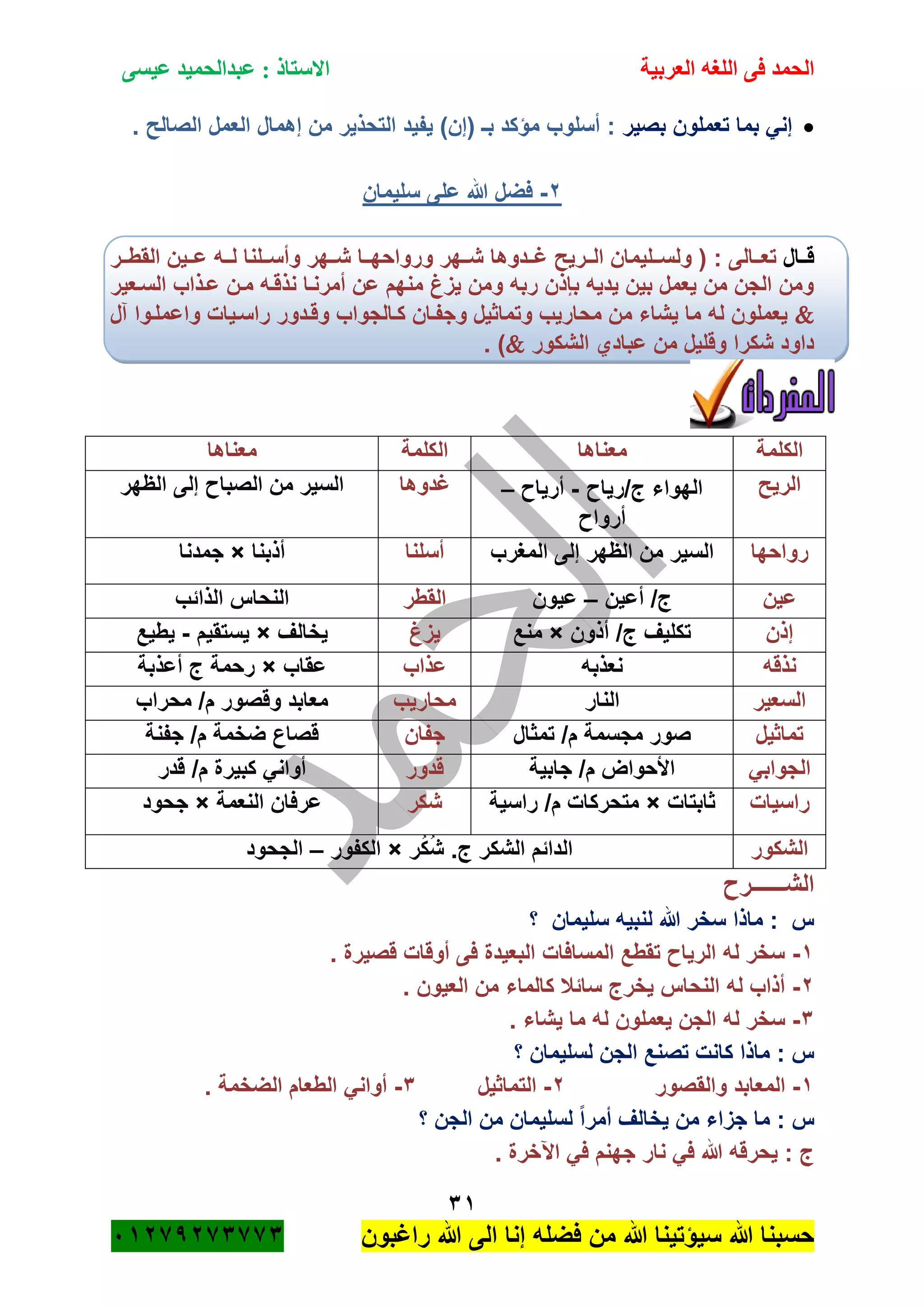‫الحمد‬‫العربية‬ ‫اللغه‬ ‫فى‬‫عيسى‬ ‫عبدالحميد‬ : ‫االستاذ‬
31
‫راؼبون‬ ‫هللا‬ ‫الى‬ ‫إنا‬ ‫فضله‬ ‫من‬ ‫هللا‬ ‫سٌؤتٌنا‬ ‫هللا‬ ‫حسبنا‬ٕٓٔ17ٕ1ٖ11ٖ
‫بصٌر‬ ‫تعملون‬ ‫بما‬ ً‫إن‬. ‫الصالح‬ ‫العمل‬ ‫إهمال‬ ‫من‬ ‫التحذٌر‬ ‫ٌفٌد‬ )‫(إن‬ ‫بـ‬ ‫مؤكد‬ ‫أسلوب‬ :
ٕ-‫سلٌمان‬ ‫على‬ ‫هللا‬ ‫فضل‬
‫ةةال‬‫ة‬‫ق‬‫ةة‬‫ة‬‫ولس‬ ( : ‫ةةالى‬‫ة‬‫تع‬‫ةةر‬‫ة‬‫القط‬ ‫ةةٌن‬‫ة‬‫ع‬ ‫ةةه‬‫ة‬‫ل‬ ‫ةةلنا‬‫ة‬‫وأس‬ ‫ةةهر‬‫ة‬‫ش‬ ‫ةةا‬‫ة‬‫ورواحه‬ ‫ةةهر‬‫ة‬‫ش‬ ‫ةةدوها‬‫ة‬‫ؼ‬ ‫ةةرٌح‬‫ة‬‫ال‬ ‫لٌمان‬
‫السةعٌر‬ ‫عةذاب‬ ‫مةن‬ ‫نذقةه‬ ‫أمرنةا‬ ‫عن‬ ‫منهم‬ ‫ٌزغ‬ ‫ومن‬ ‫ربه‬ ‫باذن‬ ‫ٌدٌه‬ ‫بٌن‬ ‫ٌعمل‬ ‫من‬ ‫الجن‬ ‫ومن‬
‫آل‬ ‫واعملةوا‬ ‫راسةٌات‬ ‫وقةدور‬ ‫كةالجواب‬ ‫وجفةان‬ ‫وتماثٌل‬ ‫محارٌب‬ ‫من‬ ‫ٌشاء‬ ‫ما‬ ‫له‬ ‫ٌعملون‬
‫الشكور‬ ‫عبادي‬ ‫من‬ ‫وقلٌل‬ ‫شكرا‬ ‫داود‬. )
‫الكلمة‬‫معناها‬‫الكلمة‬‫معناها‬
‫الرٌح‬‫ج/رٌا‬ ‫الهواء‬-‫أرٌا‬–
‫أروا‬
‫ؼدوها‬‫الظهر‬ ‫إلى‬ ‫الصبا‬ ‫من‬ ‫السٌر‬
‫رواحها‬‫المؽرب‬ ‫إلى‬ ‫الظهر‬ ‫من‬ ‫السٌر‬‫أسلنا‬‫أذبنا‬×‫جمدنا‬
‫عٌن‬‫أعٌن‬ /‫ج‬–‫عٌون‬‫القطر‬‫الذائب‬ ‫النحاس‬
‫إذن‬‫أذون‬ /‫ج‬ ‫تكلٌؾ‬×‫منع‬‫ٌزغ‬‫ٌخالؾ‬×‫ٌستقٌم‬-‫ٌطٌع‬
‫نذقه‬‫نعذبه‬‫عذاب‬‫عقاب‬×‫أعذبة‬ ‫ج‬ ‫رحمة‬
‫السعٌر‬‫النار‬‫محارٌب‬‫محراب‬ /‫م‬ ‫وقصور‬ ‫معابد‬
‫تماثٌل‬‫تمثال‬ /‫م‬ ‫مجسمة‬ ‫صور‬‫جفان‬‫جفنة‬ /‫م‬ ‫ضخمة‬ ‫قصاع‬
ً‫الجواب‬‫جابٌة‬ /‫م‬ ‫األحواض‬‫قدور‬‫قدر‬ /‫م‬ ‫كبٌرة‬ ً‫أوان‬
‫راسٌات‬‫ثابتات‬×‫راسٌة‬ /‫م‬ ‫متحركات‬‫شكر‬‫النعمة‬ ‫عرفان‬×‫جحود‬
‫الشكور‬‫ر‬ُ‫ك‬ُ‫ش‬ .‫ج‬ ‫الشكر‬ ‫الدائم‬×‫الكفور‬–‫الجحود‬
‫الشــــــر‬
‫؟‬ ‫سلٌمان‬ ‫لنبٌه‬ ‫هللا‬ ‫سخر‬ ‫ماذا‬ : ‫س‬
ٔ-. ‫قصٌرة‬ ‫أوقات‬ ‫فى‬ ‫البعٌدة‬ ‫المسافات‬ ‫تقطع‬ ‫الرٌا‬ ‫له‬ ‫سخر‬
ٕ-. ‫العٌون‬ ‫من‬ ‫كالماء‬ ‫سائبل‬ ‫ٌخرج‬ ‫النحاس‬ ‫له‬ ‫أذاب‬
ٖ-. ‫ٌشاء‬ ‫ما‬ ‫له‬ ‫ٌعملون‬ ‫الجن‬ ‫له‬ ‫سخر‬
‫؟‬ ‫لسلٌمان‬ ‫الجن‬ ‫تصنع‬ ‫كانت‬ ‫ماذا‬ : ‫س‬
ٔ-‫وال‬ ‫المعابد‬‫قصور‬ٕ-‫التماثٌل‬ٖ-. ‫الضخمة‬ ‫الطعام‬ ً‫أوان‬
‫؟‬ ‫الجن‬ ‫من‬ ‫لسلٌمان‬ ً‫ا‬‫أمر‬ ‫ٌخالؾ‬ ‫من‬ ‫جزاء‬ ‫ما‬ : ‫س‬
. ‫اآلخرة‬ ً‫ف‬ ‫جهنم‬ ‫نار‬ ً‫ف‬ ‫هللا‬ ‫ٌحرقه‬ : ‫ج‬
 