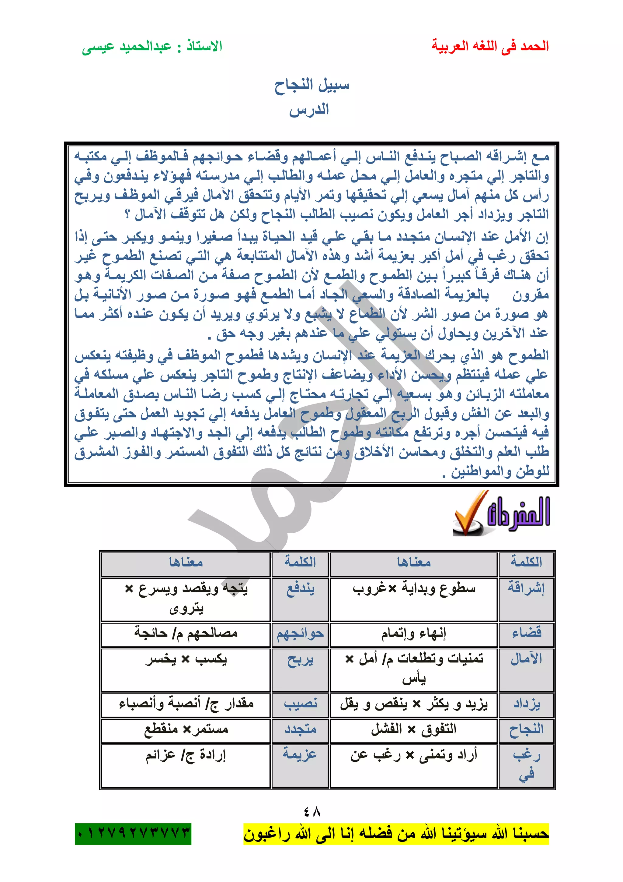 ‫الحمد‬‫العربية‬ ‫اللغه‬ ‫فى‬‫عيسى‬ ‫عبدالحميد‬ : ‫االستاذ‬
48
‫راؼبون‬ ‫هللا‬ ‫الى‬ ‫إنا‬ ‫فضله‬ ‫من‬ ‫هللا‬ ‫سٌؤتٌنا‬ ‫هللا‬ ‫حسبنا‬ٕٓٔ17ٕ1ٖ11ٖ
‫النجا‬ ‫سبٌل‬
‫الدرس‬
‫ة‬‫ة‬‫إش‬ ‫ةع‬‫ة‬‫م‬‫ةه‬‫ة‬‫مكتب‬ ً‫ة‬‫ة‬‫إل‬ ‫ةالموظؾ‬‫ة‬‫ف‬ ‫ةوائجهم‬‫ة‬‫ح‬ ‫ةاء‬‫ة‬‫وقض‬ ‫ةالهم‬‫ة‬‫أعم‬ ً‫ة‬‫ة‬‫إل‬ ‫ةاس‬‫ة‬‫الن‬ ‫ةدفع‬‫ة‬‫ٌن‬ ‫ةبا‬‫ة‬‫الص‬ ‫راقه‬
ً‫وفة‬ ‫ٌنةدفعون‬ ‫فهةؤالء‬ ‫مدرسةته‬ ً‫إلة‬ ‫والطالةب‬ ‫عملةه‬ ‫محةل‬ ً‫إلة‬ ‫والعامل‬ ‫متجره‬ ً‫إل‬ ‫والتاجر‬
‫وٌةربح‬ ‫الموظةؾ‬ ً‫فٌرقة‬ ‫اآلمال‬ ‫وتتحقق‬ ‫األٌام‬ ‫وتمر‬ ‫تحقٌقها‬ ً‫إل‬ ً‫ٌسع‬ ‫آمال‬ ‫منهم‬ ‫كل‬ ‫رأس‬
‫ن‬ ‫وٌكون‬ ‫العامل‬ ‫أجر‬ ‫وٌزداد‬ ‫التاجر‬‫؟‬ ‫اآلمال‬ ‫تتوقؾ‬ ‫هل‬ ‫ولكن‬ ‫النجا‬ ‫الطالب‬ ‫صٌب‬
‫إذا‬ ‫حتةى‬ ‫وٌكبةر‬ ‫وٌنمةو‬ ‫صةؽٌرا‬ ‫ٌبةدأ‬ ‫الحٌةاة‬ ‫قٌةد‬ ً‫علة‬ ً‫بقة‬ ‫مةا‬ ‫متجةدد‬ ‫اإلنسةان‬ ‫عند‬ ‫األمل‬ ‫إن‬
‫ؼٌةر‬ ‫الطمةو‬ ‫تصةنع‬ ً‫التة‬ ً‫ه‬ ‫المتتابعة‬ ‫اآلمال‬ ‫وهذه‬ ‫أشد‬ ‫بعزٌمة‬ ‫أكبر‬ ‫أمل‬ ً‫ف‬ ‫رؼب‬ ‫تحقق‬
‫ةن‬‫ة‬‫م‬ ‫ةفة‬‫ة‬‫ص‬ ‫ةو‬‫ة‬‫الطم‬ ‫ألن‬ ‫ةع‬‫ة‬‫والطم‬ ‫ةو‬‫ة‬‫الطم‬ ‫ةٌن‬‫ة‬‫ب‬ ً‫ا‬‫ةر‬‫ة‬ٌ‫كب‬ ً‫ا‬‫ة‬‫ة‬‫فرق‬ ‫ةاك‬‫ة‬‫هن‬ ‫أن‬‫ةو‬‫ة‬‫وه‬ ‫ةة‬‫ة‬‫الكرٌم‬ ‫ةفات‬‫ة‬‫الص‬
‫بةل‬ ‫األنانٌةة‬ ‫صةور‬ ‫مةن‬ ‫صةورة‬ ‫فهةو‬ ‫الطمةع‬ ‫أمةا‬ ‫الجةاد‬ ً‫والسع‬ ‫الصادقة‬ ‫بالعزٌمة‬ ‫مقرون‬
‫ممةا‬ ‫أكثةر‬ ‫عنةده‬ ‫ٌكةون‬ ‫أن‬ ‫وٌرٌد‬ ‫ٌرتوي‬ ‫وال‬ ‫ٌشبع‬ ‫ال‬ ‫الطماع‬ ‫ألن‬ ‫الشر‬ ‫صور‬ ‫من‬ ‫صورة‬ ‫هو‬
. ‫حق‬ ‫وجه‬ ‫بؽٌر‬ ‫عندهم‬ ‫ما‬ ً‫عل‬ ً‫ٌستول‬ ‫أن‬ ‫وٌحاول‬ ‫اآلخرٌن‬ ‫عند‬
‫الع‬ ‫ٌحرك‬ ‫الذي‬ ‫هو‬ ‫الطمو‬‫ٌنعكس‬ ‫وظٌفته‬ ً‫ف‬ ‫الموظؾ‬ ‫فطمو‬ ‫وٌشدها‬ ‫اإلنسان‬ ‫عند‬ ‫زٌمة‬
ً‫ف‬ ‫مسلكه‬ ً‫عل‬ ‫ٌنعكس‬ ‫التاجر‬ ‫وطمو‬ ‫اإلنتاج‬ ‫وٌضاعؾ‬ ‫األداء‬ ‫وٌحسن‬ ‫فٌنتظم‬ ‫عمله‬ ً‫عل‬
‫المعاملةة‬ ‫بصةدق‬ ‫النةاس‬ ‫رضةا‬ ‫كسةب‬ ً‫إلة‬ ‫محتةاج‬ ‫تجارتةه‬ ً‫إلة‬ ‫بسةعٌه‬ ‫وهةو‬ ‫الزبةائن‬ ‫معاملته‬
‫ٌدفع‬ ‫العامل‬ ‫وطمو‬ ‫المعقول‬ ‫الربح‬ ‫وقبول‬ ‫الؽم‬ ‫عن‬ ‫والبعد‬‫ٌتفةوق‬ ‫حتى‬ ‫العمل‬ ‫تجوٌد‬ ً‫إل‬ ‫ه‬
ً‫علة‬ ‫والصةبر‬ ‫واالجتهةاد‬ ‫الجةد‬ ً‫إل‬ ‫ٌدفعه‬ ‫الطالب‬ ‫وطمو‬ ‫مكانته‬ ‫وترتفع‬ ‫أجره‬ ‫فٌتحسن‬ ‫فٌه‬
‫المشةرق‬ ‫والفةوز‬ ‫المستمر‬ ‫التفوق‬ ‫ذلك‬ ‫كل‬ ‫نتائج‬ ‫ومن‬ ‫األخبلق‬ ‫ومحاسن‬ ‫والتخلق‬ ‫العلم‬ ‫طلب‬
. ‫والمواطنٌن‬ ‫للوطن‬
‫الكلمة‬‫معناها‬‫الكلمة‬‫معناها‬
‫إشراقة‬‫وبداٌة‬ ‫سطوع‬×‫ؼروب‬‫ٌندفع‬‫وٌسرع‬ ‫وٌقصد‬ ‫ٌتجه‬×
‫ٌتروى‬
‫قضاء‬‫وإتمام‬ ‫إنهاء‬‫حوائجهم‬‫حائجة‬ /‫م‬ ‫مصالحهم‬
‫اآلمال‬‫أمل‬ /‫م‬ ‫وتطلعات‬ ‫تمنٌات‬×
‫ٌأس‬
‫ٌربح‬‫ٌكسب‬×‫ٌخسر‬
‫ٌزداد‬‫ٌكثر‬ ‫و‬ ‫ٌزٌد‬×‫ٌقل‬ ‫و‬ ‫ٌنقص‬‫نصٌب‬‫وأنصباء‬ ‫أنصبة‬ /‫ج‬ ‫مقدار‬
‫النجا‬‫التفوق‬×‫الفشل‬‫متجدد‬‫مستمر‬×‫منقطع‬
‫رؼب‬
ً‫ف‬
‫وتمنى‬ ‫أراد‬×‫عن‬ ‫رؼب‬‫عزٌمة‬‫عزائم‬ /‫ج‬ ‫إرادة‬
 