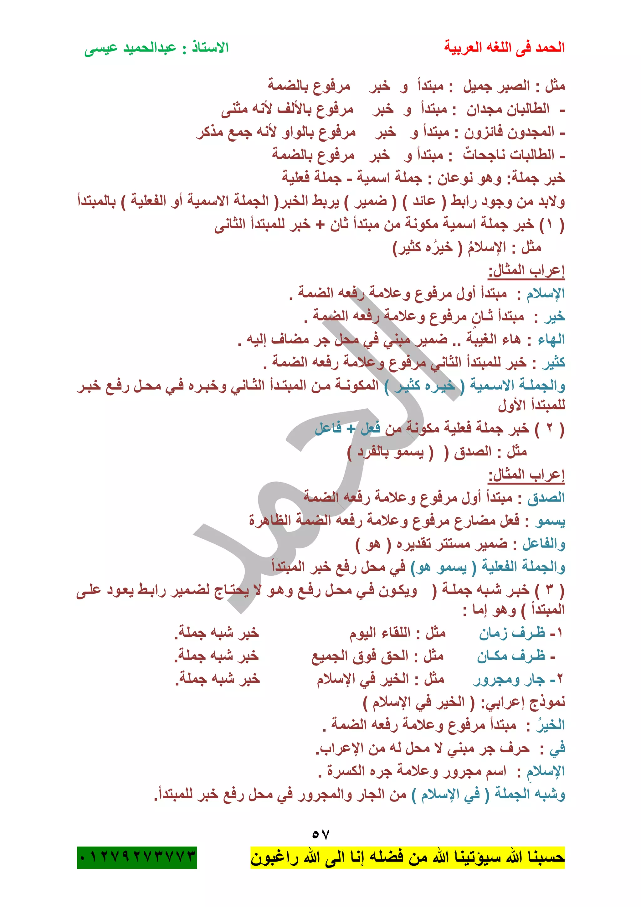 ‫الحمد‬‫العربية‬ ‫اللغه‬ ‫فى‬‫عيسى‬ ‫عبدالحميد‬ : ‫االستاذ‬
57
‫راؼبون‬ ‫هللا‬ ‫الى‬ ‫إنا‬ ‫فضله‬ ‫من‬ ‫هللا‬ ‫سٌؤتٌنا‬ ‫هللا‬ ‫حسبنا‬ٕٓٔ17ٕ1ٖ11ٖ
‫جمٌل‬ ‫الصبر‬ : ‫مثل‬:‫مبتدأ‬‫و‬‫خبر‬‫بالضمة‬ ‫مرفوع‬
-‫مجدان‬ ‫الطالبان‬:‫مبتدأ‬‫و‬‫خبر‬‫مثنى‬ ‫ألنه‬ ‫باأللؾ‬ ‫مرفوع‬
-‫فائزون‬ ‫المجدون‬:‫مبتدأ‬‫و‬‫خبر‬‫جم‬ ‫ألنه‬ ‫بالواو‬ ‫مرفوع‬‫مذكر‬ ‫ع‬
-‫ناجحات‬ ‫الطالبات‬:‫مبتدأ‬‫و‬‫خبر‬‫بالضمة‬ ‫مرفوع‬
:‫جملة‬ ‫خبر‬‫اسمٌة‬ ‫جملة‬ : ‫نوعان‬ ‫وهو‬-‫فعلٌة‬ ‫جملة‬
‫بالمبتدأ‬ ) ‫الفعلٌة‬ ‫أو‬ ‫االسمٌة‬ ‫الجملة‬ (‫الخبر‬ ‫ٌربط‬ ) ‫ضمٌر‬ ( ) ‫عائد‬ ( ‫رابط‬ ‫وجود‬ ‫من‬ ‫والبد‬
(ٔ‫خ‬ + ‫ثان‬ ‫مبتدأ‬ ‫من‬ ‫مكونة‬ ‫اسمٌة‬ ‫جملة‬ ‫خبر‬ )‫الثانى‬ ‫للمبتدأ‬ ‫بر‬
ُ‫م‬‫اإلسبل‬ : ‫مثل‬(‫كثٌر‬ ‫ه‬ُ‫ر‬ٌ‫خ‬)
:‫المثال‬ ‫إعراب‬
‫اإلسبلم‬. ‫الضمة‬ ‫رفعه‬ ‫وعبلمة‬ ‫مرفوع‬ ‫أول‬ ‫مبتدأ‬ :
‫خٌر‬. ‫الضمة‬ ‫رفعه‬ ‫وعبلمة‬ ‫مرفوع‬ ٍ‫ثـان‬ ‫مبتدأ‬ :
‫الهاء‬. ‫إلٌه‬ ‫مضاؾ‬ ‫جر‬ ‫محل‬ ً‫ف‬ ً‫مبن‬ ‫ضمٌر‬ .. ‫الؽٌبة‬ ‫هاء‬ :
‫كثٌر‬‫ل‬ ‫خبر‬ :. ‫الضمة‬ ‫رفعه‬ ‫وعبلمة‬ ‫مرفوع‬ ً‫الثان‬ ‫لمبتدأ‬
) ‫ةر‬‫ة‬ٌ‫كث‬ ‫ةره‬‫ة‬ٌ‫خ‬ ( ‫ةمٌة‬‫ة‬‫االس‬ ‫ةة‬‫ة‬‫والجمل‬‫ةر‬‫ة‬‫خب‬ ‫ةع‬‫ة‬‫رف‬ ‫ةل‬‫ة‬‫مح‬ ً‫ة‬‫ة‬‫ف‬ ‫ةره‬‫ة‬‫وخب‬ ً‫ةان‬‫ة‬‫الث‬ ‫ةدأ‬‫ة‬‫المبت‬ ‫ةن‬‫ة‬‫م‬ ‫ةة‬‫ة‬‫المكون‬
‫األول‬ ‫للمبتدأ‬
(ٕ‫من‬ ‫مكونة‬ ‫فعلٌة‬ ‫جملة‬ ‫خبر‬ )‫فاعل‬ + ‫فعل‬
‫الصدق‬ : ‫مثل‬( (‫بالفرد‬ ‫ٌسمو‬)
:‫المثال‬ ‫إعراب‬
‫الصدق‬‫وعبل‬ ‫مرفوع‬ ‫أول‬ ‫مبتدأ‬ :‫الضمة‬ ‫رفعه‬ ‫مة‬
‫ٌسمو‬‫الظاهرة‬ ‫الضمة‬ ‫رفعه‬ ‫وعبلمة‬ ‫مرفوع‬ ‫مضارع‬ ‫فعل‬ :
‫والفاعل‬) ‫هو‬ ( ‫تقدٌره‬ ‫مستتر‬ ‫ضمٌر‬ :
)‫هو‬ ‫ٌسمو‬ ( ‫الفعلٌة‬ ‫والجملة‬‫المبتدأ‬ ‫خبر‬ ‫رفع‬ ‫محل‬ ً‫ف‬
(ٖ)‫ةة‬‫ة‬‫جمل‬ ‫ةبه‬‫ة‬‫ش‬ ‫ةر‬‫ة‬‫خب‬(‫ةى‬‫ة‬‫عل‬ ‫ةود‬‫ة‬‫ٌع‬ ‫ةط‬‫ة‬‫راب‬ ‫ةمٌر‬‫ة‬‫لض‬ ‫ةاج‬‫ة‬‫ٌحت‬ ‫ال‬ ‫ةو‬‫ة‬‫وه‬ ‫ةع‬‫ة‬‫رف‬ ‫ةل‬‫ة‬‫مح‬ ً‫ة‬‫ة‬‫ف‬ ‫ةون‬‫ة‬‫وٌك‬
: ‫إما‬ ‫وهو‬ ) ‫المبتدأ‬
ٔ-‫زمان‬ ‫ظـرؾ‬.‫جملة‬ ‫شبه‬ ‫خبر‬ ‫الٌوم‬ ‫اللقاء‬ : ‫مثل‬
-‫مكـان‬ ‫ظـرؾ‬.‫جملة‬ ‫شبه‬ ‫خبر‬ ‫الجمٌع‬ ‫فوق‬ ‫الحق‬ : ‫مثل‬
ٕ-‫ومجرور‬ ‫جار‬.‫جملة‬ ‫شبه‬ ‫خبر‬ ‫اإلسبلم‬ ً‫ف‬ ‫الخٌر‬ : ‫مثل‬
) ‫اإلسبلم‬ ً‫ف‬ ‫الخٌر‬ ( :ً‫إعراب‬ ‫نموذج‬
ُ‫ر‬ٌ‫الخ‬‫رف‬ ‫وعبلمة‬ ‫مرفوع‬ ‫مبتدأ‬ :. ‫الضمة‬ ‫عه‬
ً‫ف‬.‫اإلعراب‬ ‫من‬ ‫له‬ ‫محل‬ ‫ال‬ ً‫مبن‬ ‫جر‬ ‫حرؾ‬ :
ِ‫اإلسبلم‬. ‫الكسرة‬ ‫جره‬ ‫وعبلمة‬ ‫مجرور‬ ‫اسم‬ :
) ‫اإلسبلم‬ ً‫ف‬ ( ‫الجملة‬ ‫وشبه‬.‫للمبتدأ‬ ‫خبر‬ ‫رفع‬ ‫محل‬ ً‫ف‬ ‫والمجرور‬ ‫الجار‬ ‫من‬
 