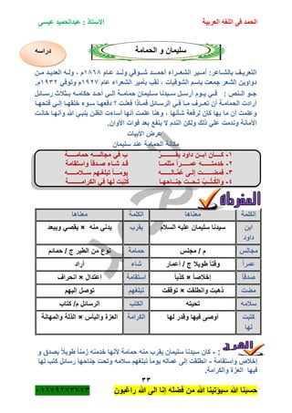 ‫الحمد‬‫العربية‬ ‫اللغه‬ ‫فى‬‫عيسى‬ ‫عبدالحميد‬ : ‫االستاذ‬
33
‫راؼبون‬ ‫هللا‬ ‫الى‬ ‫إنا‬ ‫فضله‬ ‫من‬ ‫هللا‬ ‫سٌؤتٌنا‬ ‫هللا‬ ‫حسبنا‬ٕٓٔ17ٕ1ٖ11ٖ
‫الحمامة‬ ‫و‬ ‫سلٌمان‬
‫ةام‬‫ة‬‫ع‬ ‫ةـد‬‫ة‬‫ول‬ ً‫ةـوق‬‫ة‬‫ش‬ ‫ةـد‬‫ة‬‫أحمـ‬ ‫ةـراء‬‫ة‬‫الشع‬ ‫ةـٌر‬‫ة‬‫أم‬ :‫ةاعر‬‫ة‬‫بالش‬ ‫ةؾ‬‫ة‬ٌ‫التعر‬ٔ8ٙ8‫ةن‬‫ة‬‫م‬ ‫ةد‬‫ة‬ٌ‫العد‬ ‫ةه‬‫ة‬‫ول‬ ، ‫م‬
‫عام‬ ‫الشعراء‬ ‫بأمٌر‬ ‫لقب‬ ، ‫الشوقٌات‬ ‫باسم‬ ‫جمعت‬ ‫الشعر‬ ‫دواوٌن‬ٔ7ٕ1ً‫وتوف‬ ‫م‬ٔ7ٖٕ.‫م‬
‫ةةائل‬‫ة‬‫رس‬ ‫ةةثبلث‬‫ة‬‫ب‬ ‫ةةه‬‫ة‬‫حكام‬ ‫ةةد‬‫ة‬‫أح‬ ً‫ةة‬‫ة‬‫إل‬ ‫ةةة‬‫ة‬‫حمام‬ ‫ةةلٌمان‬‫ة‬‫س‬ ‫ةةٌدنا‬‫ة‬‫س‬ ‫ةةل‬‫ة‬‫أرس‬ ‫ةةوم‬‫ة‬ٌ ً‫ةة‬‫ة‬‫ف‬ : ‫ةةنص‬‫ة‬‫ال‬ ‫ةةو‬‫ة‬‫ج‬
‫ةا‬‫ة‬‫فتحه‬ ً‫ة‬‫ة‬‫إل‬ ‫ةا‬‫ة‬‫خلقه‬ ‫ةوء‬‫ة‬‫س‬ ‫ةا‬‫ة‬‫دفعه‬ ‫؟‬ ‫ةت‬‫ة‬‫فعل‬ ‫ةاذا‬‫ة‬‫فم‬ ‫ةائل‬‫ة‬‫الرس‬ ً‫ة‬‫ة‬‫ف‬ ‫ةا‬‫ة‬‫م‬ ‫ةـرؾ‬‫ة‬‫تع‬ ‫أن‬ ‫ةة‬‫ة‬‫الحمام‬ ‫أرادت‬
‫خانةت‬ ‫وأنهةا‬ ‫هللا‬ ً‫بنبة‬ ‫الظةن‬ ‫أساءت‬ ‫أنها‬ ‫علمت‬ ‫وهنا‬ ، ‫شأنها‬ ‫لرفعة‬ ‫كان‬ ‫بها‬ ‫ما‬ ‫أن‬ ‫وعلمت‬
‫األمانة‬.‫األوان‬ ‫فوات‬ ‫بعد‬ ‫ٌنفع‬ ‫ال‬ ‫الندم‬ ‫ولكن‬ ‫ذلك‬ ً‫عل‬ ‫وندمت‬
‫األبٌات‬ ‫عرض‬
‫سلٌمان‬ ‫عند‬ ‫الحمامة‬ ‫مكانة‬
ٔ-ِّ‫ٌقـــــــــر‬ ‫داود‬ ‫ابــن‬ ‫كــــان‬‫حمامـــــة‬ ‫مجالسـه‬ ً‫ف‬ ‫ب‬
ٕ-‫مثلمــا‬ ً‫ا‬‫عمـــــر‬ ‫خدمتــــــه‬‫شـاء‬ ‫قـد‬ً‫ا‬‫صـدق‬‫واستقامة‬
ٖ-‫ـالــــــه‬َّ‫م‬ُ‫ع‬ ‫إلـى‬ ‫فمضــــــت‬‫تبلؽـهم‬ ً‫ا‬‫ٌومـــ‬‫ســبلمـــــه‬
ٗ-‫جنــاحهـا‬ ‫تـحــت‬ ُ‫ــب‬ْ‫ت‬‫ـ‬ُ‫ك‬‫وال‬ً‫ف‬ ‫لها‬ ‫ت‬َ‫ب‬ِ‫ت‬ُ‫ك‬‫الكرامــــــــة‬
‫الكلمة‬‫معناها‬‫الكلمة‬‫معناها‬
‫ابن‬
‫داود‬
‫السبلم‬ ‫علٌه‬ ‫سلٌمان‬ ‫سٌدنا‬ٌ‫قرب‬‫منه‬ ً‫ٌدن‬×‫وٌبعد‬ ً‫ٌقص‬
‫مجالس‬‫مجلس‬ / ‫م‬‫حمامة‬‫حمائم‬ / ‫ج‬ ‫الطٌر‬ ‫من‬ ‫نوع‬
ً‫ا‬‫عمر‬‫أعمار‬ / ‫ج‬ ‫طوٌبل‬ ً‫ا‬‫وقت‬‫شاء‬‫أراد‬
ً‫ا‬‫صدق‬ً‫ا‬‫إخبلص‬×ً‫ا‬‫كذب‬‫استقامة‬‫اعتدال‬×‫انحراؾ‬
‫مضت‬‫وانطلقت‬ ‫ذهبت‬×‫توقفت‬‫تبلؽهم‬‫إلٌهم‬ ‫توصل‬
‫سبلمه‬‫تحٌته‬‫الكتب‬‫كتاب‬ /‫م‬ ‫الرسائل‬
‫كتبت‬
‫لها‬
‫ف‬ ‫أوصى‬‫لها‬ ‫وقدر‬ ‫ٌها‬‫الكرامة‬‫والبأس‬ ‫العزة‬×‫والمهانة‬ ‫الذلة‬
:-‫و‬ ‫بصدق‬ ً‫بل‬ٌ‫طو‬ ً‫ا‬‫زمن‬ ‫خدمنه‬ ‫ألنها‬ ‫حمامة‬ ‫منه‬ ‫ٌقرب‬ ‫سلٌمان‬ ‫سٌدنا‬ ‫كان‬
‫واستقامة‬ ‫إخبلص‬-‫انطلقت‬‫لها‬ ‫كتب‬ ‫رسائل‬ ‫جناحها‬ ‫وتحت‬ ‫سبلمه‬ ‫تبلؽهم‬ ً‫ا‬‫ٌوم‬ ‫عماله‬ ‫إلى‬
.‫والكرامة‬ ‫العزة‬ ‫فٌها‬
‫دراسه‬
 