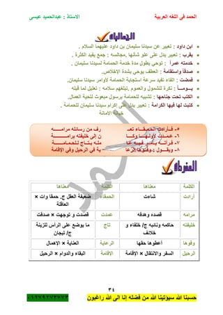 ‫الحمد‬‫العربية‬ ‫اللغه‬ ‫فى‬‫عيسى‬ ‫عبدالحميد‬ : ‫االستاذ‬
34
‫راؼبون‬ ‫هللا‬ ‫الى‬ ‫إنا‬ ‫فضله‬ ‫من‬ ‫هللا‬ ‫سٌؤتٌنا‬ ‫هللا‬ ‫حسبنا‬ٕٓٔ17ٕ1ٖ11ٖ
‫ابن‬‫داود‬. ‫السبلم‬ ‫علٌهما‬ ‫داود‬ ‫بن‬ ‫سلٌمان‬ ‫سٌدنا‬ ‫عن‬ ‫تعبٌر‬ :
‫ٌقرب‬:. ‫الكثرة‬ ‫ٌفٌد‬ ‫جمع‬ : ‫.مجالسه‬ ‫شأنها‬ ‫علو‬ ‫على‬ ‫ٌدل‬ ‫تعبٌر‬
ً‫ا‬‫عمر‬ ‫خدمته‬. ‫سلٌمان‬ ‫لسٌدنا‬ ‫الحمامة‬ ‫خدمة‬ ‫مدة‬ ‫بطول‬ ً‫توح‬ :
ً‫ا‬‫صدق‬‫واستقامة‬.‫اإلخبلص‬ ‫بشدة‬ ً‫ٌوح‬ ‫العطؾ‬ :
‫فمضت‬.‫سلٌمان‬ ‫سٌدنا‬ ‫ألوامر‬ ‫الحمامة‬ ‫استجابة‬ ‫سرعة‬ ‫تفٌد‬ ‫الفاء‬ :
ً‫ا‬‫ٌـــومـــ‬‫قبله‬ ‫لما‬ ‫تعلٌل‬ : ‫سبلمه‬ ‫.تبلؽهم‬ ‫والعموم‬ ‫للشمول‬ ‫نكرة‬ :
‫جناحها‬ ‫تحت‬ ‫الكتب‬.‫العمال‬ ‫لتحٌة‬ ‫مبعوث‬ ‫برسول‬ ‫للحمامة‬ ‫تشبٌه‬ :
‫الكرامة‬ ‫فٌها‬ ‫لها‬ ‫كتبت‬‫ت‬ :. ‫للحمامة‬ ‫سلٌمان‬ ‫سٌدنا‬ ‫إكرام‬ ‫على‬ ‫ٌدل‬ ‫عبٌر‬
‫األمانة‬ ‫خٌانة‬
٘-‫تعــ‬ ‫الحـمـقـــاء‬ ‫فــأرادت‬‫مرامــــــه‬ ‫رسائله‬ ‫من‬ ‫رؾ‬
ٙ-‫ت‬َ‫د‬‫ــ‬َ‫م‬‫ـ‬َ‫ع‬‫وكــــا‬ ‫ألولـهــــا‬‫رامـــــــــــة‬ِ‫ب‬ ‫خلٌفته‬ ‫إلى‬ ‫ن‬
1-‫ٌـأم‬ ‫فـرأتـــه‬‫عـا‬ ‫فـٌــه‬ ‫ــر‬‫بـتــاج‬ ‫ملـه‬‫لـلحـمـامـــــــة‬
8-‫عا‬ِّ‫الر‬ ‫ــوها‬ُّ‫ف‬‫و‬ : ‫وٌقــــول‬ً‫وف‬ ‫الرحٌل‬ ً‫ف‬ ‫ٌة‬‫اإلقامة‬
‫الكلمة‬‫معناها‬‫الكلمة‬‫معناها‬
‫أرادت‬‫شاءت‬‫الحمقاء‬‫وات‬ ‫حمقا‬ .‫ج‬ ‫العقل‬ ‫ضعٌفة‬×
‫العاقلة‬
‫مرامه‬‫وهدفه‬ ‫قصده‬‫عمدت‬‫قصدت‬‫توجهت‬ ‫و‬×‫صدفت‬
‫خلٌفته‬‫و‬ ‫خلفاء‬ /‫ج‬ ‫ونائبه‬ ‫حاكمه‬
‫خبلئؾ‬
‫تاج‬‫للزٌنة‬ ‫الرأس‬ ‫على‬ ‫ٌوضع‬ ‫ما‬
‫تٌجان‬ /‫ج‬
‫وفوها‬‫حقها‬ ‫أعطوها‬‫الرعاٌة‬‫العناٌة‬×‫اإلهمال‬
‫الرحٌل‬‫واالنتقال‬ ‫السفر‬×‫اإلقامة‬‫اإلقامة‬‫والدوام‬ ‫البقاء‬×‫الرحٌل‬
 