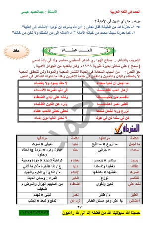 ‫الحمد‬‫العربية‬ ‫اللغه‬ ‫فى‬‫عيسى‬ ‫عبدالحميد‬ : ‫االستاذ‬
37
‫راؼبون‬ ‫هللا‬ ‫الى‬ ‫إنا‬ ‫فضله‬ ‫من‬ ‫هللا‬ ‫سٌؤتٌنا‬ ‫هللا‬ ‫حسبنا‬ٕٓٔ17ٕ1ٖ11ٖ
‫س‬8‫؟‬ ‫األمانة‬ ً‫ف‬ ‫الدٌن‬ ‫رأي‬ ‫ما‬ :
ٔ-"‫أهلها‬ ‫إلى‬ ‫األمانات‬ ‫تؤدوا‬ ‫أن‬ ‫ٌأمركم‬ ‫هللا‬ ‫"إن‬ : ‫تعالى‬ ‫فقال‬ ‫الخٌانة‬ ‫من‬ ‫هللا‬ ‫حذرنا‬
ٕ-"‫خانك‬ ‫من‬ ‫تخن‬ ‫وال‬ ‫ائتمنك‬ ‫من‬ ‫إلى‬ ‫األمانة‬ ‫أد‬ " ‫األمانة‬ ‫خٌانة‬ ‫من‬ ‫محمد‬ ‫سٌدنا‬ ‫حذرنا‬ ‫كما‬
‫ا‬‫عطـــــــاء‬ ‫لحــــــب‬
ً‫تسم‬ ‫بلدة‬ ً‫ف‬ ‫ولد‬ ‫معاصر‬ ً‫فلسطٌن‬ ‫شاعر‬ ‫ري‬ ‫الهوا‬ ‫صالح‬ : ‫بالشاعر‬ ‫التعرٌؾ‬
‫طبرٌة‬ ‫بحٌرة‬ ‫شاطئ‬ ً‫عل‬ ) ‫سمح‬ (ٔ7ٖ8. ‫األدبٌة‬ ‫الجوائز‬ ‫من‬ ‫بالعدٌد‬ ‫وفاز‬ ‫م‬
‫المحبةة‬ ‫تتحقةق‬ ‫ولةن‬ ‫والمةودة‬ ‫المحبةة‬ ‫انتشةار‬ ‫الحٌةاة‬ ً‫ف‬ ‫السعادة‬ ‫أسباب‬ ‫من‬ : ‫النص‬ ‫جو‬
‫اآلخرٌن‬ ‫خدمة‬ ً‫ف‬ ً‫والتفان‬ ‫والتعاون‬ ‫والبذل‬ ‫بالعطاء‬ ‫إال‬‫النص‬ ً‫ف‬ ‫الشاعر‬ ‫تناوله‬ ‫ما‬ ‫وهذا‬
‫سعداء‬ ‫نحٌا‬ ‫أن‬ ‫أجمل‬ ‫ما‬‫بؽضـاء‬ ‫وال‬ ‫ٌسود‬ ‫حقد‬ ‫ال‬
‫تظللــــــــنا‬ ‫الحب‬ ‫أزهار‬‫األنــــداء‬ ‫تؽمرها‬ ‫دنٌا‬ ً‫ف‬
‫محبــــــــتنا‬ ‫خبز‬ ‫نتقاسم‬‫الضعفاء‬ ‫أٌدي‬ ً‫عل‬ ‫ونشد‬
‫أعشاشـــــا‬ ‫نعمر‬ ‫للطٌر‬‫الظـلماء‬ ‫الكون‬ ‫عن‬ ‫ونرد‬
‫شـمعا‬ ‫نشعل‬ ‫وردا‬ ‫نزرع‬‫عطاء‬ ‫فالحب‬ ً‫نعط‬ ً‫نعط‬
‫عونا‬ ً‫ل‬ ‫كن‬ ‫سندا‬ ً‫ل‬ ‫كن‬‫إخـاء‬ ‫دون‬ ‫الدنٌا‬ ‫تحلو‬ ‫ال‬
‫الكلمة‬‫مرادفها‬‫الكلمة‬‫مرادفها‬
‫أجمل‬ ‫ما‬‫أروع‬ ‫ما‬×‫أقبح‬ ‫ما‬‫نحٌا‬‫نعٌم‬×‫نموت‬
‫سعداء‬×‫حزانى‬‫حقد‬‫وكره‬ ‫عداوة‬×‫أحقاد‬ /‫ج‬ ‫مودة‬
‫وحقود‬
‫ٌسود‬‫ٌنتشر‬×‫ٌنحسر‬‫بؽضاء‬‫شدٌدة‬ ‫كراهٌة‬×‫ومحبة‬ ‫مودة‬
‫تظللنا‬‫وتشملنا‬ ‫تؽطٌنا‬‫دنٌا‬‫دنا‬ / ‫ج‬×ً‫أدن‬ ‫مذكرها‬ ‫آخرة‬
‫تؽمرها‬‫تؽطٌها‬×‫تكشفها‬‫األنداء‬‫والجود‬ ‫الكرم‬ ‫أي‬ ‫الندي‬ / ‫م‬
‫نتقاسم‬‫نوزع‬‫الخبز‬‫الحٌاة‬ ‫وسائل‬ : ‫المراد‬
ً‫عل‬ ‫نشد‬‫ونقوي‬ ‫نعٌن‬‫الضعفاء‬‫م‬ ‫والمرض‬ ‫الهزال‬ ‫أصابهم‬ ‫من‬
‫ضعٌؾ‬
‫ال‬‫طٌر‬‫طائر‬ / ‫م‬‫نعمر‬ً‫نبن‬×‫نهدم‬
‫أعشام‬‫الطائر‬ ‫مسكن‬ ‫وهو‬ ‫عم‬ /‫م‬‫عن‬ ‫نرد‬‫نبعد‬ ‫و‬ ‫ندفع‬×‫نجلب‬
‫حفظ‬
 
