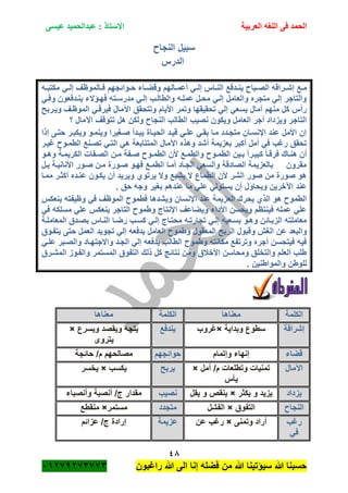 ‫الحمد‬‫العربية‬ ‫اللغه‬ ‫فى‬‫عيسى‬ ‫عبدالحميد‬ : ‫االستاذ‬
48
‫راؼبون‬ ‫هللا‬ ‫الى‬ ‫إنا‬ ‫فضله‬ ‫من‬ ‫هللا‬ ‫سٌؤتٌنا‬ ‫هللا‬ ‫حسبنا‬ٕٓٔ17ٕ1ٖ11ٖ
‫النجا‬ ‫سبٌل‬
‫الدرس‬
‫ة‬‫ة‬‫إش‬ ‫ةع‬‫ة‬‫م‬‫ةه‬‫ة‬‫مكتب‬ ً‫ة‬‫ة‬‫إل‬ ‫ةالموظؾ‬‫ة‬‫ف‬ ‫ةوائجهم‬‫ة‬‫ح‬ ‫ةاء‬‫ة‬‫وقض‬ ‫ةالهم‬‫ة‬‫أعم‬ ً‫ة‬‫ة‬‫إل‬ ‫ةاس‬‫ة‬‫الن‬ ‫ةدفع‬‫ة‬‫ٌن‬ ‫ةبا‬‫ة‬‫الص‬ ‫راقه‬
ً‫وفة‬ ‫ٌنةدفعون‬ ‫فهةؤالء‬ ‫مدرسةته‬ ً‫إلة‬ ‫والطالةب‬ ‫عملةه‬ ‫محةل‬ ً‫إلة‬ ‫والعامل‬ ‫متجره‬ ً‫إل‬ ‫والتاجر‬
‫وٌةربح‬ ‫الموظةؾ‬ ً‫فٌرقة‬ ‫اآلمال‬ ‫وتتحقق‬ ‫األٌام‬ ‫وتمر‬ ‫تحقٌقها‬ ً‫إل‬ ً‫ٌسع‬ ‫آمال‬ ‫منهم‬ ‫كل‬ ‫رأس‬
‫ن‬ ‫وٌكون‬ ‫العامل‬ ‫أجر‬ ‫وٌزداد‬ ‫التاجر‬‫؟‬ ‫اآلمال‬ ‫تتوقؾ‬ ‫هل‬ ‫ولكن‬ ‫النجا‬ ‫الطالب‬ ‫صٌب‬
‫إذا‬ ‫حتةى‬ ‫وٌكبةر‬ ‫وٌنمةو‬ ‫صةؽٌرا‬ ‫ٌبةدأ‬ ‫الحٌةاة‬ ‫قٌةد‬ ً‫علة‬ ً‫بقة‬ ‫مةا‬ ‫متجةدد‬ ‫اإلنسةان‬ ‫عند‬ ‫األمل‬ ‫إن‬
‫ؼٌةر‬ ‫الطمةو‬ ‫تصةنع‬ ً‫التة‬ ً‫ه‬ ‫المتتابعة‬ ‫اآلمال‬ ‫وهذه‬ ‫أشد‬ ‫بعزٌمة‬ ‫أكبر‬ ‫أمل‬ ً‫ف‬ ‫رؼب‬ ‫تحقق‬
‫ةن‬‫ة‬‫م‬ ‫ةفة‬‫ة‬‫ص‬ ‫ةو‬‫ة‬‫الطم‬ ‫ألن‬ ‫ةع‬‫ة‬‫والطم‬ ‫ةو‬‫ة‬‫الطم‬ ‫ةٌن‬‫ة‬‫ب‬ ً‫ا‬‫ةر‬‫ة‬ٌ‫كب‬ ً‫ا‬‫ة‬‫ة‬‫فرق‬ ‫ةاك‬‫ة‬‫هن‬ ‫أن‬‫ةو‬‫ة‬‫وه‬ ‫ةة‬‫ة‬‫الكرٌم‬ ‫ةفات‬‫ة‬‫الص‬
‫بةل‬ ‫األنانٌةة‬ ‫صةور‬ ‫مةن‬ ‫صةورة‬ ‫فهةو‬ ‫الطمةع‬ ‫أمةا‬ ‫الجةاد‬ ً‫والسع‬ ‫الصادقة‬ ‫بالعزٌمة‬ ‫مقرون‬
‫ممةا‬ ‫أكثةر‬ ‫عنةده‬ ‫ٌكةون‬ ‫أن‬ ‫وٌرٌد‬ ‫ٌرتوي‬ ‫وال‬ ‫ٌشبع‬ ‫ال‬ ‫الطماع‬ ‫ألن‬ ‫الشر‬ ‫صور‬ ‫من‬ ‫صورة‬ ‫هو‬
. ‫حق‬ ‫وجه‬ ‫بؽٌر‬ ‫عندهم‬ ‫ما‬ ً‫عل‬ ً‫ٌستول‬ ‫أن‬ ‫وٌحاول‬ ‫اآلخرٌن‬ ‫عند‬
‫الع‬ ‫ٌحرك‬ ‫الذي‬ ‫هو‬ ‫الطمو‬‫ٌنعكس‬ ‫وظٌفته‬ ً‫ف‬ ‫الموظؾ‬ ‫فطمو‬ ‫وٌشدها‬ ‫اإلنسان‬ ‫عند‬ ‫زٌمة‬
ً‫ف‬ ‫مسلكه‬ ً‫عل‬ ‫ٌنعكس‬ ‫التاجر‬ ‫وطمو‬ ‫اإلنتاج‬ ‫وٌضاعؾ‬ ‫األداء‬ ‫وٌحسن‬ ‫فٌنتظم‬ ‫عمله‬ ً‫عل‬
‫المعاملةة‬ ‫بصةدق‬ ‫النةاس‬ ‫رضةا‬ ‫كسةب‬ ً‫إلة‬ ‫محتةاج‬ ‫تجارتةه‬ ً‫إلة‬ ‫بسةعٌه‬ ‫وهةو‬ ‫الزبةائن‬ ‫معاملته‬
‫ٌدفع‬ ‫العامل‬ ‫وطمو‬ ‫المعقول‬ ‫الربح‬ ‫وقبول‬ ‫الؽم‬ ‫عن‬ ‫والبعد‬‫ٌتفةوق‬ ‫حتى‬ ‫العمل‬ ‫تجوٌد‬ ً‫إل‬ ‫ه‬
ً‫علة‬ ‫والصةبر‬ ‫واالجتهةاد‬ ‫الجةد‬ ً‫إل‬ ‫ٌدفعه‬ ‫الطالب‬ ‫وطمو‬ ‫مكانته‬ ‫وترتفع‬ ‫أجره‬ ‫فٌتحسن‬ ‫فٌه‬
‫المشةرق‬ ‫والفةوز‬ ‫المستمر‬ ‫التفوق‬ ‫ذلك‬ ‫كل‬ ‫نتائج‬ ‫ومن‬ ‫األخبلق‬ ‫ومحاسن‬ ‫والتخلق‬ ‫العلم‬ ‫طلب‬
. ‫والمواطنٌن‬ ‫للوطن‬
‫الكلمة‬‫معناها‬‫الكلمة‬‫معناها‬
‫إشراقة‬‫وبداٌة‬ ‫سطوع‬×‫ؼروب‬‫ٌندفع‬‫وٌسرع‬ ‫وٌقصد‬ ‫ٌتجه‬×
‫ٌتروى‬
‫قضاء‬‫وإتمام‬ ‫إنهاء‬‫حوائجهم‬‫حائجة‬ /‫م‬ ‫مصالحهم‬
‫اآلمال‬‫أمل‬ /‫م‬ ‫وتطلعات‬ ‫تمنٌات‬×
‫ٌأس‬
‫ٌربح‬‫ٌكسب‬×‫ٌخسر‬
‫ٌزداد‬‫ٌكثر‬ ‫و‬ ‫ٌزٌد‬×‫ٌقل‬ ‫و‬ ‫ٌنقص‬‫نصٌب‬‫وأنصباء‬ ‫أنصبة‬ /‫ج‬ ‫مقدار‬
‫النجا‬‫التفوق‬×‫الفشل‬‫متجدد‬‫مستمر‬×‫منقطع‬
‫رؼب‬
ً‫ف‬
‫وتمنى‬ ‫أراد‬×‫عن‬ ‫رؼب‬‫عزٌمة‬‫عزائم‬ /‫ج‬ ‫إرادة‬
 