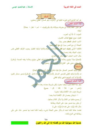 ‫اٌؾّل‬‫اٌؼوث١خ‬ ٗ‫اٌٍغ‬ ٝ‫ف‬َٝ١‫ػ‬ ‫ػجلاٌؾّ١ل‬ : ‫االٍزبم‬
ٙ8
‫راغبون‬ ‫هللا‬ ‫الى‬ ‫إنا‬ ‫فضله‬ ‫من‬ ‫هللا‬ ‫سٌؤتٌنا‬ ‫هللا‬ ‫حسبنا‬37217210110
‫التوكيد‬
.‫ومعنوي‬ ‫لفظي‬ :‫قسماف‬ ‫وىو‬ ,‫اب‬‫ر‬‫اإلع‬ ‫في‬ ‫قبميا‬ ‫ما‬ ‫تتبع‬ ‫الذي‬ ‫ابع‬‫و‬‫الت‬ ‫أحد‬ ‫ىو‬
:‫المفظي‬ ‫التوكيد‬ :‫ال‬‫و‬‫أ‬
‫يكوف(حرؼ‬ ‫وقد‬ ‫وحركاتو‬ ‫بحروفو‬ ‫أي‬ ‫بنصو‬ ‫المفظ‬ ‫ار‬‫ر‬‫تك‬ ‫ىو‬–‫اسـ‬–‫فعؿ‬–)‫جممة‬
:‫أمثمة‬
,‫ال‬ :‫الحرؼ‬‫ال‬‫ي‬‫ر‬‫أ‬.‫الحرب‬ ‫د‬
,‫نجح‬ :‫الفعؿ‬‫نجح‬.‫الكسوؿ‬ ‫الطالب‬
,‫المعمـ‬ :‫االسـ‬‫المعمم‬.‫بيتنا‬ ‫حضر‬
,‫ا‬‫ر‬‫يس‬ ‫العسر‬ ‫مع‬ ‫إف‬ :‫الجممة‬‫إ‬‫ن‬‫ا‬‫ر‬‫يس‬ ‫العسر‬ ‫مع‬.
( ‫االولي‬ ‫فالكممة‬‫جممة‬ ‫فعل‬ ‫اسم‬ ‫حرف‬‫نفس‬ ‫المفظي‬ ‫التوكيد‬ ‫ويعرب‬ ‫لفظياو‬ ‫توكيدا‬ ‫الثانية‬‫و‬,‫مؤكد‬ ‫تسمى‬ )
.‫ا‬‫ر‬‫وج‬ ‫ونصبا‬ ‫فعا‬‫ر‬ ‫المؤكد‬ ‫اب‬‫ر‬‫إع‬
‫المع‬ :‫االسـ‬ ‫مثاؿ‬.‫ج‬‫الخار‬ ‫إلى‬ ‫سافر‬ ‫المعمـ‬ ,‫مـ‬
)‫(سافر‬ ,‫الضمة‬ ‫فعو‬‫ر‬ ‫وعالمة‬ ‫ع‬‫فو‬‫ر‬‫م‬ ‫لفظي‬ ‫توكيد‬ )‫(المعمـ‬ ,‫الضمة‬ ‫فعو‬‫ر‬ ‫وعالمة‬ ‫ع‬‫فو‬‫ر‬‫م‬ ‫مبتدأ‬ )‫(المعمـ‬
.‫ومجرور‬ ‫جار‬ )‫ج‬‫الخار‬ ‫(إلى‬ ‫الفتح‬ ‫عمى‬ ‫مبني‬ ‫ماض‬ ‫فعؿ‬
‫مالحظة‬:
‫(اسكف‬ ‫تعالى‬ ‫قولو‬ ‫مثؿ‬ ‫المستتر‬ ‫الضمير‬ ‫توكيد‬ ‫يجوز‬‫أنت‬)‫الجنة‬ ‫وزوجؾ‬
‫توكيد‬ )‫(أنت‬ ‫ؼ‬‫ه‬‫ر‬‫تقدي‬ ‫مستتر‬ ‫ضمير‬ )‫(اسكف‬ ‫فاعؿ‬ ‫ػ‬‫ف‬ )‫(اسكف‬ ‫كممة‬ ‫بعد‬ )‫(أنت‬ ‫المستتر‬ ‫لمضمير‬ ‫لفظي‬
‫لفظي‬ ‫توكيد‬ ‫فيي‬ ‫الموجودة‬ ‫أنت‬ ‫أما‬ )‫(أنت‬
‫المعنوي‬ ‫التوكيد‬ :‫ثانيا‬:
‫ىي‬ ‫األلفاظ‬ ‫وىذه‬ ,‫محددة‬ ‫بشروط‬ ‫ولكف‬ ‫معنويا‬ ‫توكيدا‬ ‫تعرب‬ ‫ألفاظ‬ ‫ستة‬ ‫وىو‬
‫نفس‬ (-‫عيف‬-‫كال‬-‫كمتا‬-‫كؿ‬-)‫جميع‬
:‫معنويا‬ ‫توكيدا‬ ‫األلفاظ‬ ‫ىذه‬ ‫اب‬‫ر‬‫إع‬ ‫شروط‬
8-:‫وىما‬ ‫الستة‬ ‫األلفاظ‬ ‫كؿ‬ ‫يخصاف‬ ‫شرطاف‬
.‫بحذفيا‬ ‫الكالـ‬ ‫يتأثر‬ ‫ال‬‫و‬ ‫الكالـ‬ ‫مف‬ ‫حذفيا‬ ‫يصح‬ ‫أف‬
‫ويطابقو‬ ‫المؤكد‬ ‫عمى‬ ‫يعود‬ ‫ضمير‬ ‫بيا‬ ‫يكوف‬ ‫أف‬
).‫عمي‬ ‫أيت‬‫ر‬( ).‫نفسو‬ ‫عمي‬ ‫أيت‬‫ر‬( ‫ذلؾ‬ ‫مثاؿ‬
‫أيض‬‫و‬ ,‫بشيء‬ ‫الجممة‬ ‫معنى‬ ‫يتأثر‬ ‫لـ‬ ‫نفسو‬ ‫كممة‬ ‫حذفنا‬ ‫فعندما‬‫عمي‬ ‫عمى‬ ‫عائد‬ ‫ضمير‬ ‫بيا‬ ‫نفسو‬ ‫كممة‬ ‫ا‬
.‫العدد‬‫و‬ ‫ع‬‫النو‬ ‫في‬ ‫ويطابقو‬
 