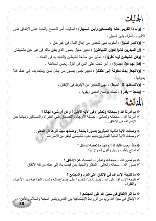 38
-‫ووه‬‫و‬‫حق‬ ‫القربووى‬ ‫ذا‬ ‫(وآت‬: )‫السووبيل‬ ‫وون‬‫و‬‫اب‬‫و‬ ‫المسووكين‬‫و‬‫ر‬ ‫ل‬‫ل‬‫ل‬ ‫ر‬ ‫ل‬‫ل‬ ‫ا‬ ‫رى‬ ‫ل‬‫ل‬ ‫لار‬‫ل‬‫ل‬‫ا‬ ‫ى‬‫أ‬‫ر‬ ‫ل‬‫ل‬‫ل‬‫ا‬ ‫لصر‬‫ل‬‫ل‬‫أمرأ‬ ‫ل‬‫ل‬‫ل‬‫س‬‫أ‬
.‫سبيلر‬ ‫ىبنرى‬‫أ‬‫ىءر‬‫ص‬‫ق‬ ‫ى‬‫أ‬‫صمر‬ ‫ىألق‬‫ر‬
-)‫ا‬ً‫تبذير‬ ‫تبذر‬ ‫ال‬‫و‬(‫رغيصرا‬ ‫لرف‬ ‫ل‬ ‫رى‬ ‫تاذيصرلنرإا‬ ‫ر‬ ‫أمراه‬ ‫:رأس‬.
-: )‫الشياطين‬ ‫ان‬‫و‬‫إخ‬ ‫ا‬‫و‬‫كان‬ ‫المبذرين‬ ‫(إن‬‫ذ‬ ‫تعبيصرجليلريلأصرى‬‫نر‬ ‫شيط‬ ‫رب‬ ‫رغيصرا‬ ‫هرف‬ ‫رل‬ ‫ىريا‬
-‫(وك‬: )‫ا‬ً‫كفرو‬ ‫لربه‬ ‫الشيطان‬ ‫ان‬.‫در‬ ‫س‬ ‫رى‬ ‫تشبهربهرف‬ ‫ى‬‫أ‬‫نر‬ ‫شيط‬ ‫بعةرى‬ ‫تاذيصرلنرلت‬
-: )‫ا‬ً‫ميسور‬ ً‫ال‬‫و‬‫ق‬ ‫لهم‬ ‫(فقل‬.‫ةر‬ ‫ل‬ ‫لع‬ ‫قألرأاسنرى‬ ‫رى‬ ‫ينرف‬ ‫رى‬ ‫اار‬ ‫ألصر‬‫ر‬
-)‫عنقوك‬ ‫إلوى‬ ‫مغلولوة‬ ‫يودك‬ ‫تجعل‬ ‫ال‬‫و‬(‫ر‬ ‫ل‬‫ف‬‫لهر‬‫ق‬‫ا‬ ‫ر‬ ‫ل‬ ‫لدقرإ‬‫ي‬‫للر‬‫ط‬‫ب‬‫ص‬‫لنر‬‫ل‬‫للرب‬‫م‬‫لنريب‬‫ل‬‫لأصر‬‫ل‬‫للري‬‫ي‬‫لصرجل‬‫ي‬‫:رتعب‬
‫ر‬ ‫ياصكه‬.
-‫كل‬ ‫تبسطها‬ ‫ال‬‫و‬(: )‫البسط‬‫ا‬ ‫رى‬ ‫ىطرف‬‫ص‬‫ف‬ ‫تاذيصرلنرى‬ ‫ر‬ ‫اه‬.
-‫(يبسط‬–: )‫يقدر‬‫د‬ ‫تض‬‫ر‬‫رأيقأيه‬ ‫لعا‬ ‫رى‬ ‫يأض‬.
‫؟‬ ‫نهانا‬ ‫شيء‬ ‫أى‬ ‫وعن‬ ‫؟‬ ‫األولى‬ ‫اآلية‬ ‫فى‬ ) ‫وتعالى‬ ‫سبْانه‬ ( ‫ّللا‬ ‫أمرنا‬ ‫بم‬
‫هللا‬ ‫را‬‫ر‬‫أمرن‬–‫رالى‬‫ر‬‫وتع‬ ‫ربحانه‬‫ر‬‫س‬–‫رن‬‫ر‬‫ع‬ ‫را‬‫ر‬‫ونهان‬ ‫راكين‬‫ر‬‫والمس‬ ‫رراء‬‫ر‬‫الفق‬ ‫رى‬‫ر‬‫عل‬ ‫ردق‬‫ر‬‫والتص‬ ‫رام‬‫ر‬‫األرح‬ ‫رلة‬‫ر‬‫بص‬
‫اإل‬ ‫فى‬ ‫اإلسراف‬. ‫نفاق‬
. ‫المعنى‬ ‫فى‬ ‫أثرها‬ ‫ا‬ً‫ن‬‫مبي‬ ‫وضْها‬ . ‫بشعة‬ ‫بصورة‬ ‫المبذرين‬ ‫الثانية‬ ‫اآلية‬ ‫وصفت‬
‫اإلسراف‬ ‫من‬ ‫لينفر‬ ‫للشياطين‬ ‫إخوة‬ ‫بأنهم‬ ‫المبذرين‬ ‫الثانية‬ ‫اآلية‬ ‫وصفت‬
‫تجد‬ ‫لم‬ ‫إذا‬ ‫عليك‬ ‫يجب‬ ‫ماذا‬‫؟‬ ‫للسائل‬ ‫تعطيه‬ ‫ما‬
‫ا‬ًّ‫ن‬‫لي‬ ‫قوال‬ ‫له‬ ‫وأقول‬ ‫وذوق‬ ‫بلطف‬ ‫أمتنع‬
‫ّللا‬ ‫صور‬ ‫بم‬–‫وتع‬ ‫سبْانه‬‫الى‬–‫؟‬ ‫اإلنفاق‬ ‫عن‬ ‫الممسك‬
‫هللا‬ ‫صور‬–‫وتعالى‬ ‫سبحانه‬–‫اإلنفاق‬ ‫قلة‬ ‫من‬ ‫عنقه‬ ‫إلى‬ ‫يداه‬ ‫قيدت‬ ‫بمن‬ ‫والبخيل‬ ‫المقتر‬
‫؟‬ ‫والمجتمع‬ ‫الفرد‬ ‫على‬ ‫اإلنفاق‬ ‫فى‬ ‫اإلسراف‬ ‫نتيجة‬ ‫ما‬
‫األغنيراء‬ ‫برين‬ ‫الكراهيرة‬ ‫وتسرود‬ ‫مالره‬ ‫ضرياع‬ ‫علرى‬ ‫ًّا‬‫ر‬‫متحسر‬ ‫را‬ًّ‫م‬‫ناد‬ ‫يقعرد‬ ‫الفرد‬ ‫على‬ ‫اإلسراف‬ ‫نتيجة‬
‫والفقراء‬
‫؟‬ ‫المجتمع‬ ‫على‬ ‫ّللا‬ ‫سبيل‬ ‫فى‬ ‫اإلنفاق‬ ‫أثر‬ ‫ما‬
‫واألمن‬ ‫والسالم‬ ‫المحبة‬ ‫وينشر‬ ‫الناس‬ ‫بين‬ ‫اإلجتماعية‬ ‫الروابط‬ ‫من‬ ‫يزيد‬ ‫هللا‬ ‫سبيل‬ ‫فى‬ ‫اإلنفاق‬
 