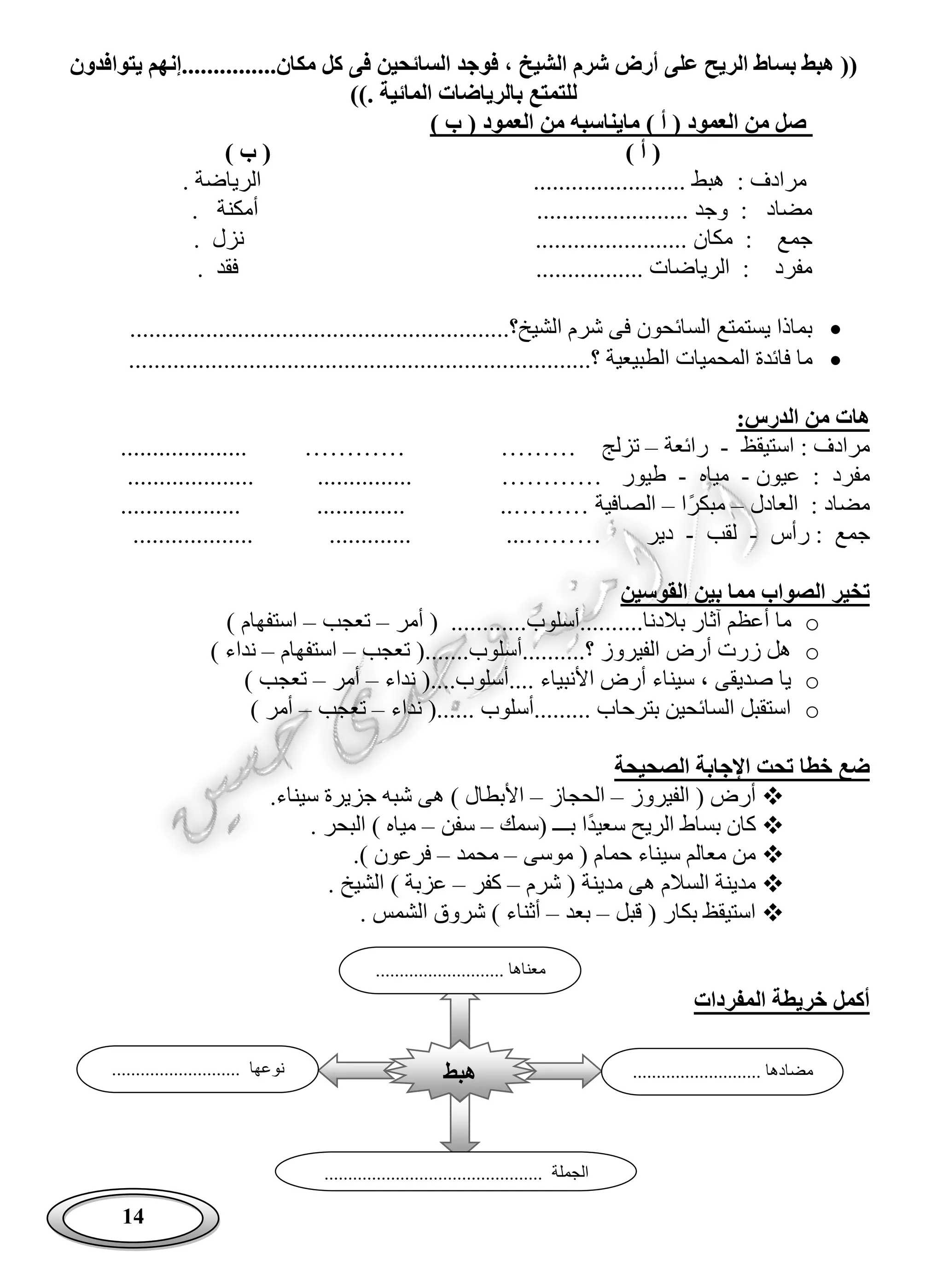14
، ‫الشيخ‬ ‫شرم‬ ‫أرض‬ ‫على‬ ‫الريح‬ ‫بساط‬ ‫هبط‬ ((‫السائ‬ ‫فوجد‬...........‫مكان‬ ‫كل‬ ‫فى‬ ‫حين‬‫يتوافدون‬ ‫....إنهم‬
)). ‫المائية‬ ‫بالرياضات‬ ‫للتمتع‬
) ‫ب‬ ( ‫العمود‬ ‫من‬ ‫مايناسبه‬ ) ‫أ‬ ( ‫العمود‬ ‫من‬ ‫صل‬
) ‫أ‬ () ‫ب‬ (
..... ‫هبط‬ : ‫مرادف‬. ‫الرياضة‬ ...................
. ‫أمكنة‬ ........................ ‫وجد‬ : ‫مضاد‬
........................ ‫مكان‬ : ‫جمع‬. ‫نزل‬
................. ‫الرياضات‬ : ‫مفرد‬. ‫فقد‬
..............................................‫الشيخ؟‬ ‫شرم‬ ‫فى‬ ‫السائحون‬ ‫يستمتع‬ ‫بماذا‬..............
.............‫؟‬ ‫الطبيعية‬ ‫المحميات‬ ‫فائدة‬ ‫ما‬............................................................
‫الدرس‬ ‫من‬ ‫هات‬:
‫استيقظ‬ : ‫مرادف‬-‫رائعة‬–‫تزلج‬.................... ………… ………
‫عيون‬ : ‫مفرد‬-‫مياه‬-‫طيور‬................. ............... …………...
‫العادل‬ : ‫مضاد‬–ً‫ر‬‫مبك‬‫ا‬–‫الصافية‬……................... .............. ..…
‫رأس‬ : ‫جمع‬-‫لقب‬-‫دير‬…................... ............. ...……
‫القوسين‬ ‫بين‬ ‫مما‬ ‫الصواب‬ ‫تخير‬
o....‫بالدنا‬ ‫آثار‬ ‫أعظم‬ ‫ما‬‫أمر‬ ( ............‫......أسلوب‬–‫تعجب‬–) ‫استفهام‬
o‫تعجب‬ (.......‫؟..........أسلوب‬ ‫الفيروز‬ ‫أرض‬ ‫زرت‬ ‫هل‬–‫استفهام‬–) ‫نداء‬
o‫نداء‬ (....‫....أسلوب‬ ‫األنبياء‬ ‫أرض‬ ‫سيناء‬ ، ‫صديقى‬ ‫يا‬–‫أمر‬–) ‫تعجب‬
o‫نداء‬ (...... ‫.........أسلوب‬ ‫بترحاب‬ ‫السائحين‬ ‫استقبل‬–‫تعجب‬–) ‫أمر‬
‫خطا‬ ‫ضع‬‫الصحيحة‬ ‫اإلجابة‬ ‫تحت‬
‫الفيروز‬ ( ‫أرض‬–‫الحجاز‬–.‫سيناء‬ ‫جزيرة‬ ‫شبه‬ ‫هى‬ ) ‫األبطال‬
ً‫د‬‫سعي‬ ‫الريح‬ ‫بساط‬ ‫كان‬‫(سمك‬ ‫بـــ‬ ‫ا‬–‫سفن‬–. ‫البحر‬ ) ‫مياه‬
‫موسى‬ ( ‫حمام‬ ‫سيناء‬ ‫معالم‬ ‫من‬–‫محمد‬–) ‫فرعون‬.
‫شرم‬ ( ‫مدينة‬ ‫هى‬ ‫السالم‬ ‫مدينة‬–‫كفر‬–) ‫عزبة‬. ‫الشيخ‬
‫قبل‬ ( ‫بكار‬ ‫استيقظ‬–‫بعد‬–‫أث‬. ‫الشمس‬ ‫شروق‬ ) ‫ناء‬
‫المفردات‬ ‫خريطة‬ ‫أكمل‬
‫هبط‬
........................... ‫معناها‬
........................... ‫مضادها‬..................... ‫نوعها‬......
.............................................. ‫الجملة‬
 