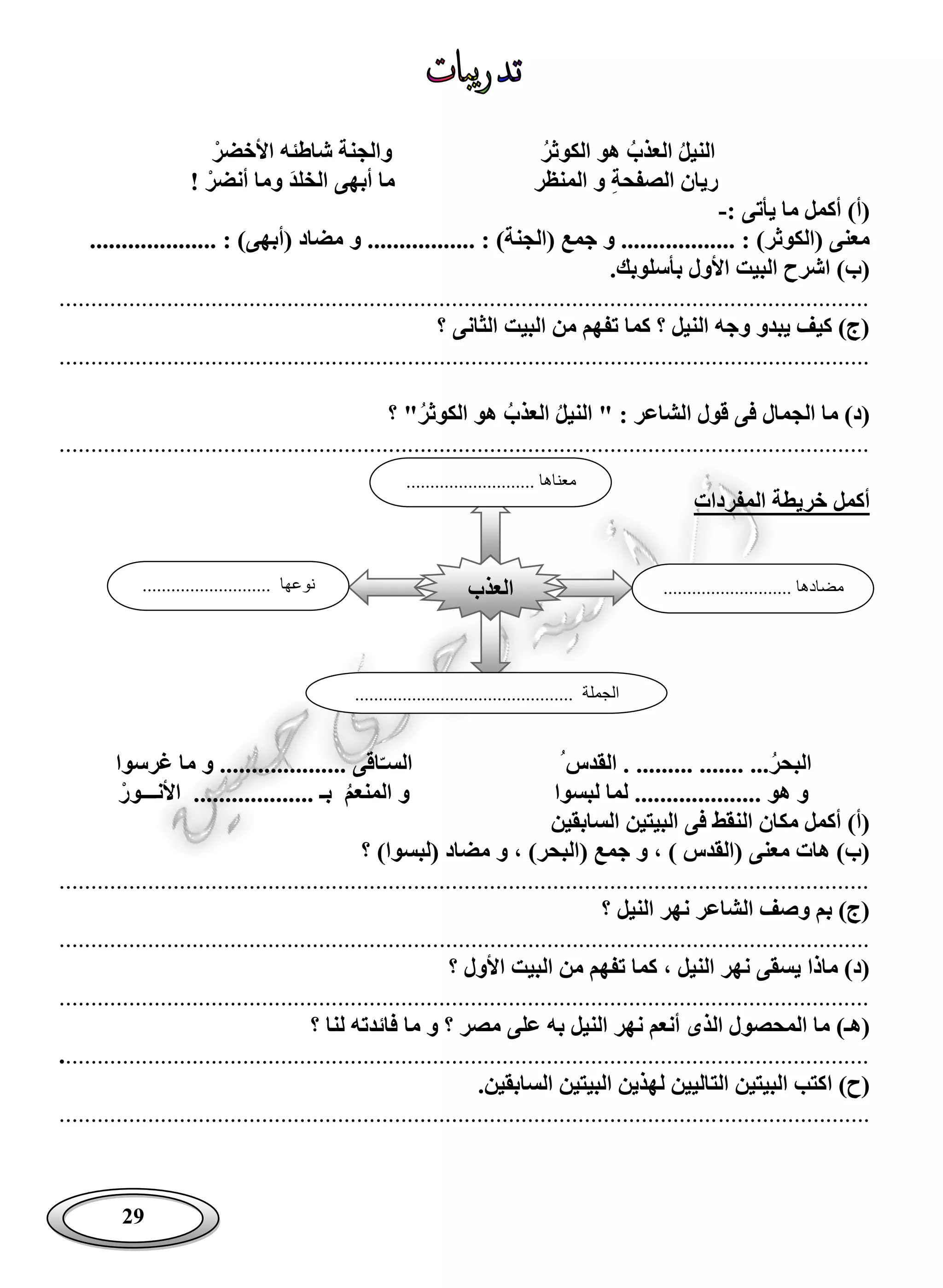 29
‫النيل‬‫العذب‬‫الكوثر‬ ‫هو‬‫األ‬ ‫شاطئه‬ ‫والجنة‬‫خضر‬
‫الصفحة‬ ‫ريان‬‫المنظر‬ ‫و‬‫الخلد‬ ‫أبهى‬ ‫ما‬‫و‬‫أنضر‬ ‫ما‬!
: ‫يأتى‬ ‫ما‬ ‫أكمل‬ )‫(أ‬-
........... : )‫(الكوثر‬ ‫معنى‬........ : )‫(الجنة‬ ‫جمع‬ ‫و‬ ................‫(أ‬ ‫مضاد‬ ‫و‬.............. : )‫بهى‬......
‫بأسلوبك‬ ‫األول‬ ‫البيت‬ ‫اشرح‬ )‫(ب‬.
................................................................................................................................
‫؟‬ ‫الثانى‬ ‫البيت‬ ‫من‬ ‫تفهم‬ ‫كما‬ ‫؟‬ ‫النيل‬ ‫وجه‬ ‫يبدو‬ ‫كيف‬ )‫(ج‬
................................................................................................................................
‫النيل‬ " : ‫الشاعر‬ ‫قول‬ ‫فى‬ ‫الجمال‬ ‫ما‬ )‫(د‬‫العذب‬‫الكوثر‬ ‫هو‬‫؟‬ "
................................................................................................................................
‫خري‬ ‫أكمل‬‫المفردات‬ ‫طة‬
‫البحر‬...................‫القدس‬ .‫الس‬ّ‫ـ‬‫غرسوا‬ ‫ما‬ ‫و‬ .................... ‫اقى‬
‫لبسوا‬ ‫لما‬ .................... ‫هو‬ ‫و‬‫المنعم‬ ‫و‬................... ‫بـ‬‫األن‬‫ـــ‬‫ور‬
‫السابقين‬ ‫البيتين‬ ‫فى‬ ‫النقط‬ ‫مكان‬ ‫أكمل‬ )‫(أ‬
‫جم‬ ‫و‬ ، ) ‫(القدس‬ ‫معنى‬ ‫هات‬ )‫(ب‬‫؟‬ )‫(لبسوا‬ ‫مضاد‬ ‫و‬ ، )‫(البحر‬ ‫ع‬
................................................................................................................................
‫؟‬ ‫النيل‬ ‫نهر‬ ‫الشاعر‬ ‫وصف‬ ‫بم‬ )‫(ج‬
................................................................................................................................
‫؟‬ ‫األول‬ ‫البيت‬ ‫من‬ ‫تفهم‬ ‫كما‬ ، ‫النيل‬ ‫نهر‬ ‫يسقى‬ ‫ماذا‬ )‫(د‬
................................................................................................................................
‫(ه‬‫ـ‬‫المحصو‬ ‫ما‬ )‫؟‬ ‫لنا‬ ‫فائدته‬ ‫ما‬ ‫و‬ ‫؟‬ ‫مصر‬ ‫على‬ ‫به‬ ‫النيل‬ ‫نهر‬ ‫أنعم‬ ‫الذى‬ ‫ل‬
................................................................................................................................
‫ا‬ )‫(ح‬.‫السابقين‬ ‫البيتين‬ ‫لهذين‬ ‫التاليين‬ ‫البيتين‬ ‫كتب‬
................................................................................................................................
‫العذب‬
........................... ‫معناها‬
........................... ‫مضادها‬........................... ‫نوعها‬
.............................................. ‫الجملة‬
 