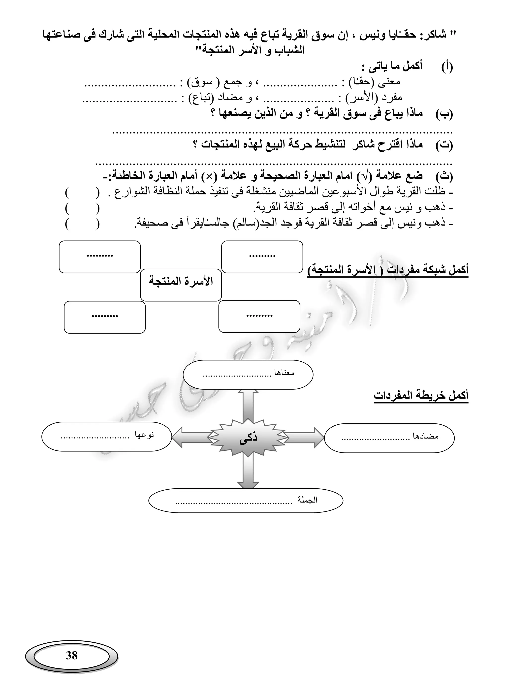 38
‫إ‬ ، ‫ونيس‬ ‫ايا‬‫حقــ‬ :‫شاكر‬ "‫صناعتها‬ ‫فى‬ ‫شارك‬ ‫التى‬ ‫المحلية‬ ‫المنتجات‬ ‫هذه‬ ‫فيه‬ ‫تباع‬ ‫القرية‬ ‫سوق‬ ‫ن‬
"‫المنتجة‬ ‫األسر‬ ‫و‬ ‫الشباب‬
(‫أ‬)‫ما‬ ‫أكمل‬: ‫ياتى‬
‫ا‬ً‫ـ‬‫(حق‬ ‫معنى‬........................... : )‫سوق‬ ( ‫جمع‬ ‫و‬ ، ...................... : )
............................ : )‫(تباع‬ ‫مضاد‬ ‫و‬ ، ..................... : )‫(األسر‬ ‫مفرد‬
(‫ب‬)‫يباع‬ ‫ماذا‬‫يصنع‬ ‫الذين‬ ‫من‬ ‫و‬ ‫؟‬ ‫القرية‬ ‫سوق‬ ‫فى‬‫؟‬ ‫ها‬
....................................................................................................
(‫ت‬)‫ا‬ ‫ماذا‬‫؟‬ ‫المنتجات‬ ‫لهذه‬ ‫البيع‬ ‫حركة‬ ‫لتنشيط‬ ‫شاكر‬ ‫قترح‬
.........................................................................................................
(‫ث‬)‫عالمة‬ ‫ضع‬)√(‫الصحيحة‬ ‫العبارة‬ ‫امام‬‫عالمة‬ ‫و‬)×(:‫الخاطئة‬ ‫العبارة‬ ‫أمام‬-
-. ‫الشوارع‬ ‫النظافة‬ ‫حملة‬ ‫تنفيذ‬ ‫فى‬ ‫منشغلة‬ ‫الماضيين‬ ‫األسبوعين‬ ‫طوال‬ ‫القرية‬ ‫ظلت‬()
-‫أ‬ ‫مع‬ ‫نيس‬ ‫و‬ ‫ذهب‬.‫القرية‬ ‫ثقافة‬ ‫قصر‬ ‫إلى‬ ‫خواته‬()
-‫الجد‬ ‫فوجد‬ ‫القرية‬ ‫ثقافة‬ ‫قصر‬ ‫إلى‬ ‫ونيس‬ ‫ذهب‬(‫س‬‫ا‬ً‫ـ‬‫جالس‬ )‫الم‬.‫صحيفة‬ ‫فى‬ ‫يقرأ‬()
‫شبكة‬ ‫أكمل‬( ‫مفردات‬‫المنتجة‬ ‫األسرة‬)
‫المفردات‬ ‫خريطة‬ ‫أكمل‬
‫المنتجة‬ ‫األسرة‬
..................
..................
‫ذكى‬
........................... ‫معناها‬
.... ‫مضادها‬.................................................. ‫نوعها‬
.............................................. ‫الجملة‬
 