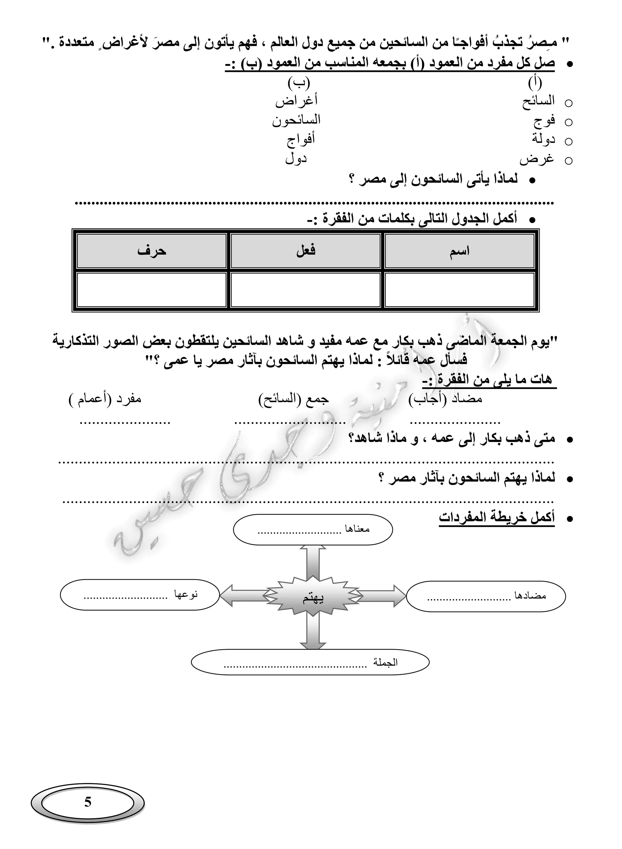 5
‫م‬ "‫ـ‬‫صر‬‫تجذب‬‫أفواج‬‫ا‬‫ـ‬‫السائحي‬ ‫من‬‫ا‬ ‫دول‬ ‫جميع‬ ‫من‬ ‫ن‬‫مصر‬ ‫إلى‬ ‫يأتون‬ ‫فهم‬ ، ‫لعالم‬‫ألغرا‬‫ض‬ٍ‫مت‬‫عددة‬."
: )‫(ب‬ ‫العمود‬ ‫من‬ ‫المناسب‬ ‫بجمعه‬ )‫(أ‬ ‫العمود‬ ‫من‬ ‫مفرد‬ ‫كل‬ ‫صل‬-
)‫(أ‬)‫(ب‬
o‫السائح‬‫أغراض‬
o‫فوج‬‫السائحون‬
o‫دولة‬‫أفواج‬
o‫غرض‬‫دول‬
‫يأ‬ ‫لماذا‬‫؟‬ ‫مصر‬ ‫إلى‬ ‫السائحون‬ ‫تى‬
...................................................................................................................
: ‫الفقرة‬ ‫من‬ ‫بكلمات‬ ‫التالى‬ ‫الجدول‬ ‫أكمل‬-
‫ا‬‫سم‬‫فعل‬‫حرف‬
‫التذكارية‬ ‫الصور‬ ‫بعض‬ ‫يلتقطون‬ ‫السائحين‬ ‫شاهد‬ ‫و‬ ‫مفيد‬ ‫عمه‬ ‫مع‬ ‫بكار‬ ‫ذهب‬ ‫الماضى‬ ‫الجمعة‬ ‫"يوم‬
"‫؟‬ ‫عمى‬ ‫يا‬ ‫مصر‬ ‫بآثار‬ ‫السائحون‬ ‫يهتم‬ ‫لماذا‬ : ‫قائال‬ ‫عمه‬ ‫فسأل‬
: ‫الفقرة‬ ‫من‬ ‫يلى‬ ‫ما‬ ‫هات‬-
‫مض‬)‫(السائح‬ ‫جمع‬ )‫(أجاب‬ ‫اد‬) ‫(أعمام‬ ‫مفرد‬
.......................................................................
‫شاهد؟‬ ‫ماذا‬ ‫و‬ ، ‫عمه‬ ‫إلى‬ ‫بكار‬ ‫ذهب‬ ‫متى‬
.......................................................................................................................
‫؟‬ ‫مصر‬ ‫بآثار‬ ‫السائحون‬ ‫يهتم‬ ‫لماذا‬
......................................................................................................................
‫المفرد‬ ‫خريطة‬ ‫أكمل‬‫ات‬
‫يهتم‬
........................... ‫معناها‬
........................... ‫مضادها‬........................... ‫نوعها‬
...... ‫الجملة‬........................................
 