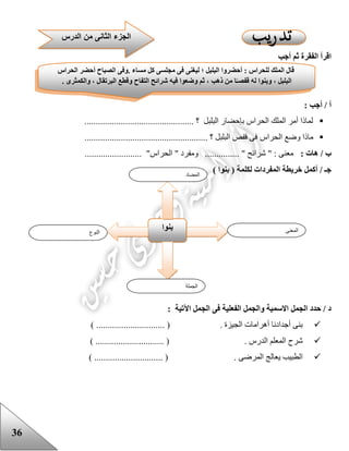 36
‫أجب‬ ‫ثم‬ ‫الفقرة‬ ‫اقرأ‬
: ‫أجب‬ / ‫أ‬
................................................ ‫؟‬ ‫البلبل‬ ‫بإحضار‬ ‫الحراس‬ ‫الملك‬ ‫أمر‬ ‫لماذا‬
‫الحراس‬ ‫وضع‬ ‫ماذا‬...................................................... ‫؟‬ ‫البلبل‬ ‫قفص‬ ‫فى‬
: ‫هات‬ / ‫ب‬......................... "‫الحراس‬ " ‫ومفرد‬ ............... " ‫شرائح‬ " : ‫معنى‬
‫المفردات‬ ‫خريطة‬ ‫أكمل‬ / ‫جـ‬) ‫بنوا‬ ( ‫لكلمة‬
‫الج‬ ‫فى‬ ‫الفعلية‬ ‫والجمل‬ ‫االسمية‬ ‫الجمل‬ ‫حدد‬ / ‫د‬: ‫اآلتية‬ ‫مل‬
) .............................. ( . ‫الجيزة‬ ‫أهرامات‬ ‫أجدادنا‬ ‫بنى‬
) .............................. ( . ‫الدرس‬ ‫المعلم‬ ‫شرح‬
................... ( . ‫المرضى‬ ‫يعالج‬ ‫الطبيب‬) ...........
‫الدرس‬ ‫من‬ ‫الثانى‬ ‫الجزء‬
‫النوع‬
‫بنوا‬ ‫المعنى‬
‫الجملة‬
‫المضاد‬
‫كل‬ ‫مجلسى‬ ‫فى‬ ‫ليغنى‬ ‫؛‬ ‫البلبل‬ ‫أحضروا‬ : ‫للحراس‬ ‫الملك‬ ‫قال‬‫الحراس‬ ‫أحضر‬ ‫الصباح‬ ‫.وفى‬ ‫مساء‬
. ‫والكمثرى‬ ، ‫البرتقال‬ ‫وقطع‬ ‫التفاح‬ ‫شرائح‬ ‫فيه‬ ‫وضعوا‬ ‫ثم‬ ، ‫ذهب‬ ‫من‬ ‫ا‬ً‫قفصـ‬ ‫له‬ ‫وبنوا‬ ، ‫البلبل‬
 