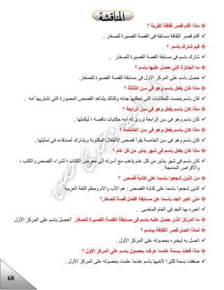 68
‫؟‬ ‫القرية‬ ‫ثقافة‬ ‫قصر‬ ‫أقام‬ ‫ماذا‬
‫الق‬ ‫القصة‬ ‫فى‬ ‫مسابقة‬ ‫الثقافة‬ ‫قصر‬ ‫أقام‬. ‫للصغار‬ ‫صيرة‬
‫؟‬ ‫باسم‬ ‫شارك‬ ‫فيم‬
. ‫للصغار‬ ‫القصيرة‬ ‫القصة‬ ‫مسابقة‬ ‫فى‬ ‫باسم‬ ‫شارك‬
‫؟‬ ‫باسم‬ ‫عليها‬ ‫حصل‬ ‫التى‬ ‫الجائزة‬ ‫ما‬
.‫للصغار‬ ‫القصيرة‬ ‫القصة‬ ‫مسابقة‬ ‫فى‬ ‫األول‬ ‫المركز‬ ‫على‬ ‫باسم‬ ‫حصل‬
‫؟‬ ‫الثالثة‬ ‫سن‬ ‫فى‬ ‫وهو‬ ‫باسم‬ ‫يفعل‬ ‫كان‬ ‫ماذا‬
‫يشا‬ ‫وكذلك‬ ‫جدته‬ ‫تحكيها‬ ‫التى‬ ‫للحكايات‬ ‫ينصت‬ ‫باسم‬ ‫كان‬. ‫أمه‬ ‫تشتريها‬ ‫التى‬ ‫المصورة‬ ‫القصص‬ ‫هد‬
‫؟‬ ‫الرابعة‬ ‫سن‬ ‫فى‬ ‫وهو‬ ‫يفعل‬ ‫باسم‬ ‫كان‬ ‫ماذا‬
. ‫ليكملها‬ ‫؛‬ ‫ناقصة‬ ‫حكايات‬ ‫امه‬ ‫له‬ ‫تروى‬ ‫الرابعة‬ ‫سن‬ ‫فى‬ ‫وهو‬ ‫باسم‬ ‫كان‬
‫؟‬ ‫الخامسة‬ ‫سن‬ ‫فى‬ ‫وهو‬ ‫يفعل‬ ‫باسم‬ ‫كان‬ ‫ماذا‬
‫تمثي‬ ‫فى‬ ‫أصدقاءه‬ ‫ويشارك‬ ‫المكتوبة‬ ‫األعفال‬ ‫قصص‬ ‫يقرأ‬ ‫الخامسة‬ ‫سن‬ ‫فى‬ ‫وهو‬ ‫باسم‬ ‫كان‬. ‫لها‬
‫؟‬ ‫عام‬ ‫كل‬ ‫من‬ ‫يناير‬ ‫شهر‬ ‫فى‬ ‫باسم‬ ‫يفعل‬ ‫كان‬ ‫ماذا‬
، ‫والكتب‬ ‫القصص‬ ‫لشراء‬ ‫؛‬ ‫الكتاب‬ ‫معرض‬ ‫إلى‬ ‫أسرته‬ ‫مع‬ ‫يذهب‬ ‫عام‬ ‫كل‬ ‫من‬ ‫يناير‬ ‫شهر‬ ‫فى‬ ‫باسم‬ ‫كان‬
. ‫المدمجة‬ ‫واألقراص‬
‫؟‬ ‫قصص‬ ‫كتابة‬ ‫على‬ ‫باسما‬ ‫شجعوا‬ ‫الذين‬ ‫من‬
‫ال‬ ‫اللغة‬ ‫ومعلم‬ ‫واألم‬ ‫األب‬ ‫هم‬ : ‫القصص‬ ‫كتابة‬ ‫على‬ ‫باسما‬ ‫شجعوا‬ ‫الذين‬. ‫عربية‬
‫للصغار؟‬ ‫قصة‬ ‫أفضل‬ ‫مسابقة‬ ‫عن‬ ‫باسما‬ ‫الجد‬ ‫أخبر‬ ‫متى‬
. ‫الماضى‬ ‫العام‬ ‫فى‬ ‫الجد‬ ‫بها‬ ‫أخبره‬
‫؟‬ ‫للصغار‬ ‫القصيرة‬ ‫القصة‬ ‫مسابقة‬ ‫فى‬ ‫باسم‬ ‫عليه‬ ‫حصل‬ ‫الذى‬ ‫المركز‬ ‫ما‬‫األول‬ ‫المركز‬ ‫على‬ ‫باسم‬ ‫حصل‬
‫؟‬ ‫بباسم‬ ‫الثقافة‬ ‫قصر‬ ‫اتصل‬ ‫لماذا‬
. ‫األول‬ ‫المركز‬ ‫على‬ ‫بحصوله‬ ‫ليخبره‬ ‫به‬ ‫اتصل‬
‫ماذ‬‫؟‬ ‫األول‬ ‫المركز‬ ‫على‬ ‫باسم‬ ‫بحصول‬ ‫عرفت‬ ‫عندما‬ ‫بسمة‬ ‫فعلت‬ ‫ا‬
. ‫األول‬ ‫المركز‬ ‫على‬ ‫بحصوله‬ ‫علمت‬ ‫عندما‬ ‫باسم‬ ‫ألخيها‬ ‫كثيرا‬ ‫بسمة‬ ‫صفقت‬
 