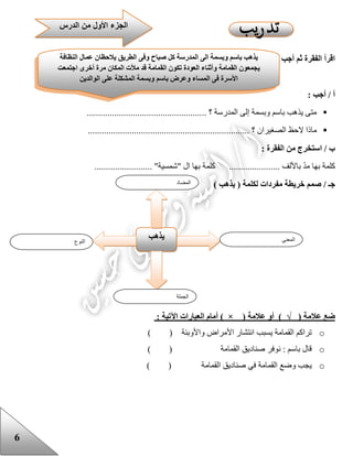 6
‫أجب‬ ‫ثم‬ ‫الفقرة‬ ‫اقرأ‬
: ‫أجب‬ / ‫أ‬
.................................................... ‫؟‬ ‫المدرسة‬ ‫إلى‬ ‫وبسمة‬ ‫باسم‬ ‫يذهب‬ ‫متى‬
................................ ‫؟‬ ‫الصغيران‬ ‫الحظ‬ ‫ماذا‬......................................
: ‫الفقرة‬ ‫من‬ ‫استخرج‬ / ‫ب‬
......................... "‫"شمسية‬ ‫ال‬ ‫بها‬ ‫كلمة‬ ...................... ‫باأللف‬ ّ‫د‬‫م‬ ‫بها‬ ‫كلمة‬
/ ‫جـ‬‫خريطة‬ ‫صمم‬‫مفردات‬) ‫يذهب‬ ( ‫لكلمة‬
‫ضع‬‫عالمة‬)√(‫أو‬‫عالمة‬) × (‫أمام‬‫العبارات‬‫اآلتية‬:
o‫تراكم‬‫القمامة‬‫يسبب‬‫انتشار‬‫األمراض‬‫واألوبئة‬( )
o‫قال‬‫باسم‬:‫نوفر‬‫صناديق‬‫القمامة‬( )
o‫يجب‬‫وضع‬‫القمامة‬‫في‬‫صناديق‬‫القمامة‬( )
‫النوع‬
‫يذهب‬ ‫المعنى‬
‫الجملة‬
‫المضاد‬
‫يذهب‬‫باسم‬‫وبسمة‬‫ال‬‫ى‬‫المدرسة‬‫كل‬‫صباح‬‫وفى‬‫الطريق‬‫يالحظان‬‫عمال‬‫النظافة‬
‫يجمعون‬‫القمامة‬‫وأثناء‬‫العودة‬‫تكون‬‫القمامة‬‫قد‬‫مألت‬‫المكان‬‫مرة‬‫أخرى‬‫اجتمعت‬
‫األسرة‬‫فى‬‫المساء‬‫وعرض‬‫باسم‬‫وبسمة‬‫المشكلة‬‫على‬‫الوالدين‬
‫الدرس‬ ‫من‬ ‫األول‬ ‫الجزء‬
 