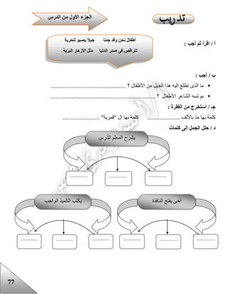 77
: ‫أجب‬ ‫ثم‬ ‫اقرأ‬ / ‫أ‬
: ‫أجب‬ / ‫ب‬
........................................ ‫؟‬ ‫األعفال‬ ‫من‬ ‫الجيل‬ ‫هذا‬ ‫إليه‬ ‫تطلع‬ ‫الذى‬ ‫ما‬...........
....................................................................... ‫؟‬ ‫األعفال‬ ‫الشاعر‬ ‫شبه‬ ‫بم‬
: ‫الفقرة‬ ‫من‬ ‫استخرج‬ / ‫جـ‬
......................... "‫"قمرية‬ ‫ال‬ ‫بها‬ ‫كلمة‬ ...................... ‫باأللف‬ ّ‫د‬‫م‬ ‫بها‬ ‫كلمة‬
‫كلمات‬ ‫إلى‬ ‫الجمل‬ ‫حلل‬ / ‫د‬
‫للحرية‬ ‫يصبو‬ ‫جيال‬ ‫جئنا‬ ‫وقد‬ ‫نحن‬ ٌ‫ل‬‫أطفا‬
‫ية‬‫البر‬ ‫األزهار‬ ‫مثل‬ ‫الدنيا‬ ‫صدر‬ ‫فى‬ ‫تتراقص‬
‫الدرس‬ ‫من‬ ‫األول‬ ‫الجزء‬
‫رس‬ّ‫د‬‫ال‬ ‫المعلم‬ ‫يشرح‬
................................................
‫الواجب‬ ‫التلميذ‬ ‫يكتب‬
.............................................
‫النافذة‬ ‫يفتح‬ ‫أخى‬
................................................
 