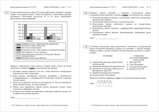 Демонстрационный вариант ЕГЭ 2017 г. ОБЩЕСТВОЗНАНИЕ, 11 класс. 9 / 33
© 2017 Федеральная служба по надзору в сфере образования и науки Российской Федерации
В ходе социологического опроса 23-летних работающих юношей и девушек
страны Z им задавали вопрос: «Зачем Вы работаете, какова Ваша трудовая
мотивация?» Полученные результаты (в % от числа опрошенных)
представлены в виде диаграммы.
Найдите в приведённом списке выводы, которые можно сделать на основе
диаграммы, и запишите цифры, под которыми они указаны.
1) Половина юношей работают для того, чтобы обеспечить материальное
благополучие себе и своей семье.
2) Доли девушек, связывающих трудовую мотивацию с потребностью
в самореализации и с возможностью путешествий, общения с разными
людьми, равны.
3) Доля тех, кто работает, потому что им интересно то, чем они занимаются,
среди девушек больше, чем среди юношей.
4) Равные доли опрошенных каждой группы прилагают усилия, чтобы
подняться по карьерной лестнице.
5) Бóльшая доля юношей, по сравнению с девушками, работает потому, что
их работа очень нужна обществу.
Ответ: ___________________________.
12
Демонстрационный вариант ЕГЭ 2017 г. ОБЩЕСТВОЗНАНИЕ, 11 класс. 10 / 33
© 2017 Федеральная служба по надзору в сфере образования и науки Российской Федерации
Выберите верные суждения о функциях политической партии
в демократическом обществе и запишите цифры, под которыми они указаны.
1) Политические партии участвуют в организации, подготовке и проведении
парламентских выборов.
2) Политические партии участвуют в судопроизводстве.
3) Политические партии мобилизуют граждан на осуществление
политических действий.
4) Политические партии участвуют в формировании правоохранительных
органов.
5) Политические партии проводят организационные мероприятия среди
партийного актива.
Ответ: ___________________________.
Установите соответствие между функциями и субъектами государственной
власти Российской Федерации, которые их исполняют: к каждой позиции,
данной в первом столбце, подберите соответствующую позицию из второго
столбца.
ФУНКЦИИ СУБЪЕКТЫ
ГОСУДАРСТВЕННОЙ
ВЛАСТИ РФ
А) утверждение изменения границ между
субъектами РФ
Б) управление федеральной собственностью
В) назначение на должность Председателя
Центрального банка РФ
Г) разработка федерального бюджета
Д) осуществление помилования
1) Президент РФ
2) Совет Федерации
3) Государственная Дума
4) Правительство РФ
Запишите в таблицу выбранные цифры под соответствующими буквами.
А Б В Г Д
Ответ:
13
14
 