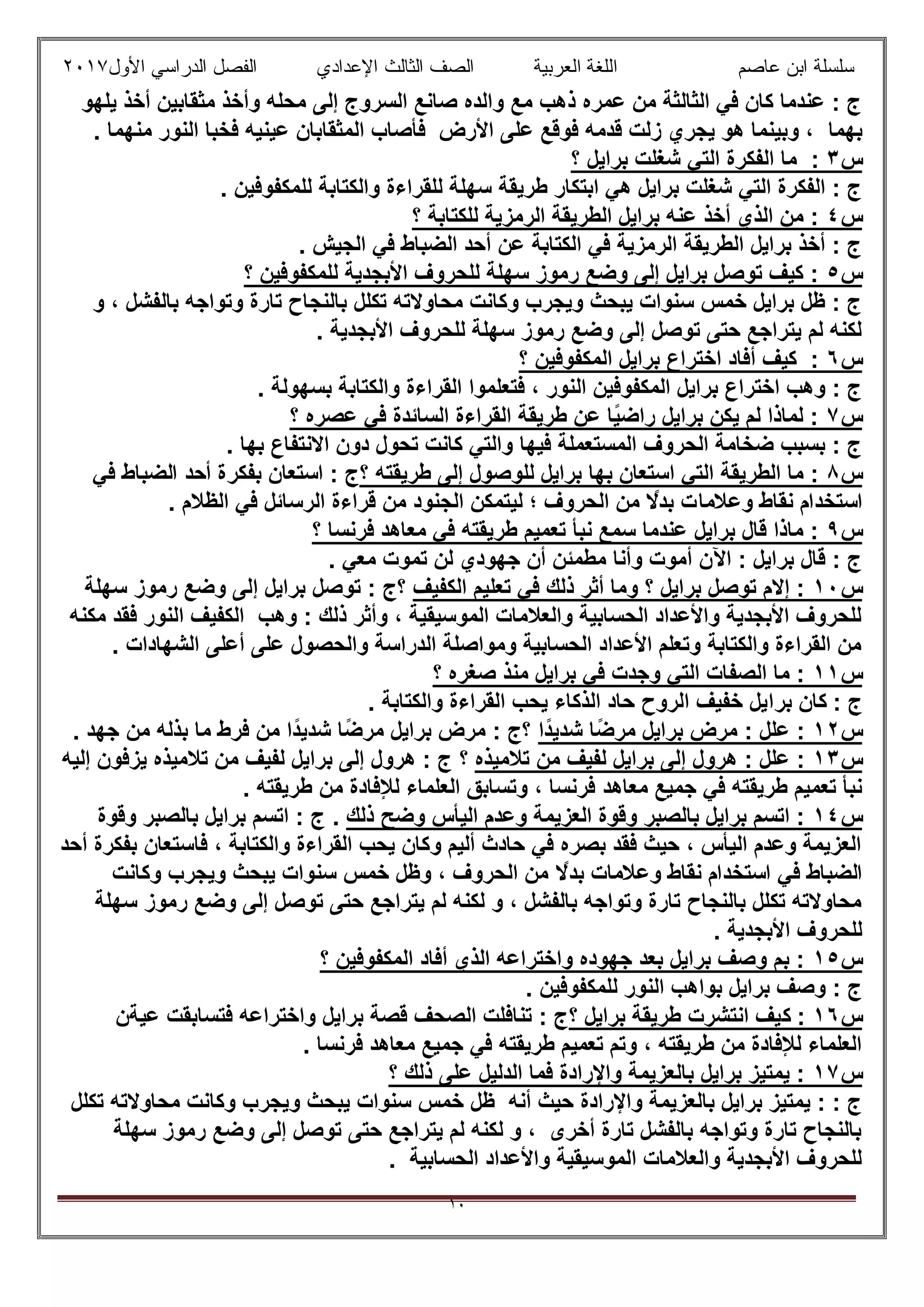 ‫ﻋﺎﺻم‬ ‫اﺑن‬ ‫ﺳﻠﺳﻠﺔ‬‫اﻟﻌرﺑﯾﺔ‬ ‫اﻟﻠﻐﺔ‬‫اﻟﺛﺎ‬ ‫اﻟﺻف‬‫ﻟث‬‫اﻷول‬ ‫اﻟدراﺳﻲ‬ ‫اﻟﻔﺻل‬ ‫اﻹﻋدادي‬٢٠١٧
١٠
‫ﯾﻠﮭو‬ ‫أﺧذ‬ ‫ﻣﺛﻘﺎﺑﯾن‬ ‫وأﺧذ‬ ‫ﻣﺣﻠﮫ‬ ‫إﻟﻰ‬ ‫اﻟﺳروج‬ ‫ﺻﺎﻧﻊ‬ ‫واﻟده‬ ‫ﻣﻊ‬ ‫ذھب‬ ‫ﻋﻣره‬ ‫ﻣن‬ ‫اﻟﺛﺎﻟﺛﺔ‬ ‫ﻓﻲ‬ ‫ﻛﺎن‬ ‫ﻋﻧدﻣﺎ‬ : ‫ج‬
‫ﺑﮭﻣﺎ‬. ‫ﻣﻧﮭﻣﺎ‬ ‫اﻟﻧور‬ ‫ﻓﺧﺑﺎ‬ ‫ﻋﯾﻧﯾﮫ‬ ‫اﻟﻣﺛﻘﺎﺑﺎن‬ ‫ﻓﺄﺻﺎب‬ ‫اﻷرض‬ ‫ﻋﻠﻰ‬ ‫ﻓوﻗﻊ‬ ‫ﻗدﻣﮫ‬ ‫زﻟت‬ ‫ﯾﺟري‬ ‫ھو‬ ‫وﺑﯾﻧﻣﺎ‬ ،
‫س‬٣:‫ﺑراﯾل‬ ‫ﺷﻐﻠت‬ ‫اﻟﺗﻲ‬ ‫اﻟﻔﻛرة‬ ‫ﻣﺎ‬‫؟‬
. ‫ﻟﻠﻣﻛﻔوﻓﯾن‬ ‫واﻟﻛﺗﺎﺑﺔ‬ ‫ﻟﻠﻘراءة‬ ‫ﺳﮭﻠﺔ‬ ‫طرﯾﻘﺔ‬ ‫اﺑﺗﻛﺎر‬ ‫ھﻲ‬ ‫ﺑراﯾل‬ ‫ﺷﻐﻠت‬ ‫اﻟﺗﻲ‬ ‫اﻟﻔﻛرة‬ : ‫ج‬
‫س‬٤‫؟‬ ‫ﻟﻠﻛﺗﺎﺑﺔ‬ ‫اﻟرﻣزﯾﺔ‬ ‫اﻟطرﯾﻘﺔ‬ ‫ﺑراﯾل‬ ‫ﻋﻧﮫ‬ ‫أﺧذ‬ ‫اﻟذي‬ ‫ﻣن‬ :
. ‫اﻟﺟﯾش‬ ‫ﻓﻲ‬ ‫اﻟﺿﺑﺎط‬ ‫أﺣد‬ ‫ﻋن‬ ‫اﻟﻛﺗﺎﺑﺔ‬ ‫ﻓﻲ‬ ‫اﻟرﻣزﯾﺔ‬ ‫اﻟطرﯾﻘﺔ‬ ‫ﺑراﯾل‬ ‫أﺧذ‬ : ‫ج‬
‫س‬٥‫ﻟﻠﻣ‬ ‫اﻷﺑﺟدﯾﺔ‬ ‫ﻟﻠﺣروف‬ ‫ﺳﮭﻠﺔ‬ ‫رﻣوز‬ ‫وﺿﻊ‬ ‫إﻟﻰ‬ ‫ﺑراﯾل‬ ‫ﺗوﺻل‬ ‫ﻛﯾف‬ :‫؟‬ ‫ﻛﻔوﻓﯾن‬
‫و‬ ، ‫ﺑﺎﻟﻔﺷل‬ ‫وﺗواﺟﮫ‬ ‫ﺗﺎرة‬ ‫ﺑﺎﻟﻧﺟﺎح‬ ‫ﺗﻛﻠل‬ ‫ﻣﺣﺎوﻻﺗﮫ‬ ‫وﻛﺎﻧت‬ ‫وﯾﺟرب‬ ‫ﯾﺑﺣث‬ ‫ﺳﻧوات‬ ‫ﺧﻣس‬ ‫ﺑراﯾل‬ ‫ظل‬ : ‫ج‬
. ‫اﻷﺑﺟدﯾﺔ‬ ‫ﻟﻠﺣروف‬ ‫ﺳﮭﻠﺔ‬ ‫رﻣوز‬ ‫وﺿﻊ‬ ‫إﻟﻰ‬ ‫ﺗوﺻل‬ ‫ﺣﺗﻰ‬ ‫ﯾﺗراﺟﻊ‬ ‫ﻟم‬ ‫ﻟﻛﻧﮫ‬
‫س‬٦‫؟‬ ‫اﻟﻣﻛﻔوﻓﯾن‬ ‫ﺑراﯾل‬ ‫اﺧﺗراع‬ ‫أﻓﺎد‬ ‫ﻛﯾف‬ :
‫واﻟﻛﺗﺎﺑ‬ ‫اﻟﻘراءة‬ ‫ﻓﺗﻌﻠﻣوا‬ ، ‫اﻟﻧور‬ ‫اﻟﻣﻛﻔوﻓﯾن‬ ‫ﺑراﯾل‬ ‫اﺧﺗراع‬ ‫وھب‬ : ‫ج‬. ‫ﺑﺳﮭوﻟﺔ‬ ‫ﺔ‬
‫س‬٧‫؟‬ ‫ﻋﺻره‬ ‫ﻓﻲ‬ ‫اﻟﺳﺎﺋدة‬ ‫اﻟﻘراءة‬ ‫طرﯾﻘﺔ‬ ‫ﻋن‬ ‫ًﺎ‬‫ﯾ‬‫راﺿ‬ ‫ﺑراﯾل‬ ‫ﯾﻛن‬ ‫ﻟم‬ ‫ﻟﻣﺎذا‬ :
. ‫ﺑﮭﺎ‬ ‫اﻻﻧﺗﻔﺎع‬ ‫دون‬ ‫ﺗﺣول‬ ‫ﻛﺎﻧت‬ ‫واﻟﺗﻲ‬ ‫ﻓﯾﮭﺎ‬ ‫اﻟﻣﺳﺗﻌﻣﻠﺔ‬ ‫اﻟﺣروف‬ ‫ﺿﺧﺎﻣﺔ‬ ‫ﺑﺳﺑب‬ : ‫ج‬
‫س‬٨‫؟‬ ‫طرﯾﻘﺗﮫ‬ ‫إﻟﻰ‬ ‫ﻟﻠوﺻول‬ ‫ﺑراﯾل‬ ‫ﺑﮭﺎ‬ ‫اﺳﺗﻌﺎن‬ ‫اﻟﺗﻲ‬ ‫اﻟطرﯾﻘﺔ‬ ‫ﻣﺎ‬ :‫ﻓﻲ‬ ‫اﻟﺿﺑﺎط‬ ‫أﺣد‬ ‫ﺑﻔﻛرة‬ ‫اﺳﺗﻌﺎن‬ : ‫ج‬
‫وﻋﻼﻣﺎ‬ ‫ﻧﻘﺎط‬ ‫اﺳﺗﺧدام‬. ‫اﻟظﻼم‬ ‫ﻓﻲ‬ ‫اﻟرﺳﺎﺋل‬ ‫ﻗراءة‬ ‫ﻣن‬ ‫اﻟﺟﻧود‬ ‫ﻟﯾﺗﻣﻛن‬ ‫؛‬ ‫اﻟﺣروف‬ ‫ﻣن‬ ً‫ﺑدﻻ‬ ‫ت‬
‫س‬٩‫؟‬ ‫ﻓرﻧﺳﺎ‬ ‫ﻣﻌﺎھد‬ ‫ﻓﻲ‬ ‫طرﯾﻘﺗﮫ‬ ‫ﺗﻌﻣﯾم‬ ‫ﻧﺑﺄ‬ ‫ﺳﻣﻊ‬ ‫ﻋﻧدﻣﺎ‬ ‫ﺑراﯾل‬ ‫ﻗﺎل‬ ‫ﻣﺎذا‬ :
. ‫ﻣﻌﻲ‬ ‫ﺗﻣوت‬ ‫ﻟن‬ ‫ﺟﮭودي‬ ‫أن‬ ‫ﻣطﻣﺋن‬ ‫وأﻧﺎ‬ ‫أﻣوت‬ ‫اﻵن‬ : ‫ﺑراﯾل‬ ‫ﻗﺎل‬ : ‫ج‬
‫س‬١٠‫اﻟﻛﻔﯾف‬ ‫ﺗﻌﻠﯾم‬ ‫ﻓﻲ‬ ‫ذﻟك‬ ‫أﺛر‬ ‫وﻣﺎ‬ ‫؟‬ ‫ﺑراﯾل‬ ‫ﺗوﺻل‬ ‫إﻻم‬ :‫إ‬ ‫ﺑراﯾل‬ ‫ﺗوﺻل‬ : ‫؟ج‬‫ﺳﮭﻠﺔ‬ ‫رﻣوز‬ ‫وﺿﻊ‬ ‫ﻟﻰ‬
‫ﻣﻛﻧﮫ‬ ‫ﻓﻘد‬ ‫اﻟﻧور‬ ‫اﻟﻛﻔﯾف‬ ‫وھب‬ : ‫ذﻟك‬ ‫وأﺛر‬ ، ‫اﻟﻣوﺳﯾﻘﯾﺔ‬ ‫واﻟﻌﻼﻣﺎت‬ ‫اﻟﺣﺳﺎﺑﯾﺔ‬ ‫واﻷﻋداد‬ ‫اﻷﺑﺟدﯾﺔ‬ ‫ﻟﻠﺣروف‬
. ‫اﻟﺷﮭﺎدات‬ ‫أﻋﻠﻰ‬ ‫ﻋﻠﻰ‬ ‫واﻟﺣﺻول‬ ‫اﻟدراﺳﺔ‬ ‫وﻣواﺻﻠﺔ‬ ‫اﻟﺣﺳﺎﺑﯾﺔ‬ ‫اﻷﻋداد‬ ‫وﺗﻌﻠم‬ ‫واﻟﻛﺗﺎﺑﺔ‬ ‫اﻟﻘراءة‬ ‫ﻣن‬
‫س‬١١‫؟‬ ‫ﺻﻐره‬ ‫ﻣﻧذ‬ ‫ﺑراﯾل‬ ‫ﻓﻲ‬ ‫وﺟدت‬ ‫اﻟﺗﻲ‬ ‫اﻟﺻﻔﺎت‬ ‫ﻣﺎ‬ :
‫ﺑرا‬ ‫ﻛﺎن‬ : ‫ج‬. ‫واﻟﻛﺗﺎﺑﺔ‬ ‫اﻟﻘراءة‬ ‫ﯾﺣب‬ ‫اﻟذﻛﺎء‬ ‫ﺣﺎد‬ ‫اﻟروح‬ ‫ﺧﻔﯾف‬ ‫ﯾل‬
‫س‬١٢‫ًا‬‫د‬‫ﺷدﯾ‬ ‫ًﺎ‬‫ﺿ‬‫ﻣر‬ ‫ﺑراﯾل‬ ‫ﻣرض‬ : ‫ﻋﻠل‬ :. ‫ﺟﮭد‬ ‫ﻣن‬ ‫ﺑذﻟﮫ‬ ‫ﻣﺎ‬ ‫ﻓرط‬ ‫ﻣن‬ ‫ًا‬‫د‬‫ﺷدﯾ‬ ‫ًﺎ‬‫ﺿ‬‫ﻣر‬ ‫ﺑراﯾل‬ ‫ﻣرض‬ : ‫؟ج‬
‫س‬١٣‫ﺗﻼﻣﯾذه‬ ‫ﻣن‬ ‫ﻟﻔﯾف‬ ‫ﺑراﯾل‬ ‫إﻟﻰ‬ ‫ھرول‬ : ‫ﻋﻠل‬ :‫؟‬‫إﻟﯾﮫ‬ ‫ﯾزﻓون‬ ‫ﺗﻼﻣﯾذه‬ ‫ﻣن‬ ‫ﻟﻔﯾف‬ ‫ﺑراﯾل‬ ‫إﻟﻰ‬ ‫ھرول‬ : ‫ج‬
‫ﻣﻌﺎھد‬ ‫ﺟﻣﯾﻊ‬ ‫ﻓﻲ‬ ‫طرﯾﻘﺗﮫ‬ ‫ﺗﻌﻣﯾم‬ ‫ﻧﺑﺄ‬. ‫طرﯾﻘﺗﮫ‬ ‫ﻣن‬ ‫ﻟﻺﻓﺎدة‬ ‫اﻟﻌﻠﻣﺎء‬ ‫وﺗﺳﺎﺑق‬ ، ‫ﻓرﻧﺳﺎ‬
‫س‬١٤‫ذﻟك‬ ‫وﺿﺢ‬ ‫اﻟﯾﺄس‬ ‫وﻋدم‬ ‫اﻟﻌزﯾﻣﺔ‬ ‫وﻗوة‬ ‫ﺑﺎﻟﺻﺑر‬ ‫ﺑراﯾل‬ ‫اﺗﺳم‬ :.‫وﻗوة‬ ‫ﺑﺎﻟﺻﺑر‬ ‫ﺑراﯾل‬ ‫اﺗﺳم‬ : ‫ج‬
‫أﺣد‬ ‫ﺑﻔﻛرة‬ ‫ﻓﺎﺳﺗﻌﺎن‬ ، ‫واﻟﻛﺗﺎﺑﺔ‬ ‫اﻟﻘراءة‬ ‫ﯾﺣب‬ ‫وﻛﺎن‬ ‫أﻟﯾم‬ ‫ﺣﺎدث‬ ‫ﻓﻲ‬ ‫ﺑﺻره‬ ‫ﻓﻘد‬ ‫ﺣﯾث‬ ، ‫اﻟﯾﺄس‬ ‫وﻋدم‬ ‫اﻟﻌزﯾﻣﺔ‬
ً‫ﺑدﻻ‬ ‫وﻋﻼﻣﺎت‬ ‫ﻧﻘﺎط‬ ‫اﺳﺗﺧدام‬ ‫ﻓﻲ‬ ‫اﻟﺿﺑﺎط‬‫وﻛﺎﻧت‬ ‫وﯾﺟرب‬ ‫ﯾﺑﺣث‬ ‫ﺳﻧوات‬ ‫ﺧﻣس‬ ‫وظل‬ ، ‫اﻟﺣروف‬ ‫ﻣن‬
‫ﺳﮭﻠﺔ‬ ‫رﻣوز‬ ‫وﺿﻊ‬ ‫إﻟﻰ‬ ‫ﺗوﺻل‬ ‫ﺣﺗﻰ‬ ‫ﯾﺗراﺟﻊ‬ ‫ﻟم‬ ‫ﻟﻛﻧﮫ‬ ‫و‬ ، ‫ﺑﺎﻟﻔﺷل‬ ‫وﺗواﺟﮫ‬ ‫ﺗﺎرة‬ ‫ﺑﺎﻟﻧﺟﺎح‬ ‫ﺗﻛﻠل‬ ‫ﻣﺣﺎوﻻﺗﮫ‬
. ‫اﻷﺑﺟدﯾﺔ‬ ‫ﻟﻠﺣروف‬
‫س‬١٥‫؟‬ ‫اﻟﻣﻛﻔوﻓﯾن‬ ‫أﻓﺎد‬ ‫اﻟذي‬ ‫واﺧﺗراﻋﮫ‬ ‫ﺟﮭوده‬ ‫ﺑﻌد‬ ‫ﺑراﯾل‬ ‫وﺻف‬ ‫ﺑم‬ :
. ‫ﻟﻠﻣﻛﻔوﻓﯾن‬ ‫اﻟﻧور‬ ‫ﺑواھب‬ ‫ﺑراﯾل‬ ‫وﺻف‬ : ‫ج‬
‫س‬١٦‫ﻛ‬ :‫؟‬ ‫ﺑراﯾل‬ ‫طرﯾﻘﺔ‬ ‫اﻧﺗﺷرت‬ ‫ﯾف‬‫ﻋﯾﺔن‬ ‫ﻓﺗﺳﺎﺑﻘت‬ ‫واﺧﺗراﻋﮫ‬ ‫ﺑراﯾل‬ ‫ﻗﺻﺔ‬ ‫اﻟﺻﺣف‬ ‫ﺗﻧﺎﻓﻠت‬ : ‫ج‬
. ‫ﻓرﻧﺳﺎ‬ ‫ﻣﻌﺎھد‬ ‫ﺟﻣﯾﻊ‬ ‫ﻓﻲ‬ ‫طرﯾﻘﺗﮫ‬ ‫ﺗﻌﻣﯾم‬ ‫وﺗم‬ ، ‫طرﯾﻘﺗﮫ‬ ‫ﻣن‬ ‫ﻟﻺﻓﺎدة‬ ‫اﻟﻌﻠﻣﺎء‬
‫س‬١٧‫؟‬ ‫ذﻟك‬ ‫ﻋﻠﻰ‬ ‫اﻟدﻟﯾل‬ ‫ﻓﻣﺎ‬ ‫واﻹرادة‬ ‫ﺑﺎﻟﻌزﯾﻣﺔ‬ ‫ﺑراﯾل‬ ‫ﯾﻣﺗﯾز‬ :
‫ﯾﺑ‬ ‫ﺳﻧوات‬ ‫ﺧﻣس‬ ‫ظل‬ ‫أﻧﮫ‬ ‫ﺣﯾث‬ ‫واﻹرادة‬ ‫ﺑﺎﻟﻌزﯾﻣﺔ‬ ‫ﺑراﯾل‬ ‫ﯾﻣﺗﯾز‬ : : ‫ج‬‫ﺗﻛﻠل‬ ‫ﻣﺣﺎوﻻﺗﮫ‬ ‫وﻛﺎﻧت‬ ‫وﯾﺟرب‬ ‫ﺣث‬
‫ﺳﮭﻠﺔ‬ ‫رﻣوز‬ ‫وﺿﻊ‬ ‫إﻟﻰ‬ ‫ﺗوﺻل‬ ‫ﺣﺗﻰ‬ ‫ﯾﺗراﺟﻊ‬ ‫ﻟم‬ ‫ﻟﻛﻧﮫ‬ ‫و‬ ، ‫أﺧرى‬ ‫ﺗﺎرة‬ ‫ﺑﺎﻟﻔﺷل‬ ‫وﺗواﺟﮫ‬ ‫ﺗﺎرة‬ ‫ﺑﺎﻟﻧﺟﺎح‬
. ‫اﻟﺣﺳﺎﺑﯾﺔ‬ ‫واﻷﻋداد‬ ‫اﻟﻣوﺳﯾﻘﯾﺔ‬ ‫واﻟﻌﻼﻣﺎت‬ ‫اﻷﺑﺟدﯾﺔ‬ ‫ﻟﻠﺣروف‬
 