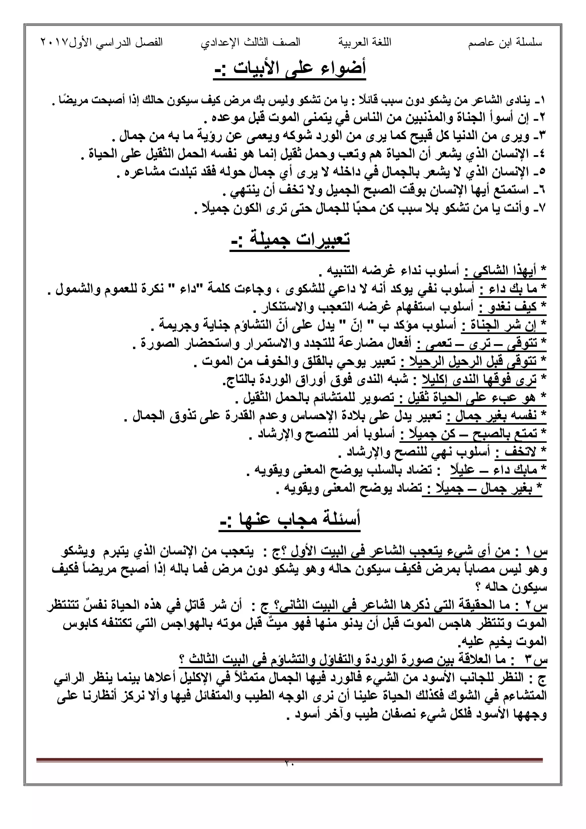 ‫ﻋﺎﺻم‬ ‫اﺑن‬ ‫ﺳﻠﺳﻠﺔ‬‫اﻟﻌرﺑﯾﺔ‬ ‫اﻟﻠﻐﺔ‬‫اﻟﺛﺎ‬ ‫اﻟﺻف‬‫ﻟث‬‫اﻷول‬ ‫اﻟدراﺳﻲ‬ ‫اﻟﻔﺻل‬ ‫اﻹﻋدادي‬٢٠١٧
٢٠
: ‫اﻷﺑﯾﺎت‬ ‫ﻋﻠﻰ‬ ‫أﺿواء‬-
١-. ‫ًﺎ‬‫ﻀ‬‫ﻣﺮﯾ‬ ‫أﺻﺒﺤﺖ‬ ‫إذا‬ ‫ﺣﺎﻟﻚ‬ ‫ﺳﯿﻜﻮن‬ ‫ﻛﯿﻒ‬ ‫ﻣﺮض‬ ‫ﺑﻚ‬ ‫وﻟﯿﺲ‬ ‫ﺗﺸﻜﻮ‬ ‫ﻣﻦ‬ ‫ﯾﺎ‬ : ً‫ﻗﺎﺋﻼ‬ ‫ﺳﺒﺐ‬ ‫دون‬ ‫ﯾﺸﻜﻮ‬ ‫ﻣﻦ‬ ‫اﻟﺸﺎﻋﺮ‬ ‫ﯾﻨﺎدى‬
٢-‫أﺳ‬ ‫إن‬. ‫ﻣﻮﻋﺪه‬ ‫ﻗﺒﻞ‬ ‫اﻟﻤﻮت‬ ‫ﯾﺘﻤﻨﻰ‬ ‫ﻓﻲ‬ ‫اﻟﻨﺎس‬ ‫ﻣﻦ‬ ‫واﻟﻤﺬﻧﺒﯿﻦ‬ ‫اﻟﺠﻨﺎة‬ ‫ﻮأ‬
٣-. ‫ﺟﻤﺎل‬ ‫ﻣﻦ‬ ‫ﺑﮫ‬ ‫ﻣﺎ‬ ‫رؤﯾﺔ‬ ‫ﻋﻦ‬ ‫وﯾﻌﻤﻰ‬ ‫ﺷﻮﻛﮫ‬ ‫اﻟﻮرد‬ ‫ﻣﻦ‬ ‫ﯾﺮى‬ ‫ﻛﻤﺎ‬ ‫ﻗﺒﯿﺢ‬ ‫ﻛﻞ‬ ‫اﻟﺪﻧﯿﺎ‬ ‫ﻣﻦ‬ ‫وﯾﺮى‬
٤-. ‫اﻟﺤﯿﺎة‬ ‫ﻋﻠﻰ‬ ‫اﻟﺜﻘﯿﻞ‬ ‫اﻟﺤﻤﻞ‬ ‫ﻧﻔﺴﮫ‬ ‫ھﻮ‬ ‫إﻧﻤﺎ‬ ‫ﺛﻘﯿﻞ‬ ‫وﺣﻤﻞ‬ ‫وﺗﻌﺐ‬ ‫ھﻢ‬ ‫اﻟﺤﯿﺎة‬ ‫أن‬ ‫ﯾﺸﻌﺮ‬ ‫اﻟﺬي‬ ‫اﻹﻧﺴﺎن‬
٥-‫ﻓﻲ‬ ‫ﺑﺎﻟﺠﻤﺎل‬ ‫ﯾﺸﻌﺮ‬ ‫ﻻ‬ ‫اﻟﺬي‬ ‫اﻹﻧﺴﺎن‬. ‫ﻣﺸﺎﻋﺮه‬ ‫ﺗﺒﻠﺪت‬ ‫ﻓﻘﺪ‬ ‫ﺣﻮﻟﮫ‬ ‫ﺟﻤﺎل‬ ‫أي‬ ‫ﯾﺮى‬ ‫ﻻ‬ ‫داﺧﻠﮫ‬
٦-. ‫ﯾﻨﺘﮭﻲ‬ ‫أن‬ ‫ﺗﺨﻒ‬ ‫وﻻ‬ ‫اﻟﺠﻤﯿﻞ‬ ‫اﻟﺼﺒﺢ‬ ‫ﺑﻮﻗﺖ‬ ‫اﻹﻧﺴﺎن‬ ‫أﯾﮭﺎ‬ ‫اﺳﺘﻤﺘﻊ‬
٧-. ً‫ﺟﻤﯿﻼ‬ ‫اﻟﻜﻮن‬ ‫ﺗﺮى‬ ‫ﺣﺘﻰ‬ ‫ﻟﻠﺠﻤﺎل‬ ‫ًﺎ‬ّ‫ﺒ‬‫ﻣﺤ‬ ‫ﻛﻦ‬ ‫ﺳﺒﺐ‬ ‫ﺑﻼ‬ ‫ﺗﺸﻜﻮ‬ ‫ﻣﻦ‬ ‫ﯾﺎ‬ ‫وأﻧﺖ‬
: ‫ﺟﻣﯾﻠﺔ‬ ‫ﺗﻌﺑﯾرات‬-
: ‫اﻟﺷﺎﻛﻲ‬ ‫أﯾﮭذا‬ *. ‫اﻟﺗﻧﺑﯾﮫ‬ ‫ﻏرﺿﮫ‬ ‫ﻧداء‬ ‫أﺳﻠوب‬
: ‫داء‬ ‫ﺑك‬ ‫ﻣﺎ‬ *‫ﻧﻔﻲ‬ ‫أﺳﻠوب‬. ‫واﻟﺷﻣول‬ ‫ﻟﻠﻌﻣوم‬ ‫ﻧﻛرة‬ " ‫"داء‬ ‫ﻛﻠﻣﺔ‬ ‫وﺟﺎءت‬ ، ‫ﻟﻠﺷﻛوى‬ ‫داﻋﻲ‬ ‫ﻻ‬ ‫أﻧﮫ‬ ‫ﯾوﻛد‬
: ‫ﻧﻐدو‬ ‫ﻛﯾف‬ *. ‫واﻻﺳﺗﻧﻛﺎر‬ ‫اﻟﺗﻌﺟب‬ ‫ﻏرﺿﮫ‬ ‫اﺳﺗﻔﮭﺎم‬ ‫أﺳﻠوب‬
: ‫اﻟﺟﻧﺎة‬ ‫ﺷر‬ ‫إن‬ *. ‫وﺟرﯾﻣﺔ‬ ‫ﺟﻧﺎﯾﺔ‬ ‫اﻟﺗﺷﺎؤم‬ ّ‫أن‬ ‫ﻋﻠﻰ‬ ‫ﯾدل‬ " ّ‫إن‬ " ‫ب‬ ‫ﻣؤﻛد‬ ‫أﺳﻠوب‬
‫ﺗﺗوﻗﻰ‬ *–‫ﺗرى‬–: ‫ﺗﻌﻣﻰ‬‫ا‬ ‫واﺳﺗﺣﺿﺎر‬ ‫واﻻﺳﺗﻣرار‬ ‫ﻟﻠﺗﺟدد‬ ‫ﻣﺿﺎرﻋﺔ‬ ‫أﻓﻌﺎل‬. ‫ﻟﺻورة‬
: ‫اﻟرﺣﯾﻼ‬ ‫اﻟرﺣﯾل‬ ‫ﻗﺑل‬ ‫ﺗﺗوﻗﻰ‬ *. ‫اﻟﻣوت‬ ‫ﻣن‬ ‫واﻟﺧوف‬ ‫ﺑﺎﻟﻘﻠق‬ ‫ﯾوﺣﻲ‬ ‫ﺗﻌﺑﯾر‬
*‫إﻛﻠﯾﻼ‬ ‫اﻟﻧدى‬ ‫ﻓوﻗﮭﺎ‬ ‫ﺗرى‬‫ﺑﺎﻟﺗﺎج‬ ‫اﻟوردة‬ ‫أوراق‬ ‫ﻓوق‬ ‫اﻟﻧدى‬ ‫ﺷﺑﮫ‬ :.
: ‫ﺛﻘﯾل‬ ‫اﻟﺣﯾﺎة‬ ‫ﻋﻠﻰ‬ ‫ﻋبء‬ ‫ھو‬ *. ‫اﻟﺛﻘﯾل‬ ‫ﺑﺎﻟﺣﻣل‬ ‫ﻟﻠﻣﺗﺷﺎﺋم‬ ‫ﺗﺻوﯾر‬
: ‫ﺟﻣﺎل‬ ‫ﺑﻐﯾر‬ ‫ﻧﻔﺳﮫ‬ *‫ﻋﻠﻰ‬ ‫اﻟﻘدرة‬ ‫وﻋدم‬ ‫اﻹﺣﺳﺎس‬ ‫ﺑﻼدة‬ ‫ﻋﻠﻰ‬ ‫ﯾدل‬ ‫ﺗﻌﺑﯾر‬. ‫اﻟﺟﻣﺎل‬ ‫ﺗذوق‬
‫ﺑﺎﻟﺻﺑﺢ‬ ‫ﺗﻣﺗﻊ‬ *–: ً‫ﺟﻣﯾﻼ‬ ‫ﻛن‬. ‫واﻹرﺷﺎد‬ ‫ﻟﻠﻧﺻﺢ‬ ‫أﻣر‬ ‫أﺳﻠوﺑﺎ‬
: ‫ﻻﺗﺧف‬ *. ‫واﻹرﺷﺎد‬ ‫ﻟﻠﻧﺻﺢ‬ ‫ﻧﮭﻲ‬ ‫أﺳﻠوب‬
‫داء‬ ‫ﻣﺎﺑك‬ *–ً‫ﻋﻠﯾﻼ‬. ‫وﯾﻘوﯾﮫ‬ ‫اﻟﻣﻌﻧﻰ‬ ‫ﯾوﺿﺢ‬ ‫ﺑﺎﻟﺳﻠب‬ ‫ﺗﺿﺎد‬ :
‫ﺟﻣﺎل‬ ‫ﺑﻐﯾر‬ *–: ً‫ﺟﻣﯾﻼ‬. ‫وﯾﻘوﯾﮫ‬ ‫اﻟﻣﻌﻧﻰ‬ ‫ﯾوﺿﺢ‬ ‫ﺗﺿﺎد‬
: ‫ﻋﻧﮭﺎ‬ ‫ﻣﺟﺎب‬ ‫أﺳﺋﻠﺔ‬-
‫س‬١:‫اﻟ‬ ‫ﯾﺗﻌﺟب‬ ‫ﺷﻲء‬ ‫أي‬ ‫ﻣن‬‫؟‬ ‫اﻷول‬ ‫اﻟﺑﯾت‬ ‫ﻓﻲ‬ ‫ﺷﺎﻋر‬‫ج‬:‫اﻟذي‬ ‫اﻹﻧﺳﺎن‬ ‫ﻣن‬ ‫ﯾﺗﻌﺟب‬‫ﯾﺗﺑرم‬‫وﯾﺷﻛو‬
‫وھو‬‫ﻓﻛﯾف‬ ً‫ﺎ‬‫ﻣرﯾﺿ‬ ‫أﺻﺑﺢ‬ ‫إذا‬ ‫ﺑﺎﻟﮫ‬ ‫ﻓﻣﺎ‬ ‫ﻣرض‬ ‫دون‬ ‫ﯾﺷﻛو‬ ‫وھو‬ ‫ﺣﺎﻟﮫ‬ ‫ﺳﯾﻛون‬ ‫ﻓﻛﯾف‬ ‫ﺑﻣرض‬ ً‫ﺎ‬‫ﻣﺻﺎﺑ‬ ‫ﻟﯾس‬
‫؟‬ ‫ﺣﺎﻟﮫ‬ ‫ﺳﯾﻛون‬
‫س‬٢:‫اﻟﺛﺎﻧﻲ‬ ‫اﻟﺑﯾت‬ ‫ﻓﻲ‬ ‫اﻟﺷﺎﻋر‬ ‫ذﻛرھﺎ‬ ‫اﻟﺗﻲ‬ ‫اﻟﺣﻘﯾﻘﺔ‬ ‫ﻣﺎ‬‫؟‬‫ج‬:‫ﺷر‬ ‫أن‬‫ﺗﺗﻧﺗظر‬ ٌ‫ﻧﻔس‬ ‫اﻟﺣﯾﺎة‬ ‫ھذه‬ ‫ﻓﻲ‬ ٍ‫ﻗﺎﺗل‬
‫اﻟﻣوت‬‫ﻓﮭو‬ ‫ﻣﻧﮭﺎ‬ ‫ﯾدﻧو‬ ‫أن‬ ‫ﻗﺑل‬ ‫اﻟﻣوت‬ ‫ھﺎﺟس‬ ‫وﺗﻧﺗظر‬‫ﺗﻛﺗﻧﻔﮫ‬ ‫اﻟﺗﻲ‬ ‫ﺑﺎﻟﮭواﺟس‬ ‫ﻣوﺗﮫ‬ ‫ﻗﺑل‬ ٌ‫ﻣﯾت‬‫ﻛ‬‫ﺎﺑوس‬
.‫ﻋﻠﯾﮫ‬ ‫ﯾﺧﯾم‬ ‫اﻟﻣوت‬
‫س‬٣:‫ﺑﯾن‬ ‫اﻟﻌﻼﻗﺔ‬ ‫ﻣﺎ‬‫؟‬ ‫اﻟﺛﺎﻟث‬ ‫اﻟﺑﯾت‬ ‫ﻓﻲ‬ ‫واﻟﺗﺷﺎؤم‬ ‫واﻟﺗﻔﺎؤل‬ ‫اﻟوردة‬ ‫ﺻورة‬
: ‫ج‬‫ﻣن‬ ‫اﻷﺳود‬ ‫ﻟﻠﺟﺎﻧب‬ ‫اﻟﻧظر‬‫اﻟﺷﻲء‬‫ﯾﻧظر‬ ‫ﺑﯾﻧﻣﺎ‬ ‫أﻋﻼھﺎ‬ ‫اﻹﻛﻠﯾل‬ ‫ﻓﻲ‬ ً‫ﻼ‬‫ﻣﺗﻣﺛ‬ ‫اﻟﺟﻣﺎل‬ ‫ﻓﯾﮭﺎ‬ ‫ﻓﺎﻟورد‬‫اﻟراﺋﻲ‬
‫اﻟﻣﺗﺷﺎءم‬‫ﻓﯾﮭﺎ‬ ‫واﻟﻣﺗﻔﺎﺋل‬ ‫اﻟطﯾب‬ ‫اﻟوﺟﮫ‬ ‫ﻧرى‬ ‫أن‬ ‫ﻋﻠﯾﻧﺎ‬ ‫اﻟﺣﯾﺎة‬ ‫ﻓﻛذﻟك‬ ‫اﻟﺷوك‬ ‫ﻓﻲ‬‫وأﻻ‬‫ﻧرﻛز‬‫ﻋﻠﻰ‬ ‫أﻧظﺎرﻧﺎ‬
. ‫أﺳود‬ ‫وآﺧر‬ ‫طﯾب‬ ‫ﻧﺻﻔﺎن‬ ‫ﺷﻲء‬ ‫ﻓﻠﻛل‬ ‫اﻷﺳود‬ ‫وﺟﮭﮭﺎ‬
 