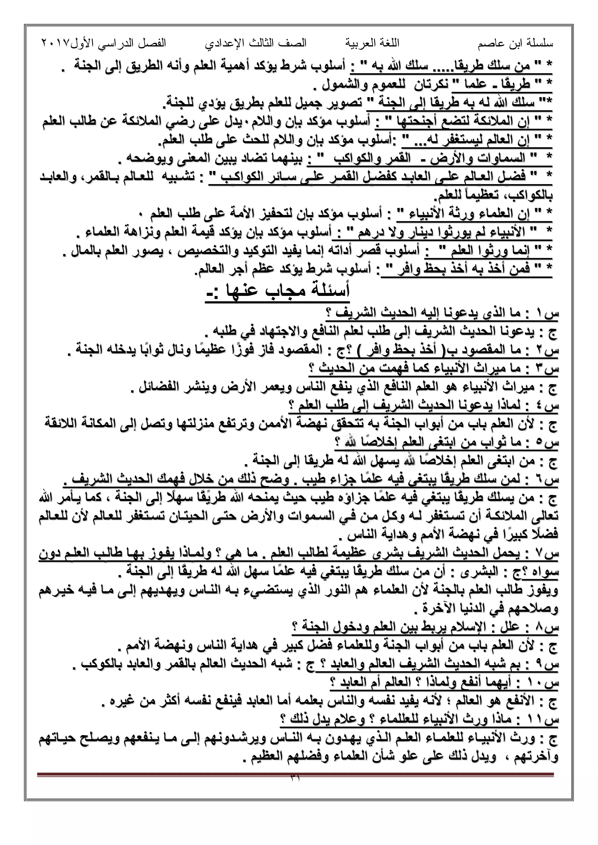 ‫ﻋﺎﺻم‬ ‫اﺑن‬ ‫ﺳﻠﺳﻠﺔ‬‫اﻟﻌرﺑﯾﺔ‬ ‫اﻟﻠﻐﺔ‬‫اﻟﺛﺎ‬ ‫اﻟﺻف‬‫ﻟث‬‫اﻷول‬ ‫اﻟدراﺳﻲ‬ ‫اﻟﻔﺻل‬ ‫اﻹﻋدادي‬٢٠١٧
٣١
**: " ‫ﺑﮫ‬ ‫ﷲ‬ ‫ﺳﻠك‬ .....‫طرﯾﻘﺎ‬ ‫ﺳﻠك‬ ‫ﻣن‬ ": " ‫ﺑﮫ‬ ‫ﷲ‬ ‫ﺳﻠك‬ .....‫طرﯾﻘﺎ‬ ‫ﺳﻠك‬ ‫ﻣن‬ "‫اﻟﻌﻠم‬ ‫أھﻣﯾﺔ‬ ‫ﯾؤﻛد‬ ‫ﺷرط‬ ‫أﺳﻠوب‬‫اﻟﻌﻠم‬ ‫أھﻣﯾﺔ‬ ‫ﯾؤﻛد‬ ‫ﺷرط‬ ‫أﺳﻠوب‬‫اﻟﺟﻧﺔ‬ ‫إﻟﻰ‬ ‫اﻟطرﯾق‬ ‫وأﻧﮫ‬‫اﻟﺟﻧﺔ‬ ‫إﻟﻰ‬ ‫اﻟطرﯾق‬ ‫وأﻧﮫ‬..
**""‫ًﺎ‬‫ﻘ‬‫طرﯾ‬‫ًﺎ‬‫ﻘ‬‫طرﯾ‬--‫ﻋﻠﻣ‬‫ﻋﻠﻣ‬" ‫ﺎ‬" ‫ﺎ‬‫ﻧﻛر‬‫ﻧﻛر‬‫ﺗﺎن‬‫ﺗﺎن‬‫ﻟﻠﻌﻣوم‬‫ﻟﻠﻌﻣوم‬. ‫واﻟﺷﻣول‬. ‫واﻟﺷﻣول‬
**" ‫اﻟﺟﻧﺔ‬ ‫إﻟﻰ‬ ‫طرﯾﻘﺎ‬ ‫ﺑﮫ‬ ‫ﻟﮫ‬ ‫ﷲ‬ ‫ﺳﻠك‬ "" ‫اﻟﺟﻧﺔ‬ ‫إﻟﻰ‬ ‫طرﯾﻘﺎ‬ ‫ﺑﮫ‬ ‫ﻟﮫ‬ ‫ﷲ‬ ‫ﺳﻠك‬ ".‫ﻟﻠﺟﻧﺔ‬ ‫ﯾؤدي‬ ‫ﺑطرﯾق‬ ‫ﻟﻠﻌﻠم‬ ‫ﺟﻣﯾل‬ ‫ﺗﺻوﯾر‬.‫ﻟﻠﺟﻧﺔ‬ ‫ﯾؤدي‬ ‫ﺑطرﯾق‬ ‫ﻟﻠﻌﻠم‬ ‫ﺟﻣﯾل‬ ‫ﺗﺻوﯾر‬
**: " ‫أﺟﻧﺣﺗﮭﺎ‬ ‫ﻟﺗﺿﻊ‬ ‫اﻟﻣﻼﺋﻛﺔ‬ ‫إن‬ ": " ‫أﺟﻧﺣﺗﮭﺎ‬ ‫ﻟﺗﺿﻊ‬ ‫اﻟﻣﻼﺋﻛﺔ‬ ‫إن‬ "‫واﻟﻼم‬ ‫ﺑﺈن‬ ‫ﻣؤﻛد‬ ‫أﺳﻠوب‬‫واﻟﻼم‬ ‫ﺑﺈن‬ ‫ﻣؤﻛد‬ ‫أﺳﻠوب‬٠٠‫اﻟﻌﻠم‬ ‫طﺎﻟب‬ ‫ﻋن‬ ‫اﻟﻣﻼﺋﻛﺔ‬ ‫رﺿﻲ‬ ‫ﻋﻠﻰ‬ ‫ﯾدل‬‫اﻟﻌﻠم‬ ‫طﺎﻟب‬ ‫ﻋن‬ ‫اﻟﻣﻼﺋﻛﺔ‬ ‫رﺿﻲ‬ ‫ﻋﻠﻰ‬ ‫ﯾدل‬
**" ...‫ﻟﮫ‬ ‫ﻟﯾﺳﺗﻐﻔر‬ ‫اﻟﻌﺎﻟم‬ ‫إن‬ "" ...‫ﻟﮫ‬ ‫ﻟﯾﺳﺗﻐﻔر‬ ‫اﻟﻌﺎﻟم‬ ‫إن‬ "‫طﻠب‬ ‫ﻋﻠﻰ‬ ‫ﻟﻠﺣث‬ ‫واﻟﻼم‬ ‫ﺑﺈن‬ ‫ﻣؤﻛد‬ ‫:أﺳﻠوب‬‫طﻠب‬ ‫ﻋﻠﻰ‬ ‫ﻟﻠﺣث‬ ‫واﻟﻼم‬ ‫ﺑﺈن‬ ‫ﻣؤﻛد‬ ‫:أﺳﻠوب‬.‫اﻟﻌﻠم‬.‫اﻟﻌﻠم‬
**‫واﻷرض‬ ‫اﻟﺳﻣﺎوات‬ "‫واﻷرض‬ ‫اﻟﺳﻣﺎوات‬ "--: " ‫واﻟﻛواﻛب‬ ‫اﻟﻘﻣر‬: " ‫واﻟﻛواﻛب‬ ‫اﻟﻘﻣر‬‫وﯾوﺿﺣﮫ‬ ‫اﻟﻣﻌﻧﻰ‬ ‫ﯾﺑﯾن‬ ‫ﺗﺿﺎد‬ ‫ﺑﯾﻧﮭﻣﺎ‬‫وﯾوﺿﺣﮫ‬ ‫اﻟﻣﻌﻧﻰ‬ ‫ﯾﺑﯾن‬ ‫ﺗﺿﺎد‬ ‫ﺑﯾﻧﮭﻣﺎ‬..
**" ‫ب‬ ‫اﻟﻛواﻛ‬ ‫ﺎﺋر‬ ‫ﺳ‬ ‫ﻰ‬ ‫ﻋﻠ‬ ‫ر‬ ‫اﻟﻘﻣ‬ ‫ل‬ ‫ﻛﻔﺿ‬ ‫د‬ ‫اﻟﻌﺎﺑ‬ ‫ﻰ‬ ‫ﻋﻠ‬ ‫ﺎﻟم‬ ‫اﻟﻌ‬ ‫ل‬ ‫ﻓﺿ‬ "" ‫ب‬ ‫اﻟﻛواﻛ‬ ‫ﺎﺋر‬ ‫ﺳ‬ ‫ﻰ‬ ‫ﻋﻠ‬ ‫ر‬ ‫اﻟﻘﻣ‬ ‫ل‬ ‫ﻛﻔﺿ‬ ‫د‬ ‫اﻟﻌﺎﺑ‬ ‫ﻰ‬ ‫ﻋﻠ‬ ‫ﺎﻟم‬ ‫اﻟﻌ‬ ‫ل‬ ‫ﻓﺿ‬ "‫ﺎﻟﻘﻣر‬ ‫ﺑ‬ ‫ﺎﻟم‬ ‫ﻟﻠﻌ‬ ‫ﺑﯾﮫ‬ ‫ﺗﺷ‬ :‫ﺎﻟﻘﻣر‬ ‫ﺑ‬ ‫ﺎﻟم‬ ‫ﻟﻠﻌ‬ ‫ﺑﯾﮫ‬ ‫ﺗﺷ‬ :،،‫د‬ ‫واﻟﻌﺎﺑ‬‫د‬ ‫واﻟﻌﺎﺑ‬
ً‫ﺎ‬‫ﺗﻌظﯾﻣ‬ ،‫ﺑﺎﻟﻛواﻛب‬ً‫ﺎ‬‫ﺗﻌظﯾﻣ‬ ،‫ﺑﺎﻟﻛواﻛب‬‫ﻟ‬‫ﻟ‬.‫ﻠﻌﻠم‬.‫ﻠﻌﻠم‬
**" ‫اﻷﻧﺑﯾﺎء‬ ‫ورﺛﺔ‬ ‫اﻟﻌﻠﻣﺎء‬ ‫إن‬ "" ‫اﻷﻧﺑﯾﺎء‬ ‫ورﺛﺔ‬ ‫اﻟﻌﻠﻣﺎء‬ ‫إن‬ "‫اﻷ‬ ‫ﻟﺗﺣﻔﯾز‬ ‫ﺑﺈن‬ ‫ﻣؤﻛد‬ ‫أﺳﻠوب‬ :‫اﻷ‬ ‫ﻟﺗﺣﻔﯾز‬ ‫ﺑﺈن‬ ‫ﻣؤﻛد‬ ‫أﺳﻠوب‬ :‫اﻟﻌﻠم‬ ‫طﻠب‬ ‫ﻋﻠﻰ‬ ‫ﻣﺔ‬‫اﻟﻌﻠم‬ ‫طﻠب‬ ‫ﻋﻠﻰ‬ ‫ﻣﺔ‬٠٠
**: " ‫درھم‬ ‫وﻻ‬ ‫دﯾﻧﺎر‬ ‫ﯾورﺛوا‬ ‫ﻟم‬ ‫اﻷﻧﺑﯾﺎء‬ ": " ‫درھم‬ ‫وﻻ‬ ‫دﯾﻧﺎر‬ ‫ﯾورﺛوا‬ ‫ﻟم‬ ‫اﻷﻧﺑﯾﺎء‬ ". ‫اﻟﻌﻠﻣﺎء‬ ‫وﻧزاھﺔ‬ ‫اﻟﻌﻠم‬ ‫ﻗﯾﻣﺔ‬ ‫ﯾؤﻛد‬ ‫ﺑﺈن‬ ‫ﻣؤﻛد‬ ‫أﺳﻠوب‬. ‫اﻟﻌﻠﻣﺎء‬ ‫وﻧزاھﺔ‬ ‫اﻟﻌﻠم‬ ‫ﻗﯾﻣﺔ‬ ‫ﯾؤﻛد‬ ‫ﺑﺈن‬ ‫ﻣؤﻛد‬ ‫أﺳﻠوب‬
**: " ‫اﻟﻌﻠم‬ ‫ورﺛوا‬ ‫إﻧﻣﺎ‬ ": " ‫اﻟﻌﻠم‬ ‫ورﺛوا‬ ‫إﻧﻣﺎ‬ "‫واﻟﺗﺧﺻﯾص‬ ‫اﻟﺗوﻛﯾد‬ ‫ﯾﻔﯾد‬ ‫إﻧﻣﺎ‬ ‫أداﺗﮫ‬ ‫ﻗﺻر‬ ‫أﺳﻠوب‬‫واﻟﺗﺧﺻﯾص‬ ‫اﻟﺗوﻛﯾد‬ ‫ﯾﻔﯾد‬ ‫إﻧﻣﺎ‬ ‫أداﺗﮫ‬ ‫ﻗﺻر‬ ‫أﺳﻠوب‬. ‫ﺑﺎﻟﻣﺎل‬ ‫اﻟﻌﻠم‬ ‫ﯾﺻور‬ ،. ‫ﺑﺎﻟﻣﺎل‬ ‫اﻟﻌﻠم‬ ‫ﯾﺻور‬ ،
**" ‫واﻓر‬ ‫ﺑﺣظ‬ ‫أﺧذ‬ ‫ﺑﮫ‬ ‫أﺧذ‬ ‫ﻓﻣن‬ "" ‫واﻓر‬ ‫ﺑﺣظ‬ ‫أﺧذ‬ ‫ﺑﮫ‬ ‫أﺧذ‬ ‫ﻓﻣن‬ "‫أﺟر‬ ‫ﻋظم‬ ‫ﯾؤﻛد‬ ‫ﺷرط‬ ‫أﺳﻠوب‬ :‫أﺟر‬ ‫ﻋظم‬ ‫ﯾؤﻛد‬ ‫ﺷرط‬ ‫أﺳﻠوب‬ :‫اﻟﻌﺎﻟم‬‫اﻟﻌﺎﻟم‬..
: ‫ﻋﻧﮭﺎ‬ ‫ﻣﺟﺎب‬ ‫أﺳﺋﻠﺔ‬-
‫س‬‫س‬١١‫؟‬ ‫اﻟﺷرﯾف‬ ‫اﻟﺣدﯾث‬ ‫إﻟﯾﮫ‬ ‫ﯾدﻋوﻧﺎ‬ ‫اﻟذي‬ ‫ﻣﺎ‬ :‫؟‬ ‫اﻟﺷرﯾف‬ ‫اﻟﺣدﯾث‬ ‫إﻟﯾﮫ‬ ‫ﯾدﻋوﻧﺎ‬ ‫اﻟذي‬ ‫ﻣﺎ‬ :
. ‫طﻠﺑﮫ‬ ‫ﻓﻲ‬ ‫واﻻﺟﺗﮭﺎد‬ ‫اﻟﻧﺎﻓﻊ‬ ‫ﻟﻌﻠم‬ ‫طﻠب‬ ‫إﻟﻰ‬ ‫اﻟﺷرﯾف‬ ‫اﻟﺣدﯾث‬ ‫ﯾدﻋوﻧﺎ‬ : ‫ج‬. ‫طﻠﺑﮫ‬ ‫ﻓﻲ‬ ‫واﻻﺟﺗﮭﺎد‬ ‫اﻟﻧﺎﻓﻊ‬ ‫ﻟﻌﻠم‬ ‫طﻠب‬ ‫إﻟﻰ‬ ‫اﻟﺷرﯾف‬ ‫اﻟﺣدﯾث‬ ‫ﯾدﻋوﻧﺎ‬ : ‫ج‬
‫س‬‫س‬٢٢‫؟‬ ( ‫واﻓر‬ ‫ﺑﺣظ‬ ‫أﺧذ‬ )‫ب‬ ‫اﻟﻣﻘﺻود‬ ‫ﻣﺎ‬ :‫؟‬ ( ‫واﻓر‬ ‫ﺑﺣظ‬ ‫أﺧذ‬ )‫ب‬ ‫اﻟﻣﻘﺻود‬ ‫ﻣﺎ‬ :. ‫اﻟﺟﻧﺔ‬ ‫ﯾدﺧﻠﮫ‬ ‫ًﺎ‬‫ﺑ‬‫ﺛوا‬ ‫وﻧﺎل‬ ‫ًﺎ‬‫ﻣ‬‫ﻋظﯾ‬ ‫ا‬ً‫ﻓوز‬ ‫ﻓﺎز‬ ‫اﻟﻣﻘﺻود‬ : ‫ج‬. ‫اﻟﺟﻧﺔ‬ ‫ﯾدﺧﻠﮫ‬ ‫ًﺎ‬‫ﺑ‬‫ﺛوا‬ ‫وﻧﺎل‬ ‫ًﺎ‬‫ﻣ‬‫ﻋظﯾ‬ ‫ا‬ً‫ﻓوز‬ ‫ﻓﺎز‬ ‫اﻟﻣﻘﺻود‬ : ‫ج‬
‫س‬‫س‬٣٣‫ﻓﮭﻣت‬ ‫ﻛﻣﺎ‬ ‫اﻷﻧﺑﯾﺎء‬ ‫ﻣﯾراث‬ ‫ﻣﺎ‬ :‫ﻓﮭﻣت‬ ‫ﻛﻣﺎ‬ ‫اﻷﻧﺑﯾﺎء‬ ‫ﻣﯾراث‬ ‫ﻣﺎ‬ :‫؟‬ ‫اﻟﺣدﯾث‬ ‫ﻣن‬‫؟‬ ‫اﻟﺣدﯾث‬ ‫ﻣن‬
. ‫اﻟﻔﺿﺎﺋل‬ ‫وﯾﻧﺷر‬ ‫اﻷرض‬ ‫وﯾﻌﻣر‬ ‫اﻟﻧﺎس‬ ‫ﯾﻧﻔﻊ‬ ‫اﻟذي‬ ‫اﻟﻧﺎﻓﻊ‬ ‫اﻟﻌﻠم‬ ‫ھو‬ ‫اﻷﻧﺑﯾﺎء‬ ‫ﻣﯾراث‬ : ‫ج‬. ‫اﻟﻔﺿﺎﺋل‬ ‫وﯾﻧﺷر‬ ‫اﻷرض‬ ‫وﯾﻌﻣر‬ ‫اﻟﻧﺎس‬ ‫ﯾﻧﻔﻊ‬ ‫اﻟذي‬ ‫اﻟﻧﺎﻓﻊ‬ ‫اﻟﻌﻠم‬ ‫ھو‬ ‫اﻷﻧﺑﯾﺎء‬ ‫ﻣﯾراث‬ : ‫ج‬
‫س‬‫س‬٤٤‫؟‬ ‫اﻟﻌﻠم‬ ‫طﻠب‬ ‫إﻟﻰ‬ ‫اﻟﺷرﯾف‬ ‫اﻟﺣدﯾث‬ ‫ﯾدﻋوﻧﺎ‬ ‫ﻟﻣﺎذا‬ :‫؟‬ ‫اﻟﻌﻠم‬ ‫طﻠب‬ ‫إﻟﻰ‬ ‫اﻟﺷرﯾف‬ ‫اﻟﺣدﯾث‬ ‫ﯾدﻋوﻧﺎ‬ ‫ﻟﻣﺎذا‬ :
‫ﻣﻧ‬ ‫وﺗرﺗﻔﻊ‬ ‫اﻷﻣﻣن‬ ‫ﻧﮭﺿﺔ‬ ‫ﺗﺗﺣﻘق‬ ‫ﺑﮫ‬ ‫اﻟﺟﻧﺔ‬ ‫أﺑواب‬ ‫ﻣن‬ ‫ﺑﺎب‬ ‫اﻟﻌﻠم‬ ‫ﻷن‬ : ‫ج‬‫ﻣﻧ‬ ‫وﺗرﺗﻔﻊ‬ ‫اﻷﻣﻣن‬ ‫ﻧﮭﺿﺔ‬ ‫ﺗﺗﺣﻘق‬ ‫ﺑﮫ‬ ‫اﻟﺟﻧﺔ‬ ‫أﺑواب‬ ‫ﻣن‬ ‫ﺑﺎب‬ ‫اﻟﻌﻠم‬ ‫ﻷن‬ : ‫ج‬‫اﻟﻼﺋﻘﺔ‬ ‫اﻟﻣﻛﺎﻧﺔ‬ ‫إﻟﻰ‬ ‫وﺗﺻل‬ ‫زﻟﺗﮭﺎ‬‫اﻟﻼﺋﻘﺔ‬ ‫اﻟﻣﻛﺎﻧﺔ‬ ‫إﻟﻰ‬ ‫وﺗﺻل‬ ‫زﻟﺗﮭﺎ‬
‫س‬‫س‬٥٥‫اﺑﺗ‬ ‫ﻣن‬ ‫ﺛواب‬ ‫ﻣﺎ‬ :‫اﺑﺗ‬ ‫ﻣن‬ ‫ﺛواب‬ ‫ﻣﺎ‬ :‫؟‬ ‫ًﺎ‬‫ﺻ‬‫إﺧﻼ‬ ‫اﻟﻌﻠم‬ ‫ﻐﻰ‬‫؟‬ ‫ًﺎ‬‫ﺻ‬‫إﺧﻼ‬ ‫اﻟﻌﻠم‬ ‫ﻐﻰ‬
. ‫اﻟﺟﻧﺔ‬ ‫إﻟﻰ‬ ‫طرﯾﻘﺎ‬ ‫ﻟﮫ‬ ‫ﷲ‬ ‫ﯾﺳﮭل‬ ‫ًﺎ‬‫ﺻ‬‫إﺧﻼ‬ ‫اﻟﻌﻠم‬ ‫اﺑﺗﻐﻰ‬ ‫ﻣن‬ : ‫ج‬. ‫اﻟﺟﻧﺔ‬ ‫إﻟﻰ‬ ‫طرﯾﻘﺎ‬ ‫ﻟﮫ‬ ‫ﷲ‬ ‫ﯾﺳﮭل‬ ‫ًﺎ‬‫ﺻ‬‫إﺧﻼ‬ ‫اﻟﻌﻠم‬ ‫اﺑﺗﻐﻰ‬ ‫ﻣن‬ : ‫ج‬
‫س‬‫س‬٦٦. ‫اﻟﺷرﯾف‬ ‫اﻟﺣدﯾث‬ ‫ﻓﮭﻣك‬ ‫ﺧﻼل‬ ‫ﻣن‬ ‫ذﻟك‬ ‫وﺿﺢ‬ . ‫طﯾب‬ ‫ﺟزاء‬ ‫ًﺎ‬‫ﻣ‬‫ﻋﻠ‬ ‫ﻓﯾﮫ‬ ‫ﯾﺑﺗﻐﻲ‬ ‫ًﺎ‬‫ﻘ‬‫طرﯾ‬ ‫ﺳﻠك‬ ‫ﻟﻣن‬ :. ‫اﻟﺷرﯾف‬ ‫اﻟﺣدﯾث‬ ‫ﻓﮭﻣك‬ ‫ﺧﻼل‬ ‫ﻣن‬ ‫ذﻟك‬ ‫وﺿﺢ‬ . ‫طﯾب‬ ‫ﺟزاء‬ ‫ًﺎ‬‫ﻣ‬‫ﻋﻠ‬ ‫ﻓﯾﮫ‬ ‫ﯾﺑﺗﻐﻲ‬ ‫ًﺎ‬‫ﻘ‬‫طرﯾ‬ ‫ﺳﻠك‬ ‫ﻟﻣن‬ :
‫ﻛ‬ ، ‫اﻟﺟﻧﺔ‬ ‫إﻟﻰ‬ ً‫ﺳﮭﻼ‬ ‫ًﺎ‬‫ﻘ‬ً‫ﯾ‬‫طر‬ ‫ﷲ‬ ‫ﯾﻣﻧﺣﮫ‬ ‫ﺣﯾث‬ ‫طﯾب‬ ‫ﺟزاؤه‬ ‫ًﺎ‬‫ﻣ‬‫ﻋﻠ‬ ‫ﻓﯾﮫ‬ ‫ﯾﺑﺗﻐﻲ‬ ‫ًﺎ‬‫ﻘ‬‫طرﯾ‬ ‫ﯾﺳﻠك‬ ‫ﻣن‬ : ‫ج‬‫ﻛ‬ ، ‫اﻟﺟﻧﺔ‬ ‫إﻟﻰ‬ ً‫ﺳﮭﻼ‬ ‫ًﺎ‬‫ﻘ‬ً‫ﯾ‬‫طر‬ ‫ﷲ‬ ‫ﯾﻣﻧﺣﮫ‬ ‫ﺣﯾث‬ ‫طﯾب‬ ‫ﺟزاؤه‬ ‫ًﺎ‬‫ﻣ‬‫ﻋﻠ‬ ‫ﻓﯾﮫ‬ ‫ﯾﺑﺗﻐﻲ‬ ‫ًﺎ‬‫ﻘ‬‫طرﯾ‬ ‫ﯾﺳﻠك‬ ‫ﻣن‬ : ‫ج‬‫ﷲ‬ ‫ﺄﻣر‬‫ﯾ‬ ‫ﻣﺎ‬‫ﷲ‬ ‫ﺄﻣر‬‫ﯾ‬ ‫ﻣﺎ‬
‫ﺎﻟم‬‫ﻟﻠﻌ‬ ‫ﻷن‬ ‫ﺎﻟم‬‫ﻟﻠﻌ‬ ‫ﺗﻐﻔر‬‫ﺗﺳ‬ ‫ﺎن‬‫اﻟﺣﯾﺗ‬ ‫ﻰ‬‫ﺣﺗ‬ ‫واﻷرض‬ ‫ﻣوات‬‫اﻟﺳ‬ ‫ﻲ‬‫ﻓ‬ ‫ن‬‫ﻣ‬ ‫ل‬‫وﻛ‬ ‫ﮫ‬‫ﻟ‬ ‫ﺗﻐﻔر‬‫ﺗﺳ‬ ‫أن‬ ‫ﺔ‬‫اﻟﻣﻼﺋﻛ‬ ‫ﺗﻌﺎﻟﻰ‬‫ﺎﻟم‬‫ﻟﻠﻌ‬ ‫ﻷن‬ ‫ﺎﻟم‬‫ﻟﻠﻌ‬ ‫ﺗﻐﻔر‬‫ﺗﺳ‬ ‫ﺎن‬‫اﻟﺣﯾﺗ‬ ‫ﻰ‬‫ﺣﺗ‬ ‫واﻷرض‬ ‫ﻣوات‬‫اﻟﺳ‬ ‫ﻲ‬‫ﻓ‬ ‫ن‬‫ﻣ‬ ‫ل‬‫وﻛ‬ ‫ﮫ‬‫ﻟ‬ ‫ﺗﻐﻔر‬‫ﺗﺳ‬ ‫أن‬ ‫ﺔ‬‫اﻟﻣﻼﺋﻛ‬ ‫ﺗﻌﺎﻟﻰ‬
. ‫اﻟﻧﺎس‬ ‫وھداﯾﺔ‬ ‫اﻷﻣم‬ ‫ﻧﮭﺿﺔ‬ ‫ﻓﻲ‬ ‫ا‬ً‫ﻛﺑﯾر‬ ً‫ﻓﺿﻼ‬. ‫اﻟﻧﺎس‬ ‫وھداﯾﺔ‬ ‫اﻷﻣم‬ ‫ﻧﮭﺿﺔ‬ ‫ﻓﻲ‬ ‫ا‬ً‫ﻛﺑﯾر‬ ً‫ﻓﺿﻼ‬
‫س‬‫س‬٧٧‫دون‬ ‫م‬‫اﻟﻌﻠ‬ ‫ب‬‫طﺎﻟ‬ ‫ﺎ‬‫ﺑﮭ‬ ‫وز‬‫ﯾﻔ‬ ‫ﺎذا‬‫وﻟﻣ‬ ‫؟‬ ‫ھﻲ‬ ‫ﻣﺎ‬ . ‫اﻟﻌﻠم‬ ‫ﻟطﺎﻟب‬ ‫ﻋظﯾﻣﺔ‬ ‫ﺑﺷرى‬ ‫اﻟﺷرﯾف‬ ‫اﻟﺣدﯾث‬ ‫ﯾﺣﻣل‬ :‫دون‬ ‫م‬‫اﻟﻌﻠ‬ ‫ب‬‫طﺎﻟ‬ ‫ﺎ‬‫ﺑﮭ‬ ‫وز‬‫ﯾﻔ‬ ‫ﺎذا‬‫وﻟﻣ‬ ‫؟‬ ‫ھﻲ‬ ‫ﻣﺎ‬ . ‫اﻟﻌﻠم‬ ‫ﻟطﺎﻟب‬ ‫ﻋظﯾﻣﺔ‬ ‫ﺑﺷرى‬ ‫اﻟﺷرﯾف‬ ‫اﻟﺣدﯾث‬ ‫ﯾﺣﻣل‬ :
‫؟‬ ‫ﺳواه‬‫؟‬ ‫ﺳواه‬‫ﻣ‬ ‫أن‬ : ‫اﻟﺑﺷرى‬ : ‫ج‬‫ﻣ‬ ‫أن‬ : ‫اﻟﺑﺷرى‬ : ‫ج‬. ‫اﻟﺟﻧﺔ‬ ‫إﻟﻰ‬ ‫ًﺎ‬‫ﻘ‬‫طرﯾ‬ ‫ﻟﮫ‬ ‫ﷲ‬ ‫ﺳﮭل‬ ‫ًﺎ‬‫ﻣ‬‫ﻋﻠ‬ ‫ﻓﯾﮫ‬ ‫ﯾﺑﺗﻐﻲ‬ ‫ًﺎ‬‫ﻘ‬‫طرﯾ‬ ‫ﺳﻠك‬ ‫ن‬. ‫اﻟﺟﻧﺔ‬ ‫إﻟﻰ‬ ‫ًﺎ‬‫ﻘ‬‫طرﯾ‬ ‫ﻟﮫ‬ ‫ﷲ‬ ‫ﺳﮭل‬ ‫ًﺎ‬‫ﻣ‬‫ﻋﻠ‬ ‫ﻓﯾﮫ‬ ‫ﯾﺑﺗﻐﻲ‬ ‫ًﺎ‬‫ﻘ‬‫طرﯾ‬ ‫ﺳﻠك‬ ‫ن‬
‫رھم‬‫ﺧﯾ‬ ‫ﮫ‬‫ﻓﯾ‬ ‫ﺎ‬‫ﻣ‬ ‫ﻰ‬‫إﻟ‬ ‫دﯾﮭم‬‫وﯾﮭ‬ ‫ﺎس‬‫اﻟﻧ‬ ‫ﮫ‬‫ﺑ‬ ‫ﻲء‬‫ﯾﺳﺗﺿ‬ ‫اﻟذي‬ ‫اﻟﻧور‬ ‫ھم‬ ‫اﻟﻌﻠﻣﺎء‬ ‫ﻷن‬ ‫ﺑﺎﻟﺟﻧﺔ‬ ‫اﻟﻌﻠم‬ ‫طﺎﻟب‬ ‫وﯾﻔوز‬‫رھم‬‫ﺧﯾ‬ ‫ﮫ‬‫ﻓﯾ‬ ‫ﺎ‬‫ﻣ‬ ‫ﻰ‬‫إﻟ‬ ‫دﯾﮭم‬‫وﯾﮭ‬ ‫ﺎس‬‫اﻟﻧ‬ ‫ﮫ‬‫ﺑ‬ ‫ﻲء‬‫ﯾﺳﺗﺿ‬ ‫اﻟذي‬ ‫اﻟﻧور‬ ‫ھم‬ ‫اﻟﻌﻠﻣﺎء‬ ‫ﻷن‬ ‫ﺑﺎﻟﺟﻧﺔ‬ ‫اﻟﻌﻠم‬ ‫طﺎﻟب‬ ‫وﯾﻔوز‬
. ‫اﻵﺧرة‬ ‫اﻟدﻧﯾﺎ‬ ‫ﻓﻲ‬ ‫وﺻﻼﺣﮭم‬. ‫اﻵﺧرة‬ ‫اﻟدﻧﯾﺎ‬ ‫ﻓﻲ‬ ‫وﺻﻼﺣﮭم‬
‫س‬‫س‬٨٨‫؟‬ ‫اﻟﺟﻧﺔ‬ ‫ودﺧول‬ ‫اﻟﻌﻠم‬ ‫ﺑﯾن‬ ‫ﯾرﺑط‬ ‫اﻹﺳﻼم‬ : ‫ﻋﻠل‬ :‫؟‬ ‫اﻟﺟﻧﺔ‬ ‫ودﺧول‬ ‫اﻟﻌﻠم‬ ‫ﺑﯾن‬ ‫ﯾرﺑط‬ ‫اﻹﺳﻼم‬ : ‫ﻋﻠل‬ :
‫اﻟﺟ‬ ‫أﺑواب‬ ‫ﻣن‬ ‫ﺑﺎب‬ ‫اﻟﻌﻠم‬ ‫ﻷن‬ : ‫ج‬‫اﻟﺟ‬ ‫أﺑواب‬ ‫ﻣن‬ ‫ﺑﺎب‬ ‫اﻟﻌﻠم‬ ‫ﻷن‬ : ‫ج‬. ‫اﻷﻣم‬ ‫وﻧﮭﺿﺔ‬ ‫اﻟﻧﺎس‬ ‫ھداﯾﺔ‬ ‫ﻓﻲ‬ ‫ﻛﺑﯾر‬ ‫ﻓﺿل‬ ‫وﻟﻠﻌﻠﻣﺎء‬ ‫ﻧﺔ‬. ‫اﻷﻣم‬ ‫وﻧﮭﺿﺔ‬ ‫اﻟﻧﺎس‬ ‫ھداﯾﺔ‬ ‫ﻓﻲ‬ ‫ﻛﺑﯾر‬ ‫ﻓﺿل‬ ‫وﻟﻠﻌﻠﻣﺎء‬ ‫ﻧﺔ‬
‫س‬‫س‬٩٩‫؟‬ ‫واﻟﻌﺎﺑد‬ ‫اﻟﻌﺎﻟم‬ ‫اﻟﺷرﯾف‬ ‫اﻟﺣدﯾث‬ ‫ﺷﺑﮫ‬ ‫ﺑم‬ :‫؟‬ ‫واﻟﻌﺎﺑد‬ ‫اﻟﻌﺎﻟم‬ ‫اﻟﺷرﯾف‬ ‫اﻟﺣدﯾث‬ ‫ﺷﺑﮫ‬ ‫ﺑم‬ :. ‫ﺑﺎﻟﻛوﻛب‬ ‫واﻟﻌﺎﺑد‬ ‫ﺑﺎﻟﻘﻣر‬ ‫اﻟﻌﺎﻟم‬ ‫اﻟﺣدﯾث‬ ‫ﺷﺑﮫ‬ : ‫ج‬. ‫ﺑﺎﻟﻛوﻛب‬ ‫واﻟﻌﺎﺑد‬ ‫ﺑﺎﻟﻘﻣر‬ ‫اﻟﻌﺎﻟم‬ ‫اﻟﺣدﯾث‬ ‫ﺷﺑﮫ‬ : ‫ج‬
‫س‬‫س‬١٠١٠‫؟‬ ‫اﻟﻌﺎﺑد‬ ‫أم‬ ‫اﻟﻌﺎﻟم‬ ‫؟‬ ‫وﻟﻣﺎذا‬ ‫أﻧﻔﻊ‬ ‫أﯾﮭﻣﺎ‬ :‫؟‬ ‫اﻟﻌﺎﺑد‬ ‫أم‬ ‫اﻟﻌﺎﻟم‬ ‫؟‬ ‫وﻟﻣﺎذا‬ ‫أﻧﻔﻊ‬ ‫أﯾﮭﻣﺎ‬ :
‫ﻧﻔ‬ ‫ﻓﯾﻧﻔﻊ‬ ‫اﻟﻌﺎﺑد‬ ‫أﻣﺎ‬ ‫ﺑﻌﻠﻣﮫ‬ ‫واﻟﻧﺎس‬ ‫ﻧﻔﺳﮫ‬ ‫ﯾﻔﯾد‬ ‫ﻷﻧﮫ‬ ‫؛‬ ‫اﻟﻌﺎﻟم‬ ‫ھو‬ ‫اﻷﻧﻔﻊ‬ : ‫ج‬‫ﻧﻔ‬ ‫ﻓﯾﻧﻔﻊ‬ ‫اﻟﻌﺎﺑد‬ ‫أﻣﺎ‬ ‫ﺑﻌﻠﻣﮫ‬ ‫واﻟﻧﺎس‬ ‫ﻧﻔﺳﮫ‬ ‫ﯾﻔﯾد‬ ‫ﻷﻧﮫ‬ ‫؛‬ ‫اﻟﻌﺎﻟم‬ ‫ھو‬ ‫اﻷﻧﻔﻊ‬ : ‫ج‬. ‫ﻏﯾره‬ ‫ﻣن‬ ‫أﻛﺛر‬ ‫ﺳﮫ‬. ‫ﻏﯾره‬ ‫ﻣن‬ ‫أﻛﺛر‬ ‫ﺳﮫ‬
‫س‬‫س‬١١١١‫؟‬ ‫ذﻟك‬ ‫ﯾدل‬ ‫وﻋﻼم‬ ‫؟‬ ‫ﻟﻠﻌﻠﻠﻣﺎء‬ ‫اﻷﻧﺑﯾﺎء‬ ‫ورث‬ ‫ﻣﺎذا‬ :‫؟‬ ‫ذﻟك‬ ‫ﯾدل‬ ‫وﻋﻼم‬ ‫؟‬ ‫ﻟﻠﻌﻠﻠﻣﺎء‬ ‫اﻷﻧﺑﯾﺎء‬ ‫ورث‬ ‫ﻣﺎذا‬ :
‫ﺎﺗﮭم‬ ‫ﺣﯾ‬ ‫ﻠﺢ‬ ‫وﯾﺻ‬ ‫ﻧﻔﻌﮭم‬ ‫ﯾ‬ ‫ﺎ‬ ‫ﻣ‬ ‫ﻰ‬ ‫إﻟ‬ ‫دوﻧﮭم‬ ‫وﯾرﺷ‬ ‫ﺎس‬ ‫اﻟﻧ‬ ‫ﮫ‬ ‫ﺑ‬ ‫دون‬ ‫ﯾﮭ‬ ‫ذي‬ ‫اﻟ‬ ‫م‬ ‫اﻟﻌﻠ‬ ‫ﺎء‬ ‫ﻟﻠﻌﻠﻣ‬ ‫ﺎء‬ ‫اﻷﻧﺑﯾ‬ ‫ورث‬ : ‫ج‬‫ﺎﺗﮭم‬ ‫ﺣﯾ‬ ‫ﻠﺢ‬ ‫وﯾﺻ‬ ‫ﻧﻔﻌﮭم‬ ‫ﯾ‬ ‫ﺎ‬ ‫ﻣ‬ ‫ﻰ‬ ‫إﻟ‬ ‫دوﻧﮭم‬ ‫وﯾرﺷ‬ ‫ﺎس‬ ‫اﻟﻧ‬ ‫ﮫ‬ ‫ﺑ‬ ‫دون‬ ‫ﯾﮭ‬ ‫ذي‬ ‫اﻟ‬ ‫م‬ ‫اﻟﻌﻠ‬ ‫ﺎء‬ ‫ﻟﻠﻌﻠﻣ‬ ‫ﺎء‬ ‫اﻷﻧﺑﯾ‬ ‫ورث‬ : ‫ج‬
‫ذ‬ ‫وﯾدل‬ ، ‫وآﺧرﺗﮭم‬‫ذ‬ ‫وﯾدل‬ ، ‫وآﺧرﺗﮭم‬‫ا‬ ‫وﻓﺿﻠﮭم‬ ‫اﻟﻌﻠﻣﺎء‬ ‫ﺷﺄن‬ ‫ﻋﻠو‬ ‫ﻋﻠﻰ‬ ‫ﻟك‬‫ا‬ ‫وﻓﺿﻠﮭم‬ ‫اﻟﻌﻠﻣﺎء‬ ‫ﺷﺄن‬ ‫ﻋﻠو‬ ‫ﻋﻠﻰ‬ ‫ﻟك‬. ‫ﻟﻌظﯾم‬. ‫ﻟﻌظﯾم‬
 