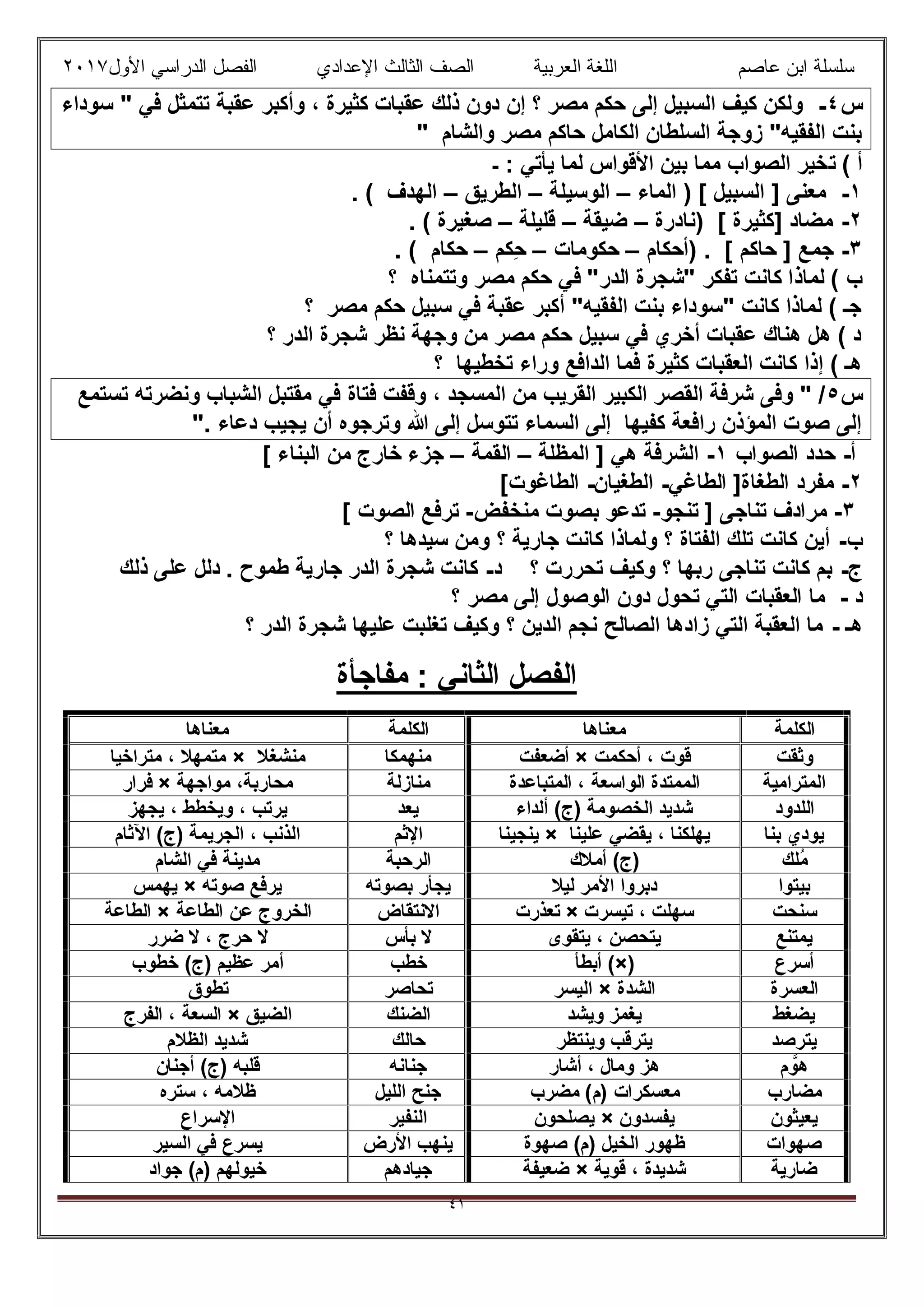 ‫ﻋﺎﺻم‬ ‫اﺑن‬ ‫ﺳﻠﺳﻠﺔ‬‫اﻟﻌرﺑﯾﺔ‬ ‫اﻟﻠﻐﺔ‬‫اﻟﺛﺎ‬ ‫اﻟﺻف‬‫ﻟث‬‫اﻷول‬ ‫اﻟدراﺳﻲ‬ ‫اﻟﻔﺻل‬ ‫اﻹﻋدادي‬٢٠١٧
٤١
‫س‬٤-‫ﺳوداء‬ " ‫ﻓﻲ‬ ‫ﺗﺗﻣﺛل‬ ‫ﻋﻘﺑﺔ‬ ‫وأﻛﺑر‬ ، ‫ﻛﺛﯾرة‬ ‫ﻋﻘﺑﺎت‬ ‫ذﻟك‬ ‫دون‬ ‫إن‬ ‫؟‬ ‫ﻣﺻر‬ ‫ﺣﻛم‬ ‫إﻟﻰ‬ ‫اﻟﺳﺑﯾل‬ ‫ﻛﯾف‬ ‫وﻟﻛن‬
" ‫واﻟﺷﺎم‬ ‫ﻣﺻر‬ ‫ﺣﺎﻛم‬ ‫اﻟﻛﺎﻣل‬ ‫اﻟﺳﻠطﺎن‬ ‫زوﺟﺔ‬ "‫اﻟﻔﻘﯾﮫ‬ ‫ﺑﻧت‬
‫ﺗ‬ ( ‫أ‬‫ـ‬ : ‫ﯾﺄﺗﻲ‬ ‫ﻟﻣﺎ‬ ‫اﻷﻗواس‬ ‫ﺑﯾن‬ ‫ﻣﻣﺎ‬ ‫اﻟﺻواب‬ ‫ﺧﯾر‬
١-‫اﻟﻣﺎء‬ ) [ ‫اﻟﺳﺑﯾل‬ ] ‫ﻣﻌﻧﻰ‬–‫اﻟوﺳﯾﻠﺔ‬–‫اﻟطرﯾق‬–. ( ‫اﻟﮭدف‬
٢-‫)ﻧﺎدرة‬ [ ‫]ﻛﺛﯾرة‬ ‫ﻣﺿﺎد‬–‫ﺿﯾﻘﺔ‬–‫ﻗﻠﯾﻠﺔ‬–. ( ‫ﺻﻐﯾرة‬
٣-‫)أﺣﻛﺎم‬ . [ ‫ﺣﺎﻛم‬ ] ‫ﺟﻣﻊ‬–‫ﺣﻛوﻣﺎت‬–‫ِﻛم‬‫ﺣ‬–. ( ‫ﺣﻛﺎم‬
‫ﻣﺻر‬ ‫ﺣﻛم‬ ‫ﻓﻲ‬ "‫اﻟدر‬ ‫"ﺷﺟرة‬ ‫ﺗﻔﻛر‬ ‫ﻛﺎﻧت‬ ‫ﻟﻣﺎذا‬ ( ‫ب‬‫؟‬ ‫وﺗﺗﻣﻧﺎه‬
‫؟‬ ‫ﻣﺻر‬ ‫ﺣﻛم‬ ‫ﺳﺑﯾل‬ ‫ﻓﻲ‬ ‫ﻋﻘﺑﺔ‬ ‫أﻛﺑر‬ "‫اﻟﻔﻘﯾﮫ‬ ‫ﺑﻧت‬ ‫"ﺳوداء‬ ‫ﻛﺎﻧت‬ ‫ﻟﻣﺎذا‬ ( ‫ﺟـ‬
‫؟‬ ‫اﻟدر‬ ‫ﺷﺟرة‬ ‫ﻧظر‬ ‫وﺟﮭﺔ‬ ‫ﻣن‬ ‫ﻣﺻر‬ ‫ﺣﻛم‬ ‫ﺳﺑﯾل‬ ‫ﻓﻲ‬ ‫أﺧري‬ ‫ﻋﻘﺑﺎت‬ ‫ھﻧﺎك‬ ‫ھل‬ ( ‫د‬
‫؟‬ ‫ﺗﺧطﯾﮭﺎ‬ ‫وراء‬ ‫اﻟداﻓﻊ‬ ‫ﻓﻣﺎ‬ ‫ﻛﺛﯾرة‬ ‫اﻟﻌﻘﺑﺎت‬ ‫ﻛﺎﻧت‬ ‫إذا‬ ( ‫ھـ‬
‫س‬٥‫ﻓﺗﺎة‬ ‫وﻗﻔت‬ ، ‫اﻟﻣﺳﺟد‬ ‫ﻣن‬ ‫اﻟﻘرﯾب‬ ‫اﻟﻛﺑﯾر‬ ‫اﻟﻘﺻر‬ ‫ﺷرﻓﺔ‬ ‫وﻓﻰ‬ " /‫ﺗﺳﺗﻣﻊ‬ ‫وﻧﺿرﺗﮫ‬ ‫اﻟﺷﺑﺎب‬ ‫ﻣﻘﺗﺑل‬ ‫ﻓﻲ‬
‫دﻋﺎء‬ ‫ﯾﺟﯾب‬ ‫أن‬ ‫وﺗرﺟوه‬ ‫ﷲ‬ ‫إﻟﻰ‬ ‫ﺗﺗوﺳل‬ ‫اﻟﺳﻣﺎء‬ ‫إﻟﻰ‬ ‫ﻛﻔﯾﮭﺎ‬ ‫راﻓﻌﺔ‬ ‫اﻟﻣؤذن‬ ‫ﺻوت‬ ‫إﻟﻰ‬".
‫أ‬-‫اﻟﺻواب‬ ‫ﺣدد‬١-‫اﻟﻣظﻠﺔ‬ ] ‫ھﻲ‬ ‫اﻟﺷرﻓﺔ‬–‫اﻟﻘﻣﺔ‬–[ ‫اﻟﺑﻧﺎء‬ ‫ﻣن‬ ‫ﺧﺎرج‬ ‫ﺟزء‬
٢-‫اﻟطﺎﻏﻲ‬ ]‫اﻟطﻐﺎة‬ ‫ﻣﻔرد‬-‫اﻟطﻐﯾﺎن‬-[‫اﻟطﺎﻏوت‬
٣-‫ﺗﻧﺟو‬ ] ‫ﺗﻧﺎﺟﻰ‬ ‫ﻣرادف‬-‫ﺑﺻوت‬ ‫ﺗدﻋو‬‫ﻣﻧﺧﻔض‬-[ ‫اﻟﺻوت‬ ‫ﺗرﻓﻊ‬
‫ب‬-‫؟‬ ‫ﺳﯾدھﺎ‬ ‫وﻣن‬ ‫؟‬ ‫ﺟﺎرﯾﺔ‬ ‫ﻛﺎﻧت‬ ‫وﻟﻣﺎذا‬ ‫؟‬ ‫اﻟﻔﺗﺎة‬ ‫ﺗﻠك‬ ‫ﻛﺎﻧت‬ ‫أﯾن‬
‫ج‬-‫د‬ ‫؟‬ ‫ﺗﺣررت‬ ‫وﻛﯾف‬ ‫؟‬ ‫رﺑﮭﺎ‬ ‫ﺗﻧﺎﺟﻰ‬ ‫ﻛﺎﻧت‬ ‫ﺑم‬-‫طﻣوح‬ ‫ﺟﺎرﯾﺔ‬ ‫اﻟدر‬ ‫ﺷﺟرة‬ ‫ﻛﺎﻧت‬‫ذﻟك‬ ‫ﻋﻠﻰ‬ ‫دﻟل‬ .
‫د‬-‫؟‬ ‫ﻣﺻر‬ ‫إﻟﻰ‬ ‫اﻟوﺻول‬ ‫دون‬ ‫ﺗﺣول‬ ‫اﻟﺗﻲ‬ ‫اﻟﻌﻘﺑﺎت‬ ‫ﻣﺎ‬
‫ھـ‬-‫؟‬ ‫اﻟدر‬ ‫ﺷﺟرة‬ ‫ﻋﻠﯾﮭﺎ‬ ‫ﺗﻐﻠﺑت‬ ‫وﻛﯾف‬ ‫؟‬ ‫اﻟدﯾن‬ ‫ﻧﺟم‬ ‫اﻟﺻﺎﻟﺢ‬ ‫زادھﺎ‬ ‫اﻟﺗﻲ‬ ‫اﻟﻌﻘﺑﺔ‬ ‫ﻣﺎ‬
‫ﻣﻔﺎﺟﺄة‬ : ‫اﻟﺛﺎﻧﻲ‬ ‫اﻟﻔﺻل‬
‫اﻟﻛﻠﻣﺔ‬‫ﻣﻌﻧﺎھﺎ‬‫اﻟﻛﻠﻣﺔ‬‫ﻣﻌﻧﺎھﺎ‬
‫وﺛﻘت‬‫أﺣﻛﻣت‬ ، ‫ﻗوت‬×‫أﺿﻌﻔت‬‫ﻣﻧﮭﻣﻛﺎ‬‫ﻣﻧﺷﻐﻼ‬×‫ﻣﺗراﺧﯾﺎ‬ ، ‫ﻣﺗﻣﮭﻼ‬
‫اﻟﻣﺗراﻣﯾﺔ‬‫اﻟﻣﺗﺑﺎﻋدة‬ ، ‫اﻟواﺳﻌﺔ‬ ‫اﻟﻣﻣﺗدة‬‫ﻣﻧﺎزﻟﺔ‬‫ﻣواﺟﮭﺔ‬ ،‫ﻣﺣﺎرﺑﺔ‬×‫ﻓرار‬
‫اﻟﻠ‬‫دود‬‫أﻟداء‬ (‫)ج‬ ‫اﻟﺧﺻوﻣﺔ‬ ‫ﺷدﯾد‬‫ﯾﻌد‬‫ﯾﺟﮭز‬ ، ‫وﯾﺧطط‬ ، ‫ﯾرﺗب‬
‫ﺑﻧﺎ‬ ‫ﯾودي‬‫ﻋﻠﯾﻧﺎ‬ ‫ﯾﻘﺿﻲ‬ ، ‫ﯾﮭﻠﻛﻧﺎ‬×‫ﯾﻧﺟﯾﻧﺎ‬‫اﻹﺛم‬‫اﻵﺛﺎم‬ (‫)ج‬ ‫اﻟﺟرﯾﻣﺔ‬ ، ‫اﻟذﻧب‬
‫ُﻠك‬‫ﻣ‬‫أﻣﻼك‬ (‫)ج‬‫اﻟرﺣﺑﺔ‬‫اﻟﺷﺎم‬ ‫ﻓﻲ‬ ‫ﻣدﯾﻧﺔ‬
‫ﺑﯾﺗوا‬‫ﻟﯾﻼ‬ ‫اﻷﻣر‬ ‫دﺑروا‬‫ﺑﺻوﺗﮫ‬ ‫ﯾﺟﺄر‬‫ﺻوﺗﮫ‬ ‫ﯾرﻓﻊ‬×‫ﯾﮭﻣس‬
‫ﺳﻧﺣت‬‫ﺗﯾﺳرت‬ ، ‫ﺳﮭﻠت‬×‫ﺗﻌذرت‬‫اﻻﻧﺗﻘﺎض‬‫اﻟﺧروج‬‫اﻟطﺎﻋﺔ‬ ‫ﻋن‬×‫اﻟطﺎﻋﺔ‬
‫ﯾﻣﺗﻧﻊ‬‫ﯾﺗﻘوى‬ ، ‫ﯾﺗﺣﺻن‬‫ﺑﺄس‬ ‫ﻻ‬‫ﺿرر‬ ‫ﻻ‬ ، ‫ﺣرج‬ ‫ﻻ‬
‫أﺳرع‬(×)‫أﺑطﺄ‬‫ﺧطب‬‫ﺧطوب‬ (‫)ج‬ ‫ﻋظﯾم‬ ‫أﻣر‬
‫اﻟﻌﺳرة‬‫اﻟﺷدة‬×‫اﻟﯾﺳر‬‫ﺗﺣﺎﺻر‬‫ﺗطوق‬
‫ﯾﺿﻐط‬‫وﯾﺷد‬ ‫ﯾﻐﻣز‬‫اﻟﺿﻧك‬‫اﻟﺿﯾق‬×‫اﻟﻔرج‬ ، ‫اﻟﺳﻌﺔ‬
‫ﯾﺗرﺻد‬‫وﯾﻧﺗظر‬ ‫ﯾﺗرﻗب‬‫ﺣﺎﻟك‬‫اﻟظﻼم‬ ‫ﺷدﯾد‬
‫م‬ ‫ﱠ‬‫ھو‬‫أﺷﺎر‬ ، ‫وﻣﺎل‬ ‫ھز‬‫ﺟﻧﺎﻧﮫ‬‫أﺟﻧﺎ‬ (‫)ج‬ ‫ﻗﻠﺑﮫ‬‫ن‬
‫ﻣﺿﺎرب‬‫ﻣﺿرب‬ (‫)م‬ ‫ﻣﻌﺳﻛرات‬‫اﻟﻠﯾل‬ ‫ﺟﻧﺢ‬‫ﺳﺗره‬ ، ‫ظﻼﻣﮫ‬
‫ﯾﻌﯾﺛون‬‫ﯾﻔﺳدون‬×‫ﯾﺻﻠﺣون‬‫اﻟﻧﻔﯾر‬‫اﻹﺳراع‬
‫ﺻﮭوات‬‫ﺻﮭوة‬ (‫)م‬ ‫اﻟﺧﯾل‬ ‫ظﮭور‬‫اﻷرض‬ ‫ﯾﻧﮭب‬‫اﻟﺳﯾر‬ ‫ﻓﻲ‬ ‫ﯾﺳرع‬
‫ﺿﺎرﯾﺔ‬‫ﻗوﯾﺔ‬ ، ‫ﺷدﯾدة‬×‫ﺿﻌﯾﻔﺔ‬‫ﺟﯾﺎدھم‬‫ﺟواد‬ (‫)م‬ ‫ﺧﯾوﻟﮭم‬
 