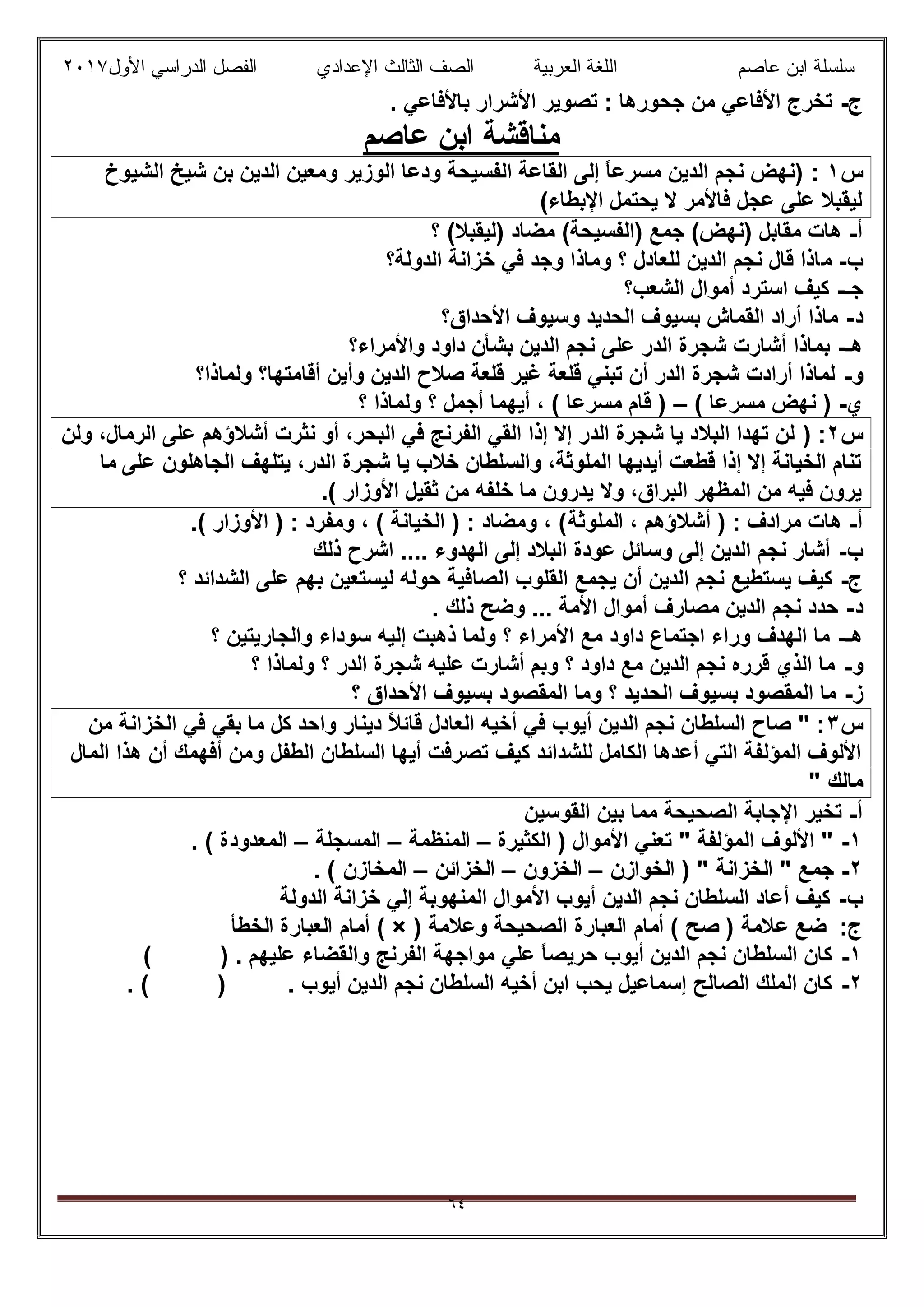 ‫ﻋﺎﺻم‬ ‫اﺑن‬ ‫ﺳﻠﺳﻠﺔ‬‫اﻟﻌرﺑﯾﺔ‬ ‫اﻟﻠﻐﺔ‬‫اﻟﺛﺎ‬ ‫اﻟﺻف‬‫ﻟث‬‫اﻷول‬ ‫اﻟدراﺳﻲ‬ ‫اﻟﻔﺻل‬ ‫اﻹﻋدادي‬٢٠١٧
٦٤
‫ج‬-. ‫ﺑﺎﻷﻓﺎﻋﻲ‬ ‫اﻷﺷرار‬ ‫ﺗﺻوﯾر‬ : ‫ﺟﺣورھﺎ‬ ‫ﻣن‬ ‫اﻷﻓﺎﻋﻲ‬ ‫ﺗﺧرج‬
‫ﻣﻧﺎﻗﺷﺔ‬‫ﻋﺎﺻم‬ ‫اﺑن‬
‫س‬١:‫اﻟﺷﯾوخ‬ ‫ﺷﯾﺦ‬ ‫ﺑن‬ ‫اﻟدﯾن‬ ‫وﻣﻌﯾن‬ ‫اﻟوزﯾر‬ ‫ودﻋﺎ‬ ‫اﻟﻔﺳﯾﺣﺔ‬ ‫اﻟﻘﺎﻋﺔ‬ ‫إﻟﻰ‬ ً‫ﺎ‬‫ﻣﺳرﻋ‬ ‫اﻟدﯾن‬ ‫ﻧﺟم‬ ‫)ﻧﮭض‬
(‫اﻹﺑطﺎء‬ ‫ﯾﺣﺗﻣل‬ ‫ﻻ‬ ‫ﻓﺎﻷﻣر‬ ‫ﻋﺟل‬ ‫ﻋﻠﻰ‬ ‫ﻟﯾﻘﺑﻼ‬
‫أ‬-‫؟‬ (‫)ﻟﯾﻘﺑﻼ‬ ‫ﻣﺿﺎد‬ (‫)اﻟﻔﺳﯾﺣﺔ‬ ‫ﺟﻣﻊ‬ (‫)ﻧﮭض‬ ‫ﻣﻘﺎﺑل‬ ‫ھﺎت‬
‫ب‬-‫ﻣ‬‫اﻟدوﻟﺔ؟‬ ‫ﺧزاﻧﺔ‬ ‫ﻓﻲ‬ ‫وﺟد‬ ‫وﻣﺎذا‬ ‫؟‬ ‫ﻟﻠﻌﺎدل‬ ‫اﻟدﯾن‬ ‫ﻧﺟم‬ ‫ﻗﺎل‬ ‫ﺎذا‬
‫ﺟـ‬-‫اﻟﺷﻌب؟‬ ‫أﻣوال‬ ‫اﺳﺗرد‬ ‫ﻛﯾف‬
‫د‬-‫اﻷﺣداق؟‬ ‫وﺳﯾوف‬ ‫اﻟﺣدﯾد‬ ‫ﺑﺳﯾوف‬ ‫اﻟﻘﻣﺎش‬ ‫أراد‬ ‫ﻣﺎذا‬
‫ھـ‬-‫واﻷﻣراء؟‬ ‫داود‬ ‫ﺑﺷﺄن‬ ‫اﻟدﯾن‬ ‫ﻧﺟم‬ ‫ﻋﻠﻰ‬ ‫اﻟدر‬ ‫ﺷﺟرة‬ ‫أﺷﺎرت‬ ‫ﺑﻣﺎذا‬
‫و‬-‫أﻗﺎﻣ‬ ‫وأﯾن‬ ‫اﻟدﯾن‬ ‫ﺻﻼح‬ ‫ﻗﻠﻌﺔ‬ ‫ﻏﯾر‬ ‫ﻗﻠﻌﺔ‬ ‫ﺗﺑﻧﻲ‬ ‫أن‬ ‫اﻟدر‬ ‫ﺷﺟرة‬ ‫أرادت‬ ‫ﻟﻣﺎذا‬‫وﻟﻣﺎذا؟‬ ‫ﺗﮭﺎ؟‬
‫ي‬-( ‫ﻣﺳرﻋﺎ‬ ‫ﻧﮭض‬ )–‫؟‬ ‫وﻟﻣﺎذا‬ ‫؟‬ ‫أﺟﻣل‬ ‫أﯾﮭﻣﺎ‬ ، ( ‫ﻣﺳرﻋﺎ‬ ‫ﻗﺎم‬ )
‫س‬٢:)‫وﻟن‬ ،‫اﻟرﻣﺎل‬ ‫ﻋﻠﻰ‬ ‫أﺷﻼؤھم‬ ‫ﻧﺛرت‬ ‫أو‬ ،‫اﻟﺑﺣر‬ ‫ﻓﻲ‬ ‫اﻟﻔرﻧﺞ‬ ‫اﻟﻘﻲ‬ ‫إذا‬ ‫إﻻ‬ ‫اﻟدر‬ ‫ﺷﺟرة‬ ‫ﯾﺎ‬ ‫اﻟﺑﻼد‬ ‫ﺗﮭدا‬ ‫ﻟن‬
‫ﻋﻠﻰ‬ ‫اﻟﺟﺎھﻠون‬ ‫ﯾﺗﻠﮭف‬ ،‫اﻟدر‬ ‫ﺷﺟرة‬ ‫ﯾﺎ‬ ‫ﺧﻼب‬ ‫واﻟﺳﻠطﺎن‬ ،‫اﻟﻣﻠوﺛﺔ‬ ‫أﯾدﯾﮭﺎ‬ ‫ﻗطﻌت‬ ‫إذا‬ ‫إﻻ‬ ‫اﻟﺧﯾﺎﻧﺔ‬ ‫ﺗﻧﺎم‬‫ﻣﺎ‬
.( ‫اﻷوزار‬ ‫ﺛﻘﯾل‬ ‫ﻣن‬ ‫ﺧﻠﻔﮫ‬ ‫ﻣﺎ‬ ‫ﯾدرون‬ ‫وﻻ‬ ،‫اﻟﺑراق‬ ‫اﻟﻣظﮭر‬ ‫ﻣن‬ ‫ﻓﯾﮫ‬ ‫ﯾرون‬
‫أ‬-‫أﺷﻼؤھم‬ ) : ‫ﻣرادف‬ ‫ھﺎت‬‫اﻟﻣﻠوﺛﺔ‬ ،.( ‫اﻷوزار‬ ) : ‫وﻣﻔرد‬ ، ( ‫اﻟﺧﯾﺎﻧﺔ‬ ) : ‫وﻣﺿﺎد‬ ، (
‫ب‬-‫ذﻟك‬ ‫اﺷرح‬ .... ‫اﻟﮭدوء‬ ‫إﻟﻰ‬ ‫اﻟﺑﻼد‬ ‫ﻋودة‬ ‫وﺳﺎﺋل‬ ‫إﻟﻰ‬ ‫اﻟدﯾن‬ ‫ﻧﺟم‬ ‫أﺷﺎر‬
‫ج‬-‫اﻟﺻﺎ‬ ‫اﻟﻘﻠوب‬ ‫ﯾﺟﻣﻊ‬ ‫أن‬ ‫اﻟدﯾن‬ ‫ﻧﺟم‬ ‫ﯾﺳﺗطﯾﻊ‬ ‫ﻛﯾف‬‫؟‬ ‫اﻟﺷداﺋد‬ ‫ﻋﻠﻰ‬ ‫ﺑﮭم‬ ‫ﻟﯾﺳﺗﻌﯾن‬ ‫ﺣوﻟﮫ‬ ‫ﻓﯾﺔ‬
‫د‬-. ‫ذﻟك‬ ‫وﺿﺢ‬ ... ‫اﻷﻣﺔ‬ ‫أﻣوال‬ ‫ﻣﺻﺎرف‬ ‫اﻟدﯾن‬ ‫ﻧﺟم‬ ‫ﺣدد‬
‫ھـ‬-‫؟‬ ‫واﻟﺟﺎرﯾﺗﯾن‬ ‫ﺳوداء‬ ‫إﻟﯾﮫ‬ ‫ذھﺑت‬ ‫وﻟﻣﺎ‬ ‫؟‬ ‫اﻷﻣراء‬ ‫ﻣﻊ‬ ‫داود‬ ‫اﺟﺗﻣﺎع‬ ‫وراء‬ ‫اﻟﮭدف‬ ‫ﻣﺎ‬
‫و‬-‫؟‬ ‫وﻟﻣﺎذا‬ ‫؟‬ ‫اﻟدر‬ ‫ﺷﺟرة‬ ‫ﻋﻠﯾﮫ‬ ‫أﺷﺎرت‬ ‫وﺑم‬ ‫؟‬ ‫داود‬ ‫ﻣﻊ‬ ‫اﻟدﯾن‬ ‫ﻧﺟم‬ ‫ﻗرره‬ ‫اﻟذي‬ ‫ﻣﺎ‬
‫ز‬-‫اﻟﺣ‬ ‫ﺑﺳﯾوف‬ ‫اﻟﻣﻘﺻود‬ ‫ﻣﺎ‬‫؟‬ ‫اﻷﺣداق‬ ‫ﺑﺳﯾوف‬ ‫اﻟﻣﻘﺻود‬ ‫وﻣﺎ‬ ‫؟‬ ‫دﯾد‬
‫س‬٣‫ﻣن‬ ‫اﻟﺧزاﻧﺔ‬ ‫ﻓﻲ‬ ‫ﺑﻘﻲ‬ ‫ﻣﺎ‬ ‫ﻛل‬ ‫واﺣد‬ ‫دﯾﻧﺎر‬ ً‫ﻼ‬‫ﻗﺎﺋ‬ ‫اﻟﻌﺎدل‬ ‫أﺧﯾﮫ‬ ‫ﻓﻲ‬ ‫أﯾوب‬ ‫اﻟدﯾن‬ ‫ﻧﺟم‬ ‫اﻟﺳﻠطﺎن‬ ‫ﺻﺎح‬ " :
‫اﻟﻣﺎل‬ ‫ھذا‬ ‫أن‬ ‫أﻓﮭﻣك‬ ‫وﻣن‬ ‫اﻟطﻔل‬ ‫اﻟﺳﻠطﺎن‬ ‫أﯾﮭﺎ‬ ‫ﺗﺻرﻓت‬ ‫ﻛﯾف‬ ‫ﻟﻠﺷداﺋد‬ ‫اﻟﻛﺎﻣل‬ ‫أﻋدھﺎ‬ ‫اﻟﺗﻲ‬ ‫اﻟﻣؤﻟﻔﺔ‬ ‫اﻷﻟوف‬
" ‫ﻣﺎﻟك‬
‫أ‬-‫ﺑﯾن‬ ‫ﻣﻣﺎ‬ ‫اﻟﺻﺣﯾﺣﺔ‬ ‫اﻹﺟﺎﺑﺔ‬ ‫ﺗﺧﯾر‬‫اﻟﻘوﺳﯾن‬
١-‫اﻟﻛﺛﯾرة‬ ) ‫اﻷﻣوال‬ ‫ﺗﻌﻧﻲ‬ " ‫اﻟﻣؤﻟﻔﺔ‬ ‫اﻷﻟوف‬ "–‫اﻟﻣﻧظﻣﺔ‬–‫اﻟﻣﺳﺟﻠﺔ‬–. ( ‫اﻟﻣﻌدودة‬
٢-‫اﻟﺧوازن‬ ) " ‫اﻟﺧزاﻧﺔ‬ " ‫ﺟﻣﻊ‬–‫اﻟﺧزون‬–‫اﻟﺧزاﺋن‬–. ( ‫اﻟﻣﺧﺎزن‬
‫ب‬-‫اﻟدوﻟﺔ‬ ‫ﺧزاﻧﺔ‬ ‫إﻟﻲ‬ ‫اﻟﻣﻧﮭوﺑﺔ‬ ‫اﻷﻣوال‬ ‫أﯾوب‬ ‫اﻟدﯾن‬ ‫ﻧﺟم‬ ‫اﻟﺳﻠطﺎن‬ ‫أﻋﺎد‬ ‫ﻛﯾف‬
‫اﻟﻌﺑﺎرة‬ ‫أﻣﺎم‬ ( ‫ﺻﺢ‬ ) ‫ﻋﻼﻣﺔ‬ ‫ﺿﻊ‬ :‫ج‬) ‫وﻋﻼﻣﺔ‬ ‫اﻟﺻﺣﯾﺣﺔ‬( ×‫اﻟﺧطﺄ‬ ‫اﻟﻌﺑﺎرة‬ ‫أﻣﺎم‬
١-( ) . ‫ﻋﻠﯾﮭم‬ ‫واﻟﻘﺿﺎء‬ ‫اﻟﻔرﻧﺞ‬ ‫ﻣواﺟﮭﺔ‬ ‫ﻋﻠﻲ‬ ً‫ﺎ‬‫ﺣرﯾﺻ‬ ‫أﯾوب‬ ‫اﻟدﯾن‬ ‫ﻧﺟم‬ ‫اﻟﺳﻠطﺎن‬ ‫ﻛﺎن‬
٢-. ( ) . ‫أﯾوب‬ ‫اﻟدﯾن‬ ‫ﻧﺟم‬ ‫اﻟﺳﻠطﺎن‬ ‫أﺧﯾﮫ‬ ‫اﺑن‬ ‫ﯾﺣب‬ ‫إﺳﻣﺎﻋﯾل‬ ‫اﻟﺻﺎﻟﺢ‬ ‫اﻟﻣﻠك‬ ‫ﻛﺎن‬
 