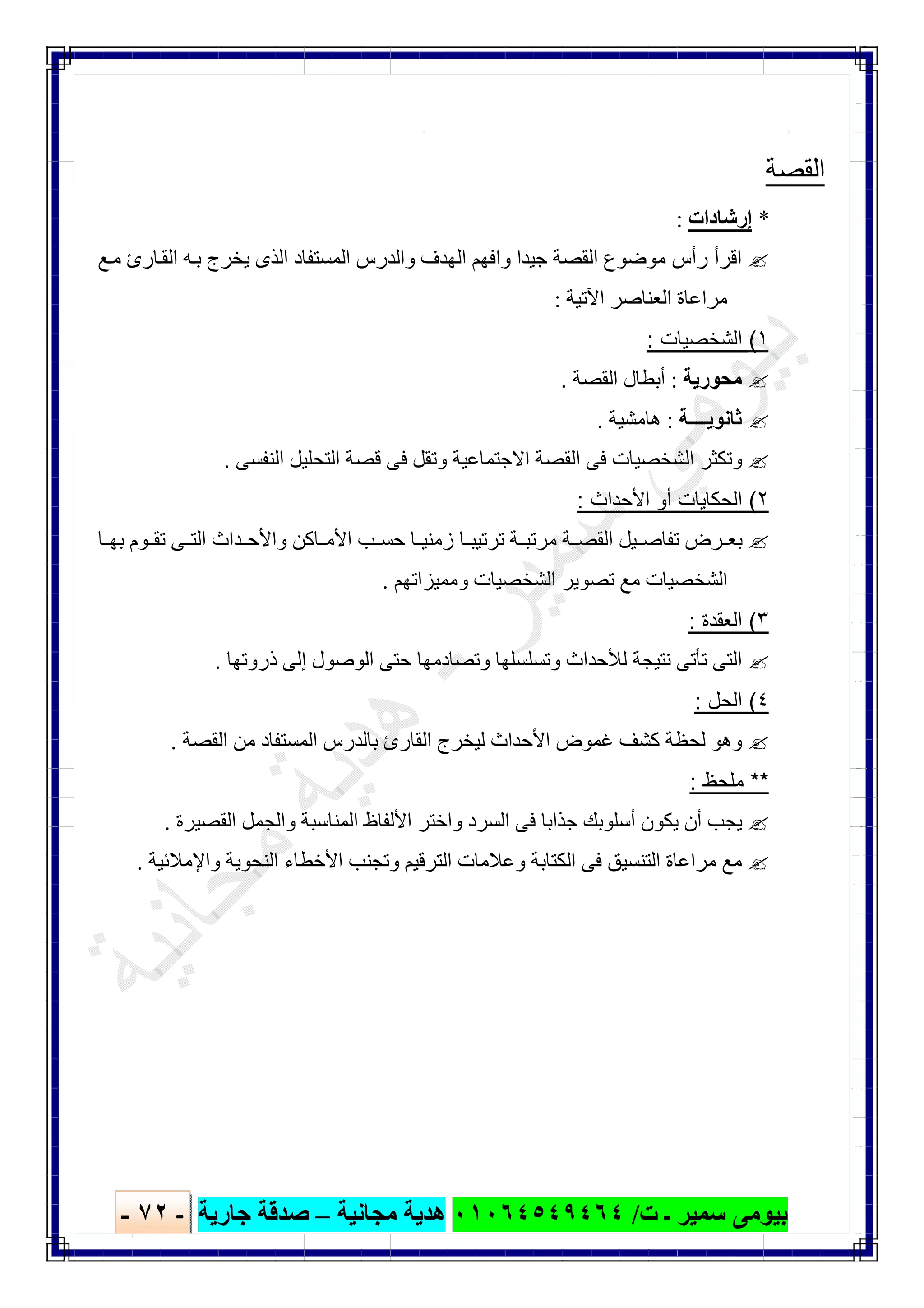 ‫ﺑﯿﻮ‬‫ت‬ ‫ـ‬ ‫ﺳﻤﯿﺮ‬ ‫ﻣﻰ‬/٠١٠٦٤٥٤٩٤٦٤‫ﻣﺠﺎﻧﯿﺔ‬ ‫ھﺪﯾﺔ‬–‫ﺟﺎرﯾﺔ‬ ‫ﺻﺪﻗﺔ‬-٧٢-

..
‫اﻟﻘﺻﺔ‬
*‫إرﺷﺎدات‬:
‫ﻊ‬‫ﻣ‬ ‫ﺎرئ‬‫اﻟﻘ‬ ‫ﮫ‬‫ﺑ‬ ‫ﯾﺨﺮج‬ ‫اﻟﺬى‬ ‫اﻟﻤﺴﺘﻔﺎد‬ ‫واﻟﺪرس‬ ‫اﻟﮭﺪف‬ ‫واﻓﮭﻢ‬ ‫ﺟﯿﺪا‬ ‫اﻟﻘﺼﺔ‬ ‫ﻣﻮﺿﻮع‬ ‫رأس‬ ‫اﻗﺮأ‬
‫اﻵﺗﯿﺔ‬ ‫اﻟﻌﻨﺎﺻﺮ‬ ‫ﻣﺮاﻋﺎة‬:
١(‫اﻟﺷﺧﺻﯾﺎت‬:
‫ﻣﺤﻮرﯾﺔ‬:‫اﻟﻘﺼﺔ‬ ‫أﺑﻄﺎل‬.
‫ﺛﺎﻧﻮﯾ‬‫ــــ‬‫ﺔ‬:‫ھﺎﻣﺸﯿﺔ‬.
‫اﻟﻨﻔﺴﻰ‬ ‫اﻟﺘﺤﻠﯿﻞ‬ ‫ﻗﺼﺔ‬ ‫ﻓﻰ‬ ‫وﺗﻘﻞ‬ ‫اﻻﺟﺘﻤﺎﻋﯿﺔ‬ ‫اﻟﻘﺼﺔ‬ ‫ﻓﻰ‬ ‫اﻟﺸﺨﺼﯿﺎت‬ ‫وﺗﻜﺜﺮ‬.
٢(‫اﻷﺣداث‬ ‫أو‬ ‫اﻟﺣﻛﺎﯾﺎت‬:
‫ﺎ‬ ‫ﺑﮭ‬ ‫ﻮم‬ ‫ﺗﻘ‬ ‫ﻰ‬ ‫اﻟﺘ‬ ‫ﺪاث‬ ‫واﻷﺣ‬ ‫ﺎﻛﻦ‬ ‫اﻷﻣ‬ ‫ﺐ‬ ‫ﺣﺴ‬ ‫ﺎ‬ ‫زﻣﻨﯿ‬ ‫ﺎ‬ ‫ﺗﺮﺗﯿﺒ‬ ‫ﺔ‬ ‫ﻣﺮﺗﺒ‬ ‫ﺔ‬ ‫اﻟﻘﺼ‬ ‫ﯿﻞ‬ ‫ﺗﻔﺎﺻ‬ ‫ﺮض‬ ‫ﺑﻌ‬
‫وﻣﻤﯿﺰاﺗﮭﻢ‬ ‫اﻟﺸﺨﺼﯿﺎت‬ ‫ﺗﺼﻮﯾﺮ‬ ‫ﻣﻊ‬ ‫اﻟﺸﺨﺼﯿﺎت‬.
٣(‫اﻟﻌﻘدة‬:
‫ﻧ‬ ‫ﺗﺄﺗﻰ‬ ‫اﻟﺘﻰ‬‫ذروﺗﮭﺎ‬ ‫إﻟﻰ‬ ‫اﻟﻮﺻﻮل‬ ‫ﺣﺘﻰ‬ ‫وﺗﺼﺎدﻣﮭﺎ‬ ‫وﺗﺴﻠﺴﻠﮭﺎ‬ ‫ﻟﻸﺣﺪاث‬ ‫ﺘﯿﺠﺔ‬.
٤(‫اﻟﺣل‬:
‫اﻟﻘﺼﺔ‬ ‫ﻣﻦ‬ ‫اﻟﻤﺴﺘﻔﺎد‬ ‫ﺑﺎﻟﺪرس‬ ‫اﻟﻘﺎرئ‬ ‫ﻟﯿﺨﺮج‬ ‫اﻷﺣﺪاث‬ ‫ﻏﻤﻮض‬ ‫ﻛﺸﻒ‬ ‫ﻟﺤﻈﺔ‬ ‫وھﻮ‬.
**‫ﻣﻠﺣظ‬:
‫اﻟﻘﺼﯿﺮة‬ ‫واﻟﺠﻤﻞ‬ ‫اﻟﻤﻨﺎﺳﺒﺔ‬ ‫اﻷﻟﻔﺎظ‬ ‫واﺧﺘﺮ‬ ‫اﻟﺴﺮد‬ ‫ﻓﻰ‬ ‫ﺟﺬاﺑﺎ‬ ‫أﺳﻠﻮﺑﻚ‬ ‫ﯾﻜﻮن‬ ‫أن‬ ‫ﯾﺠﺐ‬.
‫وﻋﻼﻣ‬ ‫اﻟﻜﺘﺎﺑﺔ‬ ‫ﻓﻰ‬ ‫اﻟﺘﻨﺴﯿﻖ‬ ‫ﻣﺮاﻋﺎة‬ ‫ﻣﻊ‬‫واﻹﻣﻼﺋﯿﺔ‬ ‫اﻟﻨﺤﻮﯾﺔ‬ ‫اﻷﺧﻄﺎء‬ ‫وﺗﺠﻨﺐ‬ ‫اﻟﺘﺮﻗﯿﻢ‬ ‫ﺎت‬.
 
