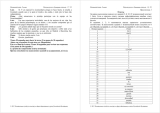 Испанский язык. 9 класс Используется с бланками ответов - 17 / 22
© 2017 Федеральная служба по надзору в сфере образования и науки Российской Федерации
Luis: Sí. Y en especial lo recomendaría porque te hace fuerte, te enseña a
levantarte cuando caes y te quita el miedo a las caídas, y todo esto te hace más
independiente.
Elena: ¿Qué sensaciones te produjo participar con tu equipo en las
Paraolimpiadas?
Luis: Fue una experiencia inolvidable, una de las mejores de mi vida. Ser
parte de la familia paraolímpica es un honor, y me encantó comprobar que el
espíritu de los juegos olímpicos sigue estando vivo.
Elena: ¿Te gustaría añadir algo que no hayamos tenido en cuenta?
Luis: Sólo animar a la gente que practique este deporte y sobre todo a los
habitantes de las ciudades pequeñas, ya que sólo en Madrid y Barcelona hay
muchos equipos que lo practican, y eso no es suficiente.
Elena: Te deseo mucha suerte, Luis.
Luis: Gracias, igualmente.
Tienes 30 segundos para hacer la tarea. (Una pausa de 30 segundos.)
Ahora vas a escuchar el texto otra vez. (Repetición.)
Éste es el final de la tarea. Tienes 30 segundos para revisar tus respuestas.
(Una pausa de 30 segundos.)
La prueba de comprensión oral ha terminado.
Время, отведённое на выполнение заданий по аудированию, истекло.
Испанский язык. 9 класс Используется с бланками ответов - 18 / 22
© 2017 Федеральная служба по надзору в сфере образования и науки Российской Федерации
Приложение 2
Ответы
За верное выполнение каждого из заданий 3–8, 10–32 экзаменуемый получает
1 балл. Если в кратком ответе сделана орфографическая ошибка, ответ
считается неверным. За неверный ответ или отсутствие ответа выставляется 0
баллов.
В заданиях 1, 2, 9 оценивается каждое правильно установленное
соответствие. За выполнение задания 1 экзаменуемый может получить от 0
до 4 баллов; за задание 2 – от 0 до 5 баллов; за задание 9 – от 0 до 7 баллов.
Номер задания Ответ
1 5413
2 41623
3 2
4 3
5 2
6 1
7 2
8 3
9 1234567
10 2
11 1
12 3
13 2
14 2
15 3
16 1
17 3
18 cubierta
19 ten
20 ve
21 perderá
22 estaba
23 la
24 tienes
25 se convirtió
26 se casaron
27 maravillosa
28 genial
29 turistas
30 diversidad
31 amable
32 fabulosa
 