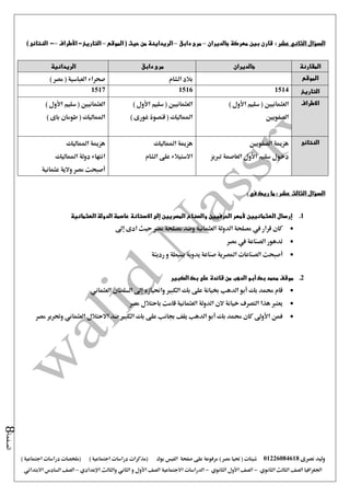 ‫نصرى‬ ‫وليد‬01226084618) ‫مصر‬ ‫حتيا‬ ( ‫شيتات‬‫على‬ ‫مرفوعة‬‫صفحة‬‫الفيس‬‫بوك‬( ) ‫اجتماعية‬ ‫دراسات‬ ‫(مذكرات‬‫ملخصات‬) ‫اجتماعية‬ ‫دراسات‬
‫اجلغرافيا‬‫الثانوي‬ ‫الثالث‬ ‫الصف‬-‫الصف‬‫الثانوي‬ ‫األول‬-‫االجتماعية‬ ‫الدراسات‬‫الصف‬‫و‬ ‫األول‬‫اإلعدادي‬ ‫والثالث‬ ‫الثاني‬–‫السا‬ ‫الصف‬‫االبتدائي‬ ‫دس‬
‫الصفحة‬8
‫عشر‬ ‫الثاني‬ ‫السؤال‬:‫جالديران‬ ‫معركة‬ ‫بين‬ ‫قارن‬–‫دابق‬ ‫مرج‬–‫الموقع‬ ( ‫حيث‬ ‫من‬ ‫الريداينة‬–‫التاريخ‬-‫األطراف‬–-) ‫النتائج‬
‫المقارنة‬‫جالديران‬‫دابق‬ ‫مرج‬‫الري‬‫دانية‬
‫الموقع‬‫الشام‬ ‫بالد‬) ‫مصر‬ ( ‫العباسية‬ ‫صحراء‬
‫التاريخ‬151415161517
‫االطراف‬) ‫األول‬ ‫سليم‬ ( ‫العثمانيني‬
‫الصفويني‬
) ‫األول‬ ‫سليم‬ ( ‫العثمانيني‬
) ‫غورى‬ ‫قنصوة‬ ( ‫املماليك‬
) ‫األول‬ ‫سليم‬ ( ‫العثمانيني‬
) ‫باى‬ ‫طومان‬ ( ‫املماليك‬
‫النتائج‬‫الصفويني‬ ‫هزمية‬
‫سليم‬ ‫دخول‬‫األول‬‫تربيز‬ ‫العاصمة‬
‫املماليك‬ ‫هزمية‬
‫الشام‬ ‫على‬ ‫االستيالء‬
‫هزمية‬‫املماليك‬
‫املماليك‬ ‫دولة‬ ‫انتهاء‬
‫أصبحت‬‫عثمانية‬ ‫والية‬ ‫مصر‬
: ‫عشر‬ ‫الثالث‬ ‫السؤال‬‫في‬ ‫ريك‬ ‫ما‬:
1.‫العثمانيي‬ ‫إرسال‬‫ن‬‫العثمانية‬ ‫الدولة‬ ‫عاصمة‬ ‫االستانة‬ ‫إلى‬ ‫المصريين‬ ‫والصناع‬ ‫الحرفيين‬ ‫ألمهر‬
‫الدولة‬ ‫مصلحة‬ ‫يف‬ ‫قرار‬ ‫كان‬‫إ ى‬ ‫ادى‬ ‫حيث‬ ‫مصر‬ ‫مصلحة‬ ‫وضد‬ ‫العثمانية‬
‫مصر‬ ‫يف‬ ‫الصناعة‬ ‫تدهور‬
‫أصبحت‬‫رديئة‬ ‫و‬ ‫بسيطة‬ ‫يدوية‬ ‫صناعة‬ ‫املصرية‬ ‫الصناعات‬
2.‫الكبير‬ ‫بك‬ ‫على‬ ‫قائدة‬ ‫من‬ ‫الدهب‬ ‫أبو‬ ‫بك‬ ‫محمد‬ ‫موقف‬
‫العثماني‬ ‫السلطان‬ ‫إ ى‬ ‫واحنيازه‬ ‫الكبري‬ ‫بك‬ ‫على‬ ‫خبيانة‬ ‫الدهب‬ ‫أبو‬ ‫بك‬ ‫حممد‬ ‫قام‬
‫ا‬ ‫الن‬ ‫خيانة‬ ‫التصرف‬ ‫هذا‬ ‫يعترب‬‫مصر‬ ‫باحتالل‬ ‫قامت‬ ‫العثمانية‬ ‫لدولة‬
‫مصر‬ ‫وحترير‬ ‫العثماني‬ ‫االحتالل‬ ‫ضد‬ ‫الكبري‬ ‫بك‬ ‫على‬ ‫جبانب‬ ‫يقف‬ ‫الدهب‬ ‫أبو‬ ‫بك‬ ‫حممد‬ ‫كان‬ ‫األو ى‬ ‫فمن‬
 