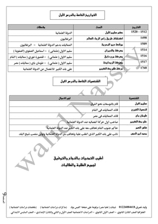 ‫نصرى‬ ‫وليد‬01226084618) ‫مصر‬ ‫حتيا‬ ( ‫شيتات‬‫على‬ ‫مرفوعة‬‫صفحة‬‫الفيس‬‫بوك‬( ) ‫اجتماعية‬ ‫دراسات‬ ‫(مذكرات‬‫ملخصات‬) ‫اجتماعية‬ ‫دراسات‬
‫اجلغرافيا‬‫الثانوي‬ ‫الثالث‬ ‫الصف‬-‫الصف‬‫الثانوي‬ ‫األول‬-‫االجتماعية‬ ‫الدراسات‬‫الصف‬‫و‬ ‫األول‬‫اإلعدادي‬ ‫والثالث‬ ‫الثاني‬–‫السا‬ ‫الصف‬‫االبتدائي‬ ‫دس‬
‫الصفحة‬9
‫التاريخ‬‫الحدث‬‫مالحظات‬
1512–1520‫سليم‬ ‫حكم‬‫األول‬‫العثمانية‬ ‫الدولة‬
1498‫الصالح‬ ‫الرجاء‬ ‫راس‬ ‫طريق‬ ‫اكتشاف‬‫الربتغاليون‬
1509‫البحرية‬ ‫ديو‬ ‫موقعة‬‫العثمانية‬ ‫الدولة‬ ‫بدعم‬ ‫املماليك‬-‫الربتغاليون‬
1514‫جالديران‬ ‫معركة‬) ‫(عثمانى‬ ‫االول‬ ‫سليم‬-) ‫(الصفوية‬ ‫الصفوى‬ ‫امساعيل‬
1516‫دابق‬ ‫مرج‬ ‫معركة‬) ‫عثماني‬ ( ‫االول‬ ‫سليم‬-‫الشام‬ ) ‫مماليك‬ ( ‫غوري‬ ‫قنصورة‬
1517‫الريداينة‬ ‫معركة‬‫ع‬ ( ‫االول‬ ‫سليم‬) ‫ثماني‬-‫مصر‬ ) ‫مماليك‬ ( ‫باى‬ ‫طومان‬
1768‫الكبير‬ ‫بك‬ ‫على‬ ‫حركة‬‫العثمانية‬ ‫الدولة‬ ‫عن‬ ‫لالنفصال‬ ‫الكبري‬ ‫بك‬ ‫على‬
‫الشخصية‬‫اهم‬‫االعمال‬
‫االول‬ ‫سليم‬‫الشرق‬ ‫حنو‬ ‫بالتوسعات‬ ‫قام‬
‫الغورى‬ ‫قنصوة‬‫الشام‬ ‫فى‬ ‫املماليك‬ ‫قائد‬
‫باى‬ ‫طومان‬‫مصر‬ ‫فى‬ ‫املماليك‬ ‫قائد‬
‫الكبير‬ ‫بك‬ ‫على‬‫صا‬‫العثمانية‬ ‫الدولة‬ ‫ضد‬ ‫انفصاليه‬ ‫حركة‬ ‫اول‬ ‫حب‬
‫العمر‬ ‫ضاهر‬‫العثمانية‬ ‫الدولة‬ ‫ضد‬ ‫الكبري‬ ‫بك‬ ‫على‬ ‫معه‬ ‫حتالف‬ ‫الشام‬ ‫جنوب‬ ‫حاكم‬
‫الدهب‬ ‫ابو‬ ‫محمد‬‫البلد‬ ‫شيخ‬ ‫منصب‬ ‫وتو ى‬ ‫العثمانية‬ ‫الدولة‬ ‫مع‬ ‫وحتالف‬ ‫علية‬ ‫انقلب‬ ‫الذى‬ ‫الكبري‬ ‫بك‬ ‫على‬ ‫نائب‬
‫أطيب‬‫والتوفيق‬ ‫بالنجاح‬ ‫التمنيات‬
‫ال‬ ‫لجميع‬‫والطالبات‬ ‫طلبة‬
‫األول‬ ‫بالدرس‬ ‫الخاصة‬ ‫التواريخ‬
‫االول‬ ‫بالدرس‬ ‫الخاصة‬ ‫الشخصيات‬
 