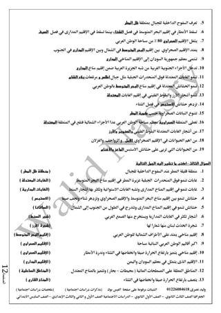 ‫نصرى‬ ‫وليد‬01226084618‫على‬ ‫مرفوعة‬ ‫الشيتات‬‫صفحة‬‫الفيس‬‫بوك‬( ) ‫اجتماعية‬ ‫دراسات‬ ‫(مذكرات‬‫ملخصات‬) ‫اجتماعية‬ ‫دراسات‬
‫اجلغرافيا‬‫الثانوي‬ ‫الثالث‬ ‫الصف‬-‫الصف‬‫الثانوي‬ ‫األول‬-‫االجتماعية‬ ‫الدراسات‬‫الصف‬‫و‬ ‫األول‬‫اإلعدادي‬ ‫والثالث‬ ‫الثاني‬–‫االبتدائي‬ ‫السادس‬ ‫الصف‬
‫الصفحة‬12
5.‫مبنطقة‬ ‫للجبال‬ ‫الداخلية‬ ‫السفوح‬ ‫تعرف‬‫المطر‬ ‫ظل‬
6.‫تسقط‬‫األمطار‬‫يف‬‫إقليم‬‫فصل‬ ‫يف‬ ‫املتوسط‬ ‫البحر‬‫الشتاء‬‫يف‬ ‫تسقط‬ ‫بينما‬‫اإلقليم‬‫فصل‬ ‫يف‬ ‫املدارى‬‫الصيف‬
7.‫يشغل‬‫اإلقليم‬‫الصحراوي‬80‫الوطن‬ ‫مساحة‬ ‫من‬ %‫العربي‬
8.‫ميتد‬‫اإلقليم‬‫الصحراوي‬‫بني‬‫إقليم‬‫المتوسط‬ ‫البحر‬‫اإلقليم‬ ‫وبني‬ ‫الشمال‬ ‫يف‬‫المدارى‬‫اجلنوب‬ ‫يف‬
9.‫إىل‬ ‫السودان‬ ‫مجهورية‬ ‫معظم‬ ‫تنتمى‬‫اإلقليم‬‫املناخي‬‫المدارى‬
10.‫مناخ‬ ‫إقليم‬ ‫ضمن‬ ‫العربية‬ ‫اجلزيرة‬ ‫شبه‬ ‫من‬ ‫الغربية‬ ‫اجلنوبية‬ ‫األجزاء‬ ‫تدخل‬‫المدارى‬
11.‫مثل‬ ‫اجلبلية‬ ‫املنحدرات‬ ‫فوق‬ ‫املعتدلة‬ ‫الغابات‬ ‫تنمو‬‫جبال‬‫اطلس‬‫و‬‫مرتفعات‬‫الشام‬ ‫بالد‬
12.‫يف‬ ‫املعتدلة‬ ‫احلشائش‬ ‫تنمو‬‫إقليم‬‫مناخ‬‫المتوسط‬ ‫البحر‬‫بالوطن‬‫العربي‬
13.‫تنمو‬‫أشجار‬‫األرز‬‫والبلوط‬‫الفليين‬‫يف‬‫إقليم‬‫الغابات‬‫المعتدلة‬
14.‫حشائش‬ ‫تزدهر‬‫االستبس‬‫الشتاء‬ ‫فصل‬ ‫يف‬
15.‫حسب‬ ‫الصحراوية‬ ‫النباتات‬ ‫تتنوع‬‫المطر‬ ‫كمية‬
16.‫املنطقة‬ ‫تغطى‬‫الصحراوية‬‫املنطقة‬ ‫يف‬ ‫فتقع‬ ‫الشمالية‬ ‫األجزاء‬ ‫عدا‬ ‫العربي‬ ‫الوطن‬ ‫مساحة‬ ‫معظم‬‫المعتدلة‬
17.‫البلوط‬ ‫املعتدلة‬ ‫الغابات‬ ‫أشجار‬ ‫من‬‫الفليين‬‫والصنوبر‬‫واألرز‬
18.‫الصحراوي‬ ‫اإلقليم‬ ‫يف‬ ‫احليوانات‬ ‫اهم‬ ‫من‬‫االبل‬‫والغزالن‬ ‫الزواحف‬ ‫و‬
19.‫االستبس‬ ‫حشائش‬ ‫على‬ ‫تربى‬ ‫اليت‬ ‫احليوانات‬ ‫من‬‫واألغنام‬ ‫الماعز‬
‫التالية‬ ‫الجمل‬ ‫اليه‬ ‫تشير‬ ‫ما‬ ‫اكتب‬ : ‫الثالث‬ ‫السؤال‬
1.‫للجبال‬ ‫الداخلية‬ ‫السفوح‬ ‫عند‬ ‫املطر‬ ‫قليلة‬ ‫منطقة‬) ‫المطر‬ ‫ظل‬ ‫منطقة‬ (
2.‫يف‬ ‫املطر‬ ‫غزيرة‬ ‫اجلبلية‬ ‫املنحدرات‬ ‫فوق‬ ‫تنمو‬ ‫غابات‬‫إقليم‬‫املتوسط‬ ‫البحر‬ ‫مناخ‬() ‫المعتدلة‬ ‫الغابات‬
3.‫يف‬ ‫تنمو‬ ‫غابات‬‫إقليم‬‫بها‬ ‫وتكثر‬ ‫االستوائية‬ ‫الغابات‬ ‫وتشبه‬ ‫املدارى‬ ‫املناخ‬‫أشجار‬‫السنط‬) ‫المدارية‬ ‫(الغابات‬
4.‫بني‬ ‫تنمو‬ ‫حشائش‬‫إقليم‬‫املتوسط‬ ‫البحر‬ ‫مناخ‬‫واإلقليم‬‫الصحراوي‬‫صيفا‬ ‫وجتف‬ ‫شتاء‬ ‫وتزدهر‬) ‫االستبس‬ (
5.‫يف‬ ‫تنمو‬ ‫حشائش‬‫إقليم‬‫الشمال‬ ‫إىل‬ ‫اجلنوب‬ ‫من‬ ‫الطول‬ ‫يف‬ ‫وتتدرج‬ ‫املدارى‬ ‫املناخ‬) ‫السافانا‬ (
6.‫أشجار‬‫الصمغ‬ ‫منها‬ ‫ويستخرج‬ ‫املدارية‬ ‫الغابات‬ ‫يف‬ ‫تكثر‬‫العربي‬) ‫السنط‬ ‫(شجر‬
7.‫هلا‬ ‫شعارا‬ ‫منها‬ ‫لبنان‬ ‫اختذت‬ ‫شجرة‬‫(شجرة‬‫األرز‬)
8.‫إقليم‬‫مناخي‬‫على‬ ‫ميتد‬‫األطراف‬‫للوطن‬ ‫الشمالية‬‫العربي‬(‫إقليم‬) ‫المتوسط‬ ‫البحر‬
9.‫اكرب‬‫مساحة‬ ‫النباتية‬ ‫العربي‬ ‫الوطن‬ ‫أقاليم‬) ‫الصحراوي‬ ‫اإلقليم‬ (
10.‫األمطار‬ ‫وندرة‬ ‫الشتاء‬ ‫يف‬ ‫واخنفاضها‬ ‫صيفا‬ ‫احلرارة‬ ‫بارتفاع‬ ‫يتميز‬ ‫مناخي‬ ‫إقليم‬) ‫الصحراوي‬ ‫اإلقليم‬ (
11.‫اإلقليم‬‫واليمن‬ ‫السودان‬ ‫معظم‬ ‫يف‬ ‫يتمثل‬ ‫الذى‬) ‫المدارى‬ ‫اإلقليم‬ (
12.‫حميطات‬ ( ‫املائية‬ ‫املسطحات‬ ‫على‬ ‫املطلة‬ ‫املناطق‬–‫املعتدل‬ ‫باملناخ‬ ‫وتتميز‬ ) ‫حبار‬) ‫الساحلية‬ ‫المناطق‬ (
13.‫يتصف‬‫واخنفاضها‬ ‫صيفا‬ ‫احلرارة‬ ‫بارتفاع‬‫يف‬‫الشتاء‬‫المناخ‬ (‫القاري‬)
 