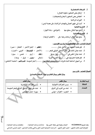 ‫نصرى‬ ‫وليد‬01226084618‫على‬ ‫مرفوعة‬ ‫الشيتات‬‫صفحة‬‫الفيس‬‫بوك‬( ) ‫اجتماعية‬ ‫دراسات‬ ‫(مذكرات‬‫ملخصات‬) ‫اجتماعية‬ ‫دراسات‬
‫اجلغرافيا‬‫الثانوي‬ ‫الثالث‬ ‫الصف‬-‫الصف‬‫الثانوي‬ ‫األول‬-‫االجتماعية‬ ‫الدراسات‬‫الصف‬‫و‬ ‫األول‬‫اإلعدادي‬ ‫والثالث‬ ‫الثاني‬–‫االبتدائي‬ ‫السادس‬ ‫الصف‬
‫الصفحة‬9
2.‫االنكسارية‬ ‫الحركات‬
) ‫اجلبال‬ ‫مكونه‬ ( ‫الصخور‬ ‫بعض‬ ‫ارتفاع‬
) ‫واحمليطات‬ ‫البحار‬ ( ‫الصخور‬ ‫بعض‬ ‫اخنفاض‬
‫الربكانية‬ ‫الثورات‬
‫اجلبال‬ ‫ظهور‬ ‫إىل‬ ‫أدت‬) ‫اليمن‬ ‫هضبة‬ ‫مثل‬ ( ‫الربكانية‬ ‫واهلضاب‬
3.‫المائية‬ ‫التعرية‬
‫(الشواطئ‬ ‫منها‬ ‫سطح‬ ‫أشكال‬ ‫عنها‬ ‫ينتج‬–) ‫األنهار‬ ‫دلتا‬
4.‫الهوائية‬ ‫التعرية‬
‫أشكال‬ ‫عنها‬ ‫ينتج‬‫رملية‬ ‫ارسابات‬) ‫الرملية‬ ‫الكثبان‬ ( ‫مثل‬
‫السؤال‬‫السادس‬‫اختر‬ :‫اإلجابة‬: ‫القوسين‬ ‫بين‬ ‫مما‬ ‫الصحيحة‬
1........... ‫جبال‬ ‫سالسل‬ ‫بني‬ ‫الشطوط‬ ‫هضبة‬ ‫تقع‬(‫اطلس‬-‫البحر‬‫األمحر‬-‫احلجاز‬-) ‫عسري‬
2.‫الساحل‬ ‫طول‬ ‫على‬ ‫الشام‬ ‫جبال‬ ‫متتد‬‫الشرقي‬...... ‫للبحر‬(‫األمحر‬-‫المتوسط‬–‫العربي‬-) ‫امليت‬
3.‫يف‬ ‫اطلس‬ ‫جبال‬ ‫متتد‬‫عربية‬ ‫دول‬ .................(‫ثالث‬–‫اربع‬–‫مخس‬–) ‫سبع‬
4.‫العربية‬ ‫اجلزيرة‬ ‫شبه‬ ........ ‫يف‬ ‫حضرموت‬ ‫هضبة‬ ‫تقع‬‫مشال‬ (–‫جنوب‬–‫شرق‬–) ‫وسط‬
5.‫املتوسط‬ ‫البحر‬ ( ......... ‫سهول‬ ‫الطاقة‬ ‫ومصادر‬ ‫املعدنية‬ ‫بالثروات‬ ‫الغنية‬ ‫الساحلية‬ ‫السهول‬ ‫من‬–‫البحر‬‫األحمر‬–‫احمليط‬‫األطلنطي‬)
‫السؤال‬‫السابع‬:‫بين‬ ‫قارن‬
) ‫واالمتداد‬ ‫النشأة‬ ( ‫حيث‬ ‫من‬ ‫الشام‬ ‫وجبال‬ ‫اطلس‬ ‫جبال‬
‫أوجه‬‫المقارنة‬‫اطلس‬ ‫جبال‬‫الشام‬ ‫جبال‬
‫النشأة‬‫بسبب‬‫االلتوائية‬ ‫احلركات‬‫االنكسارية‬ ‫احلركات‬ ‫بسبب‬
‫االمتداد‬‫الشرق‬ ‫إىل‬ ‫الغرب‬ ‫من‬ ‫متتد‬
‫املغرب‬–‫اجلزائر‬–‫تونس‬
‫الساحل‬ ‫طول‬ ‫على‬ ‫متتد‬‫الشرقي‬‫املتوسط‬ ‫للبحر‬
‫سوريا‬–‫لبنان‬-‫فلسطني‬
 