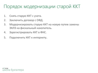 Порядок модернизации старой ККТ
1. Снять старую ККТ с учета.
2. Заключить договор с ОФД.
3. Модернизировать старую ККТ на новую путем замены
ЭКЛЗ на фискальный накопитель.
4. Зарегистрировать ККТ в ФНС.
5. Подключить ККТ к интернету.
 