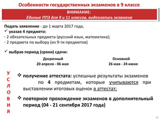 Подать заявление - до 1 марта 2017 года,
 указав 4 предмета:
- 2 обязательных предмета (русский язык, математика);
- 2 предмета по выбору (из 9-ти предметов)
 выбрав период (сроки) сдачи:
Досрочный Основной
20 апреля - 06 мая 26 мая - 24 июня
 получение аттестата: успешные результаты экзаменов
по 4 предметам, которые учитываются при
выставлении итоговых оценок в аттестат;
 повторное прохождение экзаменов в дополнительный
период (04 - 21 сентября 2017 года)
Особенности государственных экзаменов в 9 классе
У
С
Л
О
В
И
Я
ВНИМАНИЕ:
Единые ППЭ для 9 и 11 классов, видеозапись экзамена
ВНИМАНИЕ:
Единые ППЭ для 9 и 11 классов, видеозапись экзамена
20
 