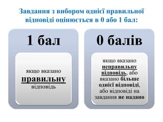 Завдання з вибором однієї правильної
відповіді оцінюється в 0 або 1 бал:
1 бал
якщо вказано
правильну
відповідь
0 балів
якщо вказано
неправильну
відповідь, або
вказано більше
однієї відповіді,
або відповіді на
завдання не надано
 