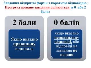 Завдання відкритої форми з короткою відповіддю.
Неструктуроване завдання оцінюється в 0 або 2
бали:
2 бали
Якщо вказано
правильну
відповідь
0 балів
якщо вказано
неправильну
відповіді, або
відповіді на
завдання не
надано
 