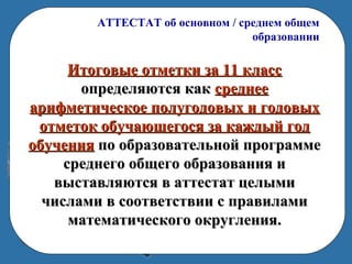 АТТЕСТАТ об основном / среднем общем
образовании
Итоговые отметки за 11 классИтоговые отметки за 11 класс
определяются какопределяются как среднеесреднее
арифметическое полугодовых и годовыхарифметическое полугодовых и годовых
отметок обучающегося за каждый годотметок обучающегося за каждый год
обученияобучения по образовательной программепо образовательной программе
среднего общего образования исреднего общего образования и
выставляются в аттестат целымивыставляются в аттестат целыми
числами в соответствии с правиламичислами в соответствии с правилами
математического округления.математического округления.
 