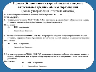 Приказ об окончании старшей школы и выдаче
аттестатов о среднем общем образовании
(после утверждения итоговых отметок)
На основании решения педагогического совета (протокол № ….. от …….. )
ПРИКАЗЫВАЮ:
1. Считать окончившими МКОУ СОШ № 7 по программе среднего общего образования и выдать
аттестаты о среднем общем образовании следующим учащимся:
11 «А» класс
2. Считать окончившими МКОУ СОШ № 7 по программе среднего общего образования и выдать
аттестаты о среднем общем образовании с отличием и золотой медалью следующим учащимся:
11 «А» класс
3. Считать окончившими МКОУ СОШ № 7 по программам среднего общего образования и выдать
справку об обучении, как не прошедшему государственную итоговую аттестацию, следующим
учащимся:
11 «А» класс
№ ФИО выпускника
1 Иванов Иван Иванович
№ ФИО выпускника
1 Иванов Иван Иванович
№ ФИО выпускника
1 Иванов Иван Иванович
 