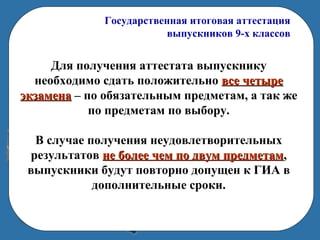 Государственная итоговая аттестация
выпускников 9-х классов
Для получения аттестата выпускнику
необходимо сдать положительно все четыревсе четыре
экзаменаэкзамена – по обязательным предметам, а так же
по предметам по выбору.
В случае получения неудовлетворительных
результатов не более чем по двум предметамне более чем по двум предметам,
выпускники будут повторно допущен к ГИА в
дополнительные сроки.
 