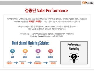 디지털마케팅은 급변하고있으므로 Data-Driven-Marketing인사이트를통해 광고목적(회사및상품브랜딩,매출증대)
극대화에초점을맞춘 이디지털시장의가장HOT한키워드로떠오르고있습니다.
퍼포먼스마케팅의가장큰목적은UAC(UserAcquisitionCost,이용자유입비용)를낮추고
더큰Lead를생성하도록 잠재고객생성하는데있습니다.
투비스토리는디지털마케팅플랫폼전문컨설턴트가KPI를달성하기위해최적의
MarketingPlanning과Creativeidea를제공합니다.
 