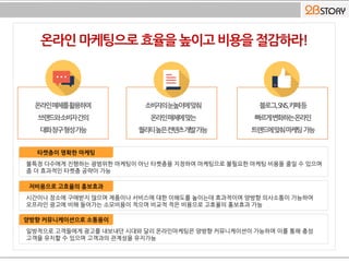 타켓층이 명확한 마케팅
불특정 다수에게 진행하는 광범위한 마케팅이 아닌 타켓층을 지정하여 마케팅으로 불필요한 마케팅 비용을 줄일 수 있으며
좀 더 효과적인 타켓층 공략이 가능
저비용으로 고효율의 홍보효과
시간이나 장소에 구애받지 않으며 제품이나 서비스에 대한 이해도를 높이는데 효과적이며 양방향 의사소통이 가능하여
오프라인 광고에 비해 들어가는 소모비용이 적으며 비교적 적은 비용으로 고효율의 홍보효과 가능
양방향 커뮤니케이션으로 소통용이
일방적으로 고객들에게 광고를 내보내던 시대와 달리 온라인마케팅은 양방향 커뮤니케이션이 가능하며 이를 통해 충성
고객을 유치할 수 있으며 고객과의 관계성을 유지가능
 