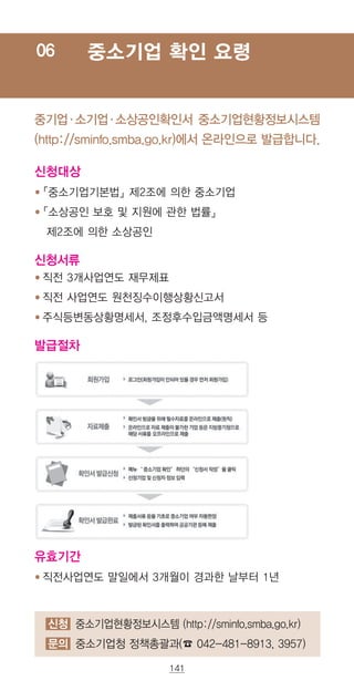 141
신청 중소기업현황정보시스템 (http://sminfo.smba.go.kr)
문의 중소기업청 정책총괄과(☎ 042-481-8913, 3957)
중소기업 확인 요령06
중기업·소기업·소상공인확인서 중소기업현황정보시스템
(http://sminfo.smba.go.kr)에서 온라인으로 발급합니다.
신청대상
● ‌‌「중소기업기본법」제2조에 의한 중소기업
●「소상공인 보호 및 지원에 관한 법률」
제2조에 의한 소상공인
신청서류
● ‌‌직전 3개사업연도 재무제표
● ‌‌직전 사업연도 원천징수이행상황신고서
● ‌‌주식등변동상황명세서, 조정후수입금액명세서 등
발급절차
유효기간
● ‌‌직전사업연도 말일에서 3개월이 경과한 날부터 1년
 