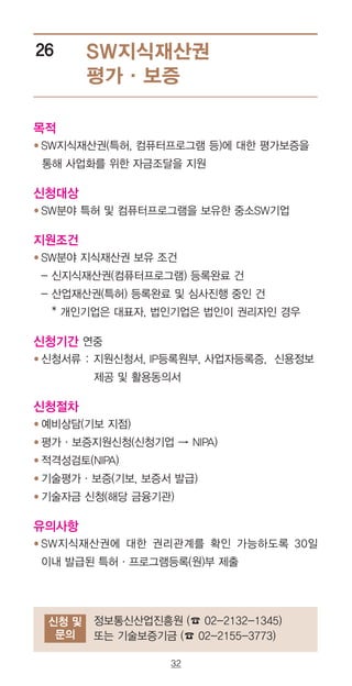 32
SW지식재산권
평가·보증
26
신청 및
문의
정보통신산업진흥원 (☎ 02-2132-1345)
또는 기술보증기금 (☎ 02-2155-3773)
목적
● SW지식재산권(특허, 컴퓨터프로그램 등)에 대한 평가보증을
통해 사업화를 위한 자금조달을 지원
신청대상
● SW분야 특허 및 컴퓨터프로그램을 보유한 중소SW기업
지원조건
● SW분야 지식재산권 보유 조건
- 신지식재산권(컴퓨터프로그램) 등록완료 건
- 산업재산권(특허) 등록완료 및 심사진행 중인 건
* 개인기업은 대표자, 법인기업은 법인이 권리자인 경우
신청기간 연중
● 신청서류 : 지원신청서, IP등록원부, 사업자등록증, 신용정보
제공 및 활용동의서
신청절차
● 예비상담(기보 지점)
● 평가·보증지원신청(신청기업 → NIPA)
● 적격성검토(NIPA)
● 기술평가·보증(기보, 보증서 발급)
● 기술자금 신청(해당 금융기관)
유의사항
● SW지식재산권에 대한 권리관계를 확인 가능하도록 30일
이내 발급된 특허·프로그램등록(원)부 제출
 