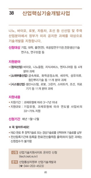 46
산업핵심기술개발사업38
신청대상 기업, 대학, 출연(연), 국공립연구기관,전문생산기술
연구소, 연구조합 등
지원분야
● ‌(창의산업) 바이오, 나노융합, 지식서비스, 엔지니어링 등 4개
분야 과제
● ‌(소재부품산업) 금속재료, 화학공정소재, 세라믹, 섬유의류,
첨단뿌리기술 등 11개 분야 과제
● ‌(시스템산업) 생산시스템, 로봇, 그린카, 스마트카, 조선, 의료
기기 등 11개 분야 과제
지원내용
● 지원기간 : 과제유형에 따라 3~7년 이내
● 지원규모 : ‌기업유형, 과제유형에 따라 연도별 사업비의
33~75% 지원
신청기간 매년 1월~2월
※ ‌꼭 알아두세요!
● ‌RD 완료 후 정액기술료 또는 경상기술료를 선택하여 기술료를 납부
● ‌전산등록기간에 등록을 완료(전산출력증 출력)하지 않은 과제는
신청접수가 불가함
나노, 바이오, 로봇, 자동차, 조선 등 신산업 및 주력
산업분야에서 정부가 미리 공지한 과제를 대상으로
기술개발을 지원합니다.
신청 산업기술지원사이트 온라인 신청
(itech.keit.re.kr)
문의 산업통상자원부 산업기술개발과
(☎ 044-203-4523)
 
