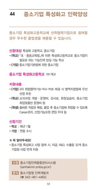 54
중소기업 특성화고 인력양성44
신청대상 특성화 고등학교, 중소기업
● ‌(학교) 「초·중등교육법」에 따른 특성화고등학교로 중소기업이
필요로 하는 기능인력 양성 가능 학교
● ‌(기업) 중소기업기본법에 의한 중소기업
중소기업 특성화고등학교 181개교
지원내용
● ‌(기업) 3자 취업협약(기업-학교-학생) 체결 시 병역지정업체 우선
선정 추천
● ‌(학교) 교과과정 개발·운영비, 강사료, 현장실습비, 중소기업
취업맞춤반 운영비 등
● ‌(학생) 올바른 직업관 확립, 졸업 후 중소기업에 취업할 수 있도록
Career관리, 산업기능요원 편입 우대 등
신청기간
● ‌학교 : 매년 1월
● ‌기업 : 연중 수시
※ ‌꼭 알아두세요!
● ‌중소기업 특성화고 사업 참여 시, 자금, RD, 수출등 32개 중소
기업청 사업 연계 지원
중소기업 특성화고등학교에 산학협력기업으로 참여할
경우 우수한 졸업생을 채용할 수 있습니다.
신청 중소기업인력종합관리시스템
(sanhakinin.smba.go.kr)
문의 중소기업청 인력개발과
(☎ 042-481-4465)
 