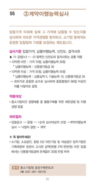 71
③계약이행능력심사55
문의 중소기업청 공공구매판로과
(☎ 042-481-8918)
입찰가격 이외에 실제 그 가격에 납품할 수 있는지를
심사하여 과도한 가격경쟁을 방지하고, 소기업 등에게도
공정한 입찰참여 기회를 보장하는 제도입니다.
심사기준 입찰가격, 납품이행능력, 신인도, 결격사유
♠ 가·감점(+3 ~ -2) 항목인 신인도와 결격사유는 공통 적용
● 10억원 미만 : 가격 70점, 납품이행능력 30점
* 납품이행능력 : 신용평가등급 30
● 10억원 이상 : 가격 55점, 납품이행능력 45점
* 납품이행능력 : 납품실적 5, 기술능력 10, 신용평가등급 30
→ ‌최저가로 응찰한 순으로 심사하여 종합평점이 88점 이상인
자를 낙찰자로 결정
적용대상
● 중소기업자간 경쟁제품 중 물품구매를 위한 제한경쟁 및 지명
경쟁 입찰
처리절차
● ‌입찰공고 → 응찰 → 1순위 심사대상자 선정 →계약이행능력
심사 → 낙찰자 결정 → 계약
※ 꼭 알아두세요!
● ‌소기업, 소상공인, 창업 5년 미만기업 및 개성공단 입주기업은
기획재정부 장관이 고시한 금액(현행 2억1천만원) 미만 입찰
에서는 신용평가등급에 관계없이 30점 만점 부여
 