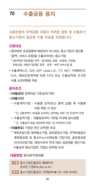 88
수출금융 융자70
시중은행의 무역금융 이용이 어려운 창업 및 수출초기
중소기업이 필요한 수출 자금을 지원합니다.
신청 중소기업진흥공단 홈페이지
온라인 신청(hb.sbc.or.kr)
문의 중소기업진흥공단 지역본부(☎ 02-769-6700)
신청대상
● 융자제외 대상업종에 해당되지 아니하는 중소기업의 생산품
(용역, 서비스 포함)을 수출코자하는 중소기업
* (융자제외 대상업종) 숙박·음식점업, 금융·보험업, 건설업,
부동산업, 자동차 임대업, 법무·회계·세무 서비스업 등
● 수출계약(L/C, D/A, D/P, Local L/C, T/T, M/T, 구매확인서,
O/A, 해외조달계약에 따른 P/O) 또는 수출실적에 근거한
수출 소요비용을 대상
융자조건
● (대출금리) 정책자금 기준금리(기준)
● (대출기간)
- 수출계약기준 : 수출품 선적(또는 용역 납품) 후 수출환
어음 매입 시 정산
* 단, 수출계약이 180일을 초과하는 경우에는 최장 1년 이내까지 인정
- 수출실적기준 : 대출일로부터 180일 이내에 일시상환
* 단, 수출실적 등을 감안하여 최장 1년 이내까지 인정
● (대출한도) 기업당 연간 20억원 이내
* 해외조달시장 참여중소기업, 글로벌강소기업, 무역보험공사
환변동보험 및 중소Plus+단체보험 가입기업, 글로벌성장
사다리선정기업, 해외수요처 연계 RD 성공제품 생산기업,
수출실적 향상기업은 기업당 30억원 이내
대출방법 중진공(직접대출)
 