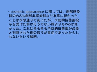 ・cosmetic appearance に関しては、創部感染
群のVASは創部非感染群より有意に低かった
ことは予想通りであったが、予防的抗菌薬投
与を受けた群はそうでない群よりもVASは低
かった。これはそもそも予防的抗菌薬が必要
と判断された創のほうが重症であったかもし
れないという解釈。
 