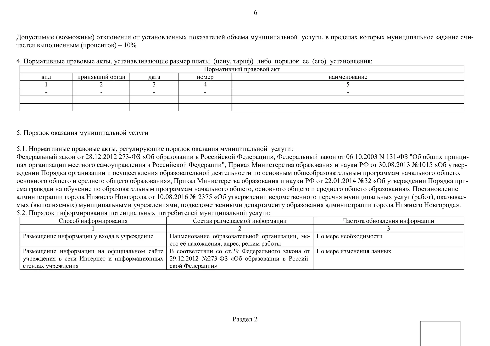 6
Допустимые (возможные) отклонения от установленных показателей объема муниципальной услуги, в пределах которых муниципальное задание счи-
тается выполненным (процентов) – 10%
4. Нормативные правовые акты, устанавливающие размер платы (цену, тариф) либо порядок ее (его) установления:
Нормативный правовой акт
вид принявший орган дата номер наименование
1 2 3 4 5
- - - - -
5. Порядок оказания муниципальной услуги
5.1. Нормативные правовые акты, регулирующие порядок оказания муниципальной услуги:
Федеральный закон от 28.12.2012 273-ФЗ «Об образовании в Российской Федерации», Федеральный закон от 06.10.2003 N 131-ФЗ "Об общих принци-
пах организации местного самоуправления в Российской Федерации", Приказ Министерства образования и науки РФ от 30.08.2013 №1015 «Об утвер-
ждении Порядка организации и осуществления образовательной деятельности по основным общеобразовательным программам начального общего,
основного общего и среднего общего образования», Приказ Министерства образования и науки РФ от 22.01.2014 №32 «Об утверждении Порядка при-
ема граждан на обучение по образовательным программам начального общего, основного общего и среднего общего образования», Постановление
администрации города Нижнего Новгорода от 10.08.2016 № 2375 «Об утверждении ведомственного перечня муниципальных услуг (работ), оказывае-
мых (выполняемых) муниципальными учреждениями, подведомственными департаменту образования администрации города Нижнего Новгорода».
5.2. Порядок информирования потенциальных потребителей муниципальной услуги:
Способ информирования Состав размещаемой информации Частота обновления информации
1 2 3
Размещение информации у входа в учреждение Наименование образовательной организации, ме-
сто её нахождения, адрес, режим работы
По мере необходимости
Размещение информации на официальном сайте
учреждения в сети Интернет и информационных
стендах учреждения
В соответствии со ст.29 Федерального закона от
29.12.2012 №273-ФЗ «Об образовании в Россий-
ской Федерации»
По мере изменения данных
Раздел 2
 
