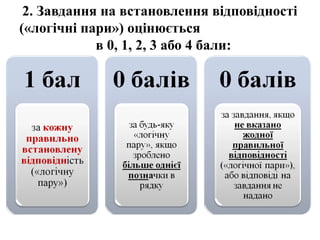 2. Завдання на встановлення відповідності
(«логічні пари») оцінюється
в 0, 1, 2, 3 або 4 бали:
 